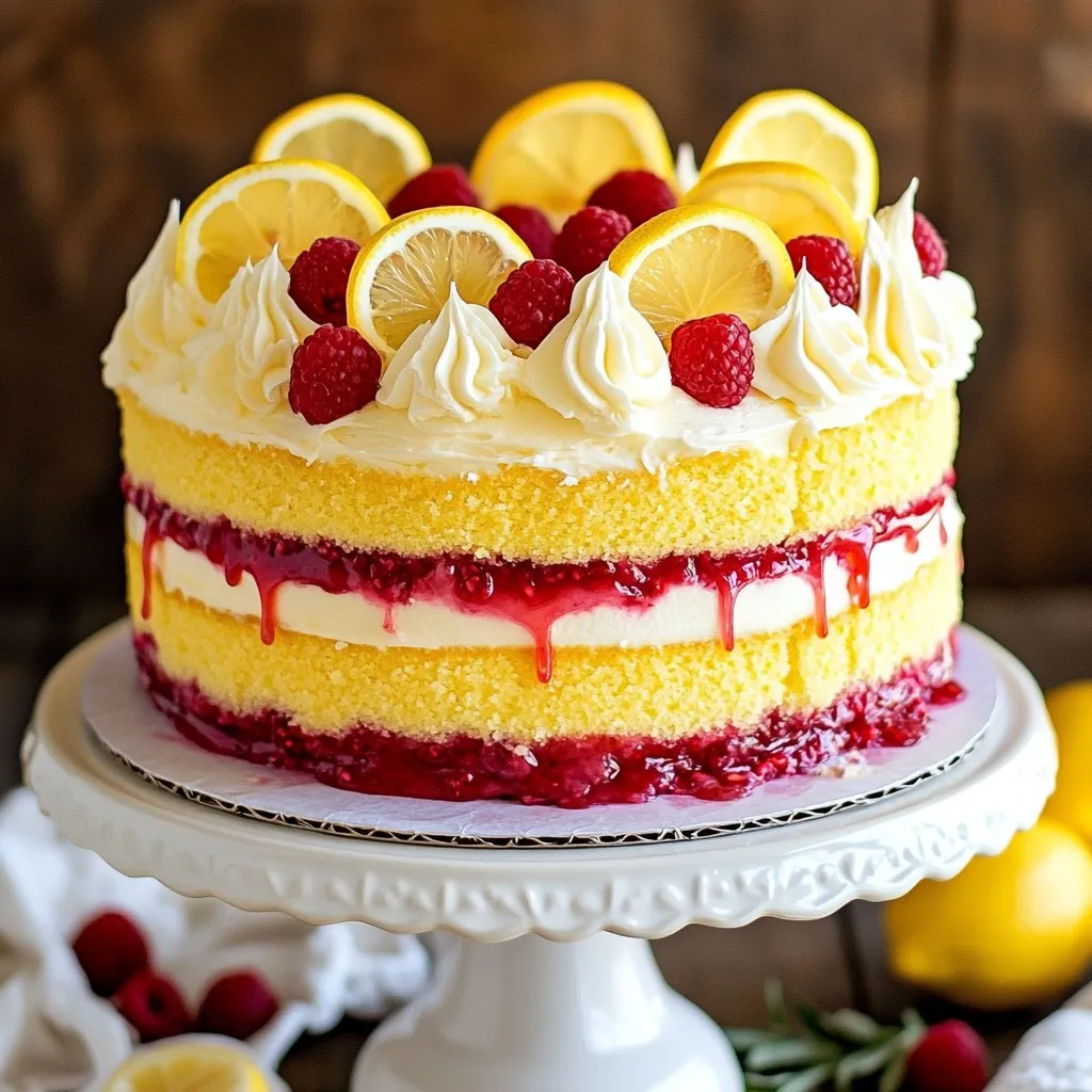 - 2 cups all-purpose flour - 1 ½ cups granulated sugar - 1 tbsp baking powder - ½ tsp salt - ½ cup unsalted butter, softened - 1 cup whole milk - 4 large eggs - Zest of 2 lemons - ¼ cup freshly squeezed lemon juice - 2 cups fresh raspberries - ½ cup granulated sugar - 1 tbsp cornstarch - 1 tbsp lemon juice - 1 cup unsalted butter, softened - 4 cups powdered sugar - 2 tbsp lemon juice - 1 tbsp lemon zest - 1-2 tbsp milk (for consistency) For this Lemon Raspberry Layer Cake, I choose fresh ingredients for the best taste. The cake needs all-purpose flour, sugar, baking powder, salt, and butter. Zesty lemons and creamy milk make the batter bright and rich. Four eggs bind it all together. For the raspberry filling, fresh raspberries add a sweet-tart burst. I mix them with sugar, cornstarch, and lemon juice to thicken and enhance the flavor. The lemon buttercream frosting is a treat of its own. Softened butter blends with powdered sugar, lemon juice, and zest to create a fluffy topping. A bit of milk adjusts the texture as needed. Gathering these ingredients sets you up for a delicious adventure in baking! {{ingredient_image_1}} - Preheat the oven to 350°F (175°C). - Grease and flour three 8-inch round cake pans. This helps the cakes release easily after baking. - In a large bowl, whisk together the flour, sugar, baking powder, and salt. Mix until well combined. - In a separate bowl, cream the softened butter. It should be light and fluffy. - Gradually add the dry mixture to the butter, alternating with the milk. Mix until just combined. - Next, add the eggs one at a time. Mix well after each addition. - Stir in the lemon zest and lemon juice. This creates a smooth and flavorful batter. - Divide the batter evenly among the three prepared pans. Make sure they are level. - Bake for 25-30 minutes. The cakes are done when golden brown and a toothpick comes out clean. - Allow the cakes to cool in the pans for about 10 minutes. Then, transfer them to a wire rack to cool completely. This step is key for a perfect layered cake. To make your Lemon Raspberry Layer Cake shine, start with fresh raspberries. Look for plump, firm berries with a bright color. Avoid any that are mushy or have mold. The flavor is best when they are ripe and in season. When it comes to lemons, choose ones that feel heavy for their size. They should have a bright, shiny skin. The best lemons for zest and juice are also juicy and aromatic. Fresh juice gives your cake a zingy taste, while the zest adds depth. Even baking is key to a great cake. Make sure your oven is preheated to 350°F (175°C) before adding the cake pans. Place the pans in the center of the oven for even heat. Rotate the pans halfway through baking to avoid hot spots. Cooling the cakes properly is just as important. Let them cool in the pans for 10 minutes. Then, transfer them to a wire rack. This step helps prevent soggy bottoms and keeps the texture light. For a perfect lemon buttercream, start with softened butter. Beat it until creamy, then slowly add powdered sugar. Mix in lemon juice, but be careful not to make it too runny. If it feels too thick, add milk one tablespoon at a time. The goal is a spreadable frosting that holds its shape. If it is too soft, add a bit more sugar. If too thick, a little milk will help. Aim for a smooth, fluffy texture that spreads easily on your cake layers. Pro Tips Room Temperature Ingredients: Make sure your butter, eggs, and milk are at room temperature before you begin. This helps create a smoother batter and a lighter cake. Don’t Overmix: When combining the wet and dry ingredients, mix until just combined. Overmixing can lead to a dense cake texture. Check for Doneness: Use a toothpick to check if the cakes are done. If it comes out clean or with a few crumbs, the cakes are ready to be taken out of the oven. Chill the Cake Layers: Allow the cake layers to cool completely before frosting. If you frost warm layers, the frosting can melt and slide off. {{image_2}} You can switch up the flavor of your Lemon Raspberry Layer Cake. Try using different fruits for the filling. Strawberries or blueberries work well. Their sweet and tart notes pair nicely with lemon. You can also experiment with extracts. Vanilla can add warmth. Almond extract adds a nutty twist. Just a few drops can change the cake’s flavor profile. If you need a gluten-free option, use almond or coconut flour instead of all-purpose flour. They give a nice texture while keeping it light. For a vegan version, swap the eggs with flax eggs or applesauce. Use plant-based butter and a non-dairy milk for the frosting. You still get a delicious cake without animal products. Presentation matters! You can use different garnishing techniques. Consider drizzling extra raspberry sauce on the plate. Add edible flowers for a pop of color. For themed decorations, think about the season. In spring or summer, fresh berries and lemon slices look great. You can also use colorful sprinkles for a fun birthday cake. To keep your Lemon Raspberry Layer Cake fresh, store it in the fridge. Wrap the cake slices in plastic wrap. This helps keep the cake moist. You can also place the cake in an airtight container. If you have leftover cake layers, wrap them tightly in plastic wrap. Then, place them in a freezer bag. This way, you can enjoy the cake later without losing flavor. You should eat the leftover cake within three to four days. After this time, the cake may start to lose its taste. Look for signs that the cake has gone bad. If you notice an off smell or mold, it's time to toss it. The cake should always look fresh and smell sweet. If it does not, do not eat it. To keep your cake flat, start by leveling the batter. Use a spatula to spread the batter evenly in the pans. Bake one pan at a time if you have an uneven oven. You can also use baking strips. Soak them in water and wrap them around the pans. This helps cakes bake more evenly. Lastly, don’t open the oven door often. It lets heat escape and can cause doming. Yes, you can use frozen raspberries. Just make sure they are thawed and drained well. Frozen berries may have extra moisture, so you might need to adjust the sugar or cornstarch slightly. This helps keep your filling thick and tasty. Remember, they may not hold their shape as well as fresh ones, but they still taste great! If you need a butter substitute, try using coconut oil or margarine. These options work well for a creamy texture. You can also use shortening if you want a stable frosting. Just remember, the flavor may change a bit. You can add a touch of vanilla or lemon zest to make it taste great! This post covered everything you need to make a delicious lemon raspberry cake. We explored the key ingredients for the cake, filling, and frosting. You learned step-by-step instructions to bake it perfectly and got helpful tips to ensure success. Plus, we discussed fun variations and safe storage methods. Baking is both fun and rewarding. Experiment with flavors and enjoy the process. I hope you create a cake that brings joy to your table!