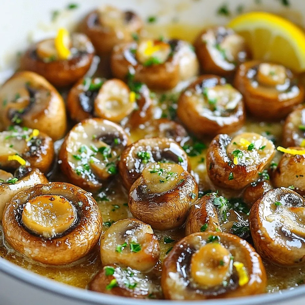 To make a Garlic Butter Mushroom Skillet, you need a few simple, fresh ingredients. Here’s what you will need: - 1 lb (450g) cremini mushrooms, cleaned and sliced - 4 tablespoons unsalted butter - 4 cloves garlic, minced - 1 tablespoon fresh thyme leaves (or 1 teaspoon dried thyme) - 1 teaspoon soy sauce - Salt and pepper to taste - 1 tablespoon fresh parsley, chopped (for garnish) - Zest of 1 lemon - Optional: ¼ cup grated Parmesan cheese Each ingredient adds its own flair to the dish. The cremini mushrooms give a rich, earthy taste. The unsalted butter makes it creamy and smooth. Garlic brings a strong aroma and flavor. Thyme complements the mushrooms well. Soy sauce adds a nice umami kick. Salt and pepper are key for seasoning. Lemon zest brightens the dish, making it fresh. If you love cheese, Parmesan adds a delightful creaminess. Finding high-quality ingredients will greatly enhance your dish. Always choose fresh mushrooms and herbs for the best flavor. If you want to make it feel special, consider using organic butter and cheese. This simple dish can impress anyone with its full flavor profile. {{ingredient_image_1}} Start by taking a large skillet. Place it on medium heat. Add 4 tablespoons of unsalted butter to the skillet. Wait until the butter melts and becomes bubbly. Be careful not to let it brown. This step creates a rich base for your dish. Once the butter is ready, add 1 pound of cleaned and sliced cremini mushrooms. Make sure to lay them in a single layer. This helps them cook evenly. Sauté the mushrooms for about 5 to 7 minutes. Look for them to turn golden brown and release their moisture. This brings out their deep flavor. Next, reduce the heat to medium-low. Add 4 cloves of minced garlic and 1 tablespoon of fresh thyme leaves. Stir them into the mushrooms. Sauté for 1 to 2 more minutes. You want the garlic to smell nice but not burn. This adds a fragrant note to your dish. Now it's time to season your mushrooms. Drizzle 1 teaspoon of soy sauce over the mix. This adds a nice umami flavor. Then, sprinkle salt and pepper to taste. Stir everything well to ensure the mushrooms are coated evenly. This step enhances the overall taste. To finish, add the zest of one lemon. This gives a bright, fresh flavor. Stir it in well. If you want a creamy touch, sprinkle in ¼ cup of grated Parmesan cheese at this stage. Mix until it's melted and creamy. This adds richness that complements the mushrooms. Finally, remove the skillet from heat. Sprinkle 1 tablespoon of chopped fresh parsley on top. This adds color and freshness. You can serve the dish right in the skillet for a rustic look. Pair it with crusty bread or pasta for a complete meal. Enjoy the savory goodness of your garlic butter mushrooms! Ensuring Even Cooking To cook mushrooms well, keep them in a single layer. If they overlap, they steam instead of sautéing. This can lead to mushy mushrooms. Stir them gently as they cook. This helps them brown nicely. Choosing the Right Pan A wide skillet is best for this dish. A larger pan gives mushrooms room to spread. Use a pan that heats evenly. This makes sure each mushroom gets that nice golden color. Adding Additional Herbs You can try fresh rosemary or oregano for a twist. These herbs add depth to the dish. Just add them when you add the thyme. This way, they blend well as they cook. Alternative Seasoning Suggestions For a richer taste, add balsamic vinegar. A splash can enhance the flavors. You could also use garlic powder for more garlic flavor. Experiment to find what you like best! Pairing with Other Dishes These mushrooms work great with steak or chicken. They also go well over pasta or rice. You can serve them as a side dish or a main course. Rustic Presentation Ideas For a cozy look, serve the mushrooms in the skillet. You can also transfer them to a wooden board. Add some crusty bread or a fresh salad for a full meal. Garnish with lemon slices for a bright touch. Pro Tips Choose Fresh Mushrooms: Always opt for fresh, firm cremini mushrooms for the best flavor and texture. Avoid any that are slimy or have dark spots. Control the Heat: Keep the heat at medium to allow the mushrooms to brown properly without burning the garlic. This will enhance the overall flavor. Experiment with Herbs: Feel free to mix and match herbs. Fresh rosemary or oregano can add a wonderful twist to the dish. Serve Immediately: This dish is best enjoyed fresh off the stove. Serve it right away to savor the garlicky goodness and the perfect texture of the mushrooms. {{image_2}} You can easily make this dish even better. Adding spinach or kale gives it more color and nutrients. When the mushrooms are almost done, toss in a handful of fresh spinach or chopped kale. Cook until they wilt, about 2-3 minutes. You’ll love the extra flavor and health boost! Want a richer taste? Try incorporating heavy cream. After adding the garlic and thyme, pour in ½ cup of heavy cream. Stir until it thickens. This makes the dish creamy and delightful. You can also use different cheeses. Parmesan adds a nice touch, but you can try goat cheese or mozzarella too. Just sprinkle them in at the end for that melty goodness. For a fun change, go for an Asian-inspired twist. Adding ginger or sesame oil can turn this dish into something new. Try grating a small piece of ginger and adding it with the garlic. A splash of sesame oil at the end gives a nice finish. This adds a unique flavor and makes the dish exciting! Store your garlic butter mushrooms in an airtight container. Let them cool first. Place them in the fridge within two hours of cooking. They can stay fresh for about three days. When you store them, keep them away from strong-smelling foods. This prevents them from absorbing unwanted flavors. To reheat, use a skillet over medium heat. Add a bit of butter to help maintain texture. Stir gently as they warm up. This helps keep the mushrooms tender and flavorful. Avoid high heat, as it can make them rubbery. You can also microwave them in a covered dish for about one to two minutes. If you want to save them for longer, freezing is a great option. Place cooled mushrooms in a freezer-safe bag or container. Remove as much air as you can before sealing. They can last up to three months. To use, thaw them in the fridge overnight. Reheat them as mentioned above for best results. If you can't find mushrooms, use zucchini or eggplant. Both absorb flavors well. You can also try cauliflower or even tofu for a different texture. Each will bring its own taste, but still pair nicely with garlic and butter. Yes, you can easily make this dish vegan. Replace the butter with vegan butter or olive oil. Skip the cheese or use a vegan cheese alternative. This keeps the rich flavor while making it plant-based. Look for a golden brown color. Mushrooms should shrink and lose moisture. When they are tender and fragrant, they are ready. This usually takes about five to seven minutes of cooking. These mushrooms pair well with many dishes. Serve them over pasta or rice for a filling meal. They go great with crusty bread for dipping. You can also use them as a savory topping for steaks or chicken. Leftovers stay fresh for about three to four days in the fridge. Store them in an airtight container. Reheat them on the stove or in the microwave until warm. Enjoy the flavors again! This post guides you through making a delicious garlic butter mushroom dish. We covered ingredients, step-by-step instructions, and helpful tips to enhance your cooking. Whether you want vegetarian options or plan to store leftovers, there's something for everyone. Remember, cooking is about creativity. Feel free to experiment with flavors and find what you enjoy most. Let these garlic butter mushrooms be a wonderful addition to your meals. Now, get cooking and enjoy every bite!