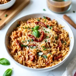 To make Creamy Sun-Dried Tomato Orzo, gather these simple ingredients: - 1 cup orzo pasta - 2 cups vegetable broth - 1 cup heavy cream - 1/2 cup sun-dried tomatoes, chopped - 1/2 cup Parmesan cheese, grated - 3 cloves garlic, minced - 1 teaspoon dried basil - 1 teaspoon dried oregano - 2 tablespoons olive oil - Salt and pepper to taste - Fresh basil leaves for garnish You can switch out some ingredients if needed: - For a lighter version, use half-and-half instead of heavy cream. - If you lack sun-dried tomatoes, fresh cherry tomatoes work well. Just roast them first. - Use any cheese you like instead of Parmesan, such as feta or goat cheese. - For a vegan option, replace heavy cream with coconut milk and cheese with nutritional yeast. Selecting fresh ingredients is key for flavor: - Look for orzo pasta that is not broken and is in a sealed package. - Choose vegetable broth that is low-sodium, which allows better control of salt. - Fresh garlic should be firm and have no sprouts. - Pick sun-dried tomatoes that are plump and not too dry. - When selecting basil, smell the leaves. They should smell strong and fresh. Using fresh ingredients makes your Creamy Sun-Dried Tomato Orzo taste amazing! {{ingredient_image_1}} 1. Gather all your ingredients. You will need: - 1 cup orzo pasta - 2 cups vegetable broth - 1 cup heavy cream - 1/2 cup sun-dried tomatoes, chopped - 1/2 cup Parmesan cheese, grated - 3 cloves garlic, minced - 1 teaspoon dried basil - 1 teaspoon dried oregano - 2 tablespoons olive oil - Salt and pepper to taste - Fresh basil leaves for garnish 2. Measure out the orzo pasta and chop the sun-dried tomatoes. Mince the garlic. 3. Set aside your broth and cream. This keeps things organized. 1. Heat a large skillet over medium heat. Add the olive oil. 2. Add the minced garlic to the skillet. Sauté for about 1 minute. You want it fragrant, not browned. 3. Stir in the chopped sun-dried tomatoes. Cook for another 2 minutes. This brings out their rich flavor. 4. Add the orzo pasta to the skillet. Toast it lightly for about 2 minutes. Stir continuously to prevent sticking. 5. Pour in the vegetable broth. Bring it to a boil. 6. Once boiling, reduce the heat to low. Let it simmer. Stir occasionally until the orzo is cooked al dente, about 8-10 minutes. 7. When the broth is mostly absorbed, lower the heat. Stir in the heavy cream, Parmesan cheese, dried basil, oregano, salt, and pepper. Mix well until the cheese melts and the sauce becomes creamy. 8. Cook for another 2-3 minutes. This heats everything through. Adjust salt and pepper to taste. 9. Remove from heat. Let it rest for a couple of minutes. This helps it thicken slightly. 1. Serve the orzo warm. It’s perfect as a main dish or a side. 2. Garnish with fresh basil leaves on top. This adds a nice touch. 3. Pair it with a light salad or crusty bread for a complete meal. Enjoy! To boost the taste of your Creamy Sun-Dried Tomato Orzo, try using fresh herbs. Fresh basil adds a bright note. You can also mix in chopped parsley or thyme for depth. Adding a splash of lemon juice gives a nice zing. It balances the creaminess well. For extra umami, consider adding some anchovies or a dash of soy sauce. These small tweaks can make a big difference in flavor. One common mistake is overcooking the orzo. Keep an eye on it and taste for doneness. You want it al dente, not mushy. Another pitfall is not seasoning enough. Always taste as you go and adjust with salt and pepper. Lastly, avoid adding the cream too early. Let the broth absorb before mixing in the cream for the best texture. To achieve a creamy texture, stir continuously after adding the cream and cheese. This helps blend everything smoothly. If the sauce is too thick, add a bit more vegetable broth or cream. For a richer flavor, let the dish rest for a few minutes after cooking. This allows the flavors to meld perfectly. Lastly, garnish with fresh basil leaves right before serving for a lovely touch. Pro Tips Use Quality Sun-Dried Tomatoes: Opt for oil-packed sun-dried tomatoes for enhanced flavor and creaminess in your dish. Adjust the Creaminess: If you prefer a lighter version, reduce the amount of heavy cream or substitute with half-and-half. Enhance with Fresh Herbs: Fresh basil or parsley can be added just before serving for a burst of freshness. Make it a Meal: Add cooked chicken, shrimp, or spinach to elevate this dish into a complete meal. {{image_2}} You can easily make this dish vegetarian. The recipe already uses vegetable broth. For more veggies, add spinach or zucchini. Sauté them with garlic for great flavor. You can also use roasted bell peppers for sweetness. These add color and nutrients too. If you want to add protein, chicken or shrimp works well. Cook chicken in the skillet until golden. Then, add the garlic and sun-dried tomatoes. For shrimp, add them when the orzo is almost done. They cook quickly and add a nice touch. Both options will make your meal more filling. For a gluten-free version, swap the orzo with gluten-free pasta. Many brands offer great options that cook similarly. Just check the cooking time, as it might differ. You can also use quinoa for a healthy twist. It’s packed with protein and has a nice texture. To store leftover creamy sun-dried tomato orzo, let it cool first. Place it in an airtight container. This keeps it fresh for up to three days in the fridge. Make sure you cover it well to prevent drying out. When you are ready to enjoy your leftovers, you can reheat them in a skillet or microwave. If using a skillet, add a splash of vegetable broth or cream. Heat it over medium heat, stirring often. In the microwave, cover the dish and heat in short bursts, stirring in between. This helps to warm it evenly. You can freeze creamy sun-dried tomato orzo for up to three months. First, let it cool completely. Then, place it in a freezer-safe container. You can also use freezer bags, squeezing out the air before sealing. When you're ready to eat, thaw it overnight in the fridge before reheating. Orzo pasta looks like rice but is small pasta. It cooks fast and has a nice, chewy texture. You can use orzo in salads, soups, or main dishes. In my Creamy Sun-Dried Tomato Orzo, it absorbs flavors well. This makes it a perfect base for creamy sauces. Yes, you can prepare this dish ahead of time. Cook the orzo and sauce as directed. Then, let it cool down before storing. Place it in an airtight container in the fridge. It will stay fresh for about three days. When you’re ready to eat, just reheat it gently on the stove. You may need to add a splash of broth or cream to revive the sauce. To make Creamy Sun-Dried Tomato Orzo vegan, swap a few ingredients. Use plant-based cream instead of heavy cream. You can find many options like coconut or almond cream. For cheese, use a vegan Parmesan or nutritional yeast for a cheesy flavor. The rest of the recipe stays the same. You’ll still enjoy a creamy, rich dish that everyone will love. In this blog post, we explored key aspects of making Creamy Sun-Dried Tomato Orzo. We covered essential ingredients, detailed cooking steps, and practical tips to enhance the dish. You learned how to choose fresh ingredients and avoid common mistakes. We discussed variations to fit different diets and how to store leftovers. Remember, experimenting is part of cooking. Enjoy making this dish your own!
