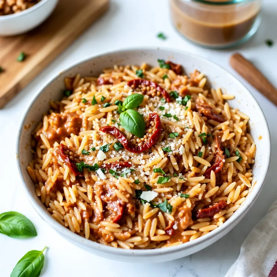 To make Creamy Sun-Dried Tomato Orzo, gather these simple ingredients: - 1 cup orzo pasta - 2 cups vegetable broth - 1 cup heavy cream - 1/2 cup sun-dried tomatoes, chopped - 1/2 cup Parmesan cheese, grated - 3 cloves garlic, minced - 1 teaspoon dried basil - 1 teaspoon dried oregano - 2 tablespoons olive oil - Salt and pepper to taste - Fresh basil leaves for garnish You can switch out some ingredients if needed: - For a lighter version, use half-and-half instead of heavy cream. - If you lack sun-dried tomatoes, fresh cherry tomatoes work well. Just roast them first. - Use any cheese you like instead of Parmesan, such as feta or goat cheese. - For a vegan option, replace heavy cream with coconut milk and cheese with nutritional yeast. Selecting fresh ingredients is key for flavor: - Look for orzo pasta that is not broken and is in a sealed package. - Choose vegetable broth that is low-sodium, which allows better control of salt. - Fresh garlic should be firm and have no sprouts. - Pick sun-dried tomatoes that are plump and not too dry. - When selecting basil, smell the leaves. They should smell strong and fresh. Using fresh ingredients makes your Creamy Sun-Dried Tomato Orzo taste amazing! {{ingredient_image_1}} 1. Gather all your ingredients. You will need: - 1 cup orzo pasta - 2 cups vegetable broth - 1 cup heavy cream - 1/2 cup sun-dried tomatoes, chopped - 1/2 cup Parmesan cheese, grated - 3 cloves garlic, minced - 1 teaspoon dried basil - 1 teaspoon dried oregano - 2 tablespoons olive oil - Salt and pepper to taste - Fresh basil leaves for garnish 2. Measure out the orzo pasta and chop the sun-dried tomatoes. Mince the garlic. 3. Set aside your broth and cream. This keeps things organized. 1. Heat a large skillet over medium heat. Add the olive oil. 2. Add the minced garlic to the skillet. Sauté for about 1 minute. You want it fragrant, not browned. 3. Stir in the chopped sun-dried tomatoes. Cook for another 2 minutes. This brings out their rich flavor. 4. Add the orzo pasta to the skillet. Toast it lightly for about 2 minutes. Stir continuously to prevent sticking. 5. Pour in the vegetable broth. Bring it to a boil. 6. Once boiling, reduce the heat to low. Let it simmer. Stir occasionally until the orzo is cooked al dente, about 8-10 minutes. 7. When the broth is mostly absorbed, lower the heat. Stir in the heavy cream, Parmesan cheese, dried basil, oregano, salt, and pepper. Mix well until the cheese melts and the sauce becomes creamy. 8. Cook for another 2-3 minutes. This heats everything through. Adjust salt and pepper to taste. 9. Remove from heat. Let it rest for a couple of minutes. This helps it thicken slightly. 1. Serve the orzo warm. It’s perfect as a main dish or a side. 2. Garnish with fresh basil leaves on top. This adds a nice touch. 3. Pair it with a light salad or crusty bread for a complete meal. Enjoy! To boost the taste of your Creamy Sun-Dried Tomato Orzo, try using fresh herbs. Fresh basil adds a bright note. You can also mix in chopped parsley or thyme for depth. Adding a splash of lemon juice gives a nice zing. It balances the creaminess well. For extra umami, consider adding some anchovies or a dash of soy sauce. These small tweaks can make a big difference in flavor. One common mistake is overcooking the orzo. Keep an eye on it and taste for doneness. You want it al dente, not mushy. Another pitfall is not seasoning enough. Always taste as you go and adjust with salt and pepper. Lastly, avoid adding the cream too early. Let the broth absorb before mixing in the cream for the best texture. To achieve a creamy texture, stir continuously after adding the cream and cheese. This helps blend everything smoothly. If the sauce is too thick, add a bit more vegetable broth or cream. For a richer flavor, let the dish rest for a few minutes after cooking. This allows the flavors to meld perfectly. Lastly, garnish with fresh basil leaves right before serving for a lovely touch. Pro Tips Use Quality Sun-Dried Tomatoes: Opt for oil-packed sun-dried tomatoes for enhanced flavor and creaminess in your dish. Adjust the Creaminess: If you prefer a lighter version, reduce the amount of heavy cream or substitute with half-and-half. Enhance with Fresh Herbs: Fresh basil or parsley can be added just before serving for a burst of freshness. Make it a Meal: Add cooked chicken, shrimp, or spinach to elevate this dish into a complete meal. {{image_2}} You can easily make this dish vegetarian. The recipe already uses vegetable broth. For more veggies, add spinach or zucchini. Sauté them with garlic for great flavor. You can also use roasted bell peppers for sweetness. These add color and nutrients too. If you want to add protein, chicken or shrimp works well. Cook chicken in the skillet until golden. Then, add the garlic and sun-dried tomatoes. For shrimp, add them when the orzo is almost done. They cook quickly and add a nice touch. Both options will make your meal more filling. For a gluten-free version, swap the orzo with gluten-free pasta. Many brands offer great options that cook similarly. Just check the cooking time, as it might differ. You can also use quinoa for a healthy twist. It’s packed with protein and has a nice texture. To store leftover creamy sun-dried tomato orzo, let it cool first. Place it in an airtight container. This keeps it fresh for up to three days in the fridge. Make sure you cover it well to prevent drying out. When you are ready to enjoy your leftovers, you can reheat them in a skillet or microwave. If using a skillet, add a splash of vegetable broth or cream. Heat it over medium heat, stirring often. In the microwave, cover the dish and heat in short bursts, stirring in between. This helps to warm it evenly. You can freeze creamy sun-dried tomato orzo for up to three months. First, let it cool completely. Then, place it in a freezer-safe container. You can also use freezer bags, squeezing out the air before sealing. When you're ready to eat, thaw it overnight in the fridge before reheating. Orzo pasta looks like rice but is small pasta. It cooks fast and has a nice, chewy texture. You can use orzo in salads, soups, or main dishes. In my Creamy Sun-Dried Tomato Orzo, it absorbs flavors well. This makes it a perfect base for creamy sauces. Yes, you can prepare this dish ahead of time. Cook the orzo and sauce as directed. Then, let it cool down before storing. Place it in an airtight container in the fridge. It will stay fresh for about three days. When you’re ready to eat, just reheat it gently on the stove. You may need to add a splash of broth or cream to revive the sauce. To make Creamy Sun-Dried Tomato Orzo vegan, swap a few ingredients. Use plant-based cream instead of heavy cream. You can find many options like coconut or almond cream. For cheese, use a vegan Parmesan or nutritional yeast for a cheesy flavor. The rest of the recipe stays the same. You’ll still enjoy a creamy, rich dish that everyone will love. In this blog post, we explored key aspects of making Creamy Sun-Dried Tomato Orzo. We covered essential ingredients, detailed cooking steps, and practical tips to enhance the dish. You learned how to choose fresh ingredients and avoid common mistakes. We discussed variations to fit different diets and how to store leftovers. Remember, experimenting is part of cooking. Enjoy making this dish your own!