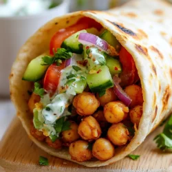 To make Greek Chickpea Vegan Gyros, you need simple and fresh ingredients. Here’s what you’ll need: - 1 can (15 oz) chickpeas, drained and rinsed - 2 tablespoons olive oil - 1 teaspoon dried oregano - 1 teaspoon garlic powder - ½ teaspoon onion powder - ½ teaspoon smoked paprika - Salt and pepper to taste - 4 whole wheat pita bread or wraps - 1 medium cucumber, diced - 1 medium tomato, diced - ½ red onion, thinly sliced - ½ cup vegan tzatziki sauce (store-bought or homemade) - Fresh parsley or mint leaves for garnish Each ingredient plays a role in creating a tasty and satisfying meal. The chickpeas give protein and texture. Olive oil adds richness and helps the spices stick. Dried oregano, garlic powder, onion powder, and smoked paprika give flavor and depth. The fresh veggies add crunch and brightness. Vegan tzatziki sauce brings creaminess and tang. Lastly, garnishes like parsley or mint add a fresh touch. Gather these items before you start cooking. It makes the process smoother and more enjoyable. You can find most of these ingredients at your local grocery store. Now, let's create a meal that tastes great and is easy to make! {{ingredient_image_1}} Mashing Technique Start with a can of chickpeas. Drain and rinse them well. In a medium bowl, use a fork or potato masher to lightly mash the chickpeas. You want them slightly broken but still chunky. This adds texture and keeps the gyros interesting. Mixing Ingredients Once mashed, add in the olive oil, dried oregano, garlic powder, onion powder, smoked paprika, salt, and pepper. Mix well until all the chickpeas are coated with the spices. This step is key for flavor, so make sure everything is blended nicely. Recommended Equipment Use a non-stick skillet for cooking. It helps to keep the chickpeas from sticking and allows them to crisp up nicely. If you don’t have one, a regular skillet will work too, just watch the heat. Cooking Time and Tips Heat the skillet over medium heat. Add the chickpea mixture and cook for 5 to 7 minutes. Stir occasionally to ensure even cooking. You want them heated through and slightly crispy on the outside for that perfect bite. Layering Ingredients Take your warmed pita bread or wraps. Spread a generous amount of vegan tzatziki sauce on each one. Top with the cooked chickpeas, diced cucumber, diced tomato, and sliced red onion. The layers create a burst of flavors in every bite. Serving Suggestions Garnish with freshly chopped parsley or mint leaves for extra flavor. Fold the pita over to create a wrap. Serve immediately for the best taste. You can also wrap them in parchment paper for a fun, rustic touch. Enjoy your homemade Greek Chickpea Vegan Gyros! To get crispy chickpeas, start by draining and rinsing them well. This step keeps the moisture out. Use a fork or potato masher to lightly mash the chickpeas. You want them broken but not pureed. This keeps some texture. When cooking, heat a non-stick skillet over medium heat. Add the chickpea mixture and cook for 5-7 minutes. Stir often for even cooking. The goal is a nice crisp on the outside. If you want extra crunch, try adding a bit more olive oil while cooking. A great spice mix can elevate your gyros. Besides the basic seasoning, think about adding cumin for warmth or coriander for brightness. You can even mix in a pinch of cayenne for heat. Feel free to get creative! Try adding lemon zest to brighten up the flavors. It brings a fresh taste that pairs well with the chickpeas. Experiment until you find your perfect blend. How you serve your gyros can make them look even more tasty. Wrap them in parchment paper for a casual vibe. It’s perfect for a picnic or a dinner at home. You can also serve the gyros with a small bowl of extra tzatziki sauce for dipping. It adds a fun interactive element. Don’t forget to garnish with fresh parsley or mint. A pop of green makes the dish more inviting. Pro Tips Use Fresh Herbs: Fresh parsley or mint can elevate the flavors of your gyros significantly. Consider adding a mix of both for a more aromatic experience. Customize Your Tzatziki: If you have time, make your own tzatziki sauce with grated cucumber, vegan yogurt, garlic, and a splash of lemon juice for a fresher taste. Experiment with Spices: Feel free to adjust the spices in the chickpea mixture to your liking. Adding a pinch of cayenne pepper can give it a nice kick! Make it a Meal Prep: The chickpea mixture can be prepared in advance and stored in the fridge for up to 3 days, making it a convenient option for quick meals. {{image_2}} You can swap chickpeas for other legumes. Lentils or white beans work well here. They offer a great taste and texture. With lentils, the cooking time may change slightly. Use cooked lentils, about 1.5 cups, instead of chickpeas. With white beans, use the same amount as chickpeas. They add a creamy feel and complement the spices. Toppings add freshness and crunch. You can use fresh herbs like dill, cilantro, or chives. They boost flavor and nutrition. For veggies, try bell peppers, radishes, or shredded carrots. These colorful toppings make your gyros pop. You can mix and match to suit your taste. Tzatziki adds a cool touch to gyros. You can make it at home easily. Mix yogurt, grated cucumber, garlic, and lemon juice for a quick version. Or, blend store-bought yogurt with herbs. If you want a dairy-free option, use coconut yogurt. This works great and keeps the dish vegan. Store-bought tzatziki is also fine if you’re short on time. Just check the label for vegan options. After enjoying your Greek Chickpea Vegan Gyros, you may have some leftovers. Store the cooked chickpea mixture in an airtight container. Keep it in the fridge for up to three days. Make sure to let it cool first. If you store it warm, it can create moisture and spoil faster. Want to save your gyros for later? You can freeze the chickpea mixture. Just place it in a freezer-safe container. It will last for about three months. When you’re ready to eat, thaw it overnight in the fridge. This keeps the texture and flavor fresh. To reheat, you have a few options. You can use a skillet on the stove. Heat it over medium heat for around 5 minutes, stirring often. This helps keep the chickpeas tasty and slightly crispy. You can also use a microwave. Heat it in short bursts of 30 seconds, stirring in between. Just be careful not to overcook! Enjoy your gyros warm, just like when you first made them. Yes, you can prep the chickpeas ahead. Store the cooked chickpea mixture in the fridge for up to two days. Warm it before serving. You can also slice the veggies in advance. Just keep them in a sealed container in the fridge. Warm the pita bread right before you assemble the gyros. This dish pairs well with several sides. Here are some ideas: - Greek salad with olives and feta - Roasted vegetables with olive oil - Crispy potato wedges with herbs - Hummus served with pita chips - A light lemon orzo salad No, the standard pita bread is not gluten-free. However, you can easily make it gluten-free. Look for gluten-free pita options at your store. You can also use lettuce wraps for a low-carb version. - Gluten-free pita bread - Lettuce leaves for wraps - Corn tortillas as a swap Yes, you can use dried chickpeas. You'll need to soak and cook them first. This adds some time, but it can enhance flavor. 1. Soak dried chickpeas overnight in water. 2. Drain and rinse them. 3. Boil them for about 1-2 hours until tender. 4. Follow the same steps for mashing and seasoning. In this blog post, we covered how to make Greek chickpea vegan gyros. We started with ingredient lists, focusing on chickpeas, spices, and fresh veggies. I shared simple steps for preparation and cooking. You learned tips to perfect texture and enhance flavor. We discussed variations, storage methods, and answers to common questions. Now, you have the tools to create tasty gyros at home. Try different ingredients and enjoy your cooking journey!