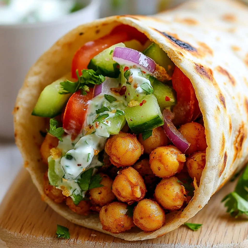To make Greek Chickpea Vegan Gyros, you need simple and fresh ingredients. Here’s what you’ll need: - 1 can (15 oz) chickpeas, drained and rinsed - 2 tablespoons olive oil - 1 teaspoon dried oregano - 1 teaspoon garlic powder - ½ teaspoon onion powder - ½ teaspoon smoked paprika - Salt and pepper to taste - 4 whole wheat pita bread or wraps - 1 medium cucumber, diced - 1 medium tomato, diced - ½ red onion, thinly sliced - ½ cup vegan tzatziki sauce (store-bought or homemade) - Fresh parsley or mint leaves for garnish Each ingredient plays a role in creating a tasty and satisfying meal. The chickpeas give protein and texture. Olive oil adds richness and helps the spices stick. Dried oregano, garlic powder, onion powder, and smoked paprika give flavor and depth. The fresh veggies add crunch and brightness. Vegan tzatziki sauce brings creaminess and tang. Lastly, garnishes like parsley or mint add a fresh touch. Gather these items before you start cooking. It makes the process smoother and more enjoyable. You can find most of these ingredients at your local grocery store. Now, let's create a meal that tastes great and is easy to make! {{ingredient_image_1}} Mashing Technique Start with a can of chickpeas. Drain and rinse them well. In a medium bowl, use a fork or potato masher to lightly mash the chickpeas. You want them slightly broken but still chunky. This adds texture and keeps the gyros interesting. Mixing Ingredients Once mashed, add in the olive oil, dried oregano, garlic powder, onion powder, smoked paprika, salt, and pepper. Mix well until all the chickpeas are coated with the spices. This step is key for flavor, so make sure everything is blended nicely. Recommended Equipment Use a non-stick skillet for cooking. It helps to keep the chickpeas from sticking and allows them to crisp up nicely. If you don’t have one, a regular skillet will work too, just watch the heat. Cooking Time and Tips Heat the skillet over medium heat. Add the chickpea mixture and cook for 5 to 7 minutes. Stir occasionally to ensure even cooking. You want them heated through and slightly crispy on the outside for that perfect bite. Layering Ingredients Take your warmed pita bread or wraps. Spread a generous amount of vegan tzatziki sauce on each one. Top with the cooked chickpeas, diced cucumber, diced tomato, and sliced red onion. The layers create a burst of flavors in every bite. Serving Suggestions Garnish with freshly chopped parsley or mint leaves for extra flavor. Fold the pita over to create a wrap. Serve immediately for the best taste. You can also wrap them in parchment paper for a fun, rustic touch. Enjoy your homemade Greek Chickpea Vegan Gyros! To get crispy chickpeas, start by draining and rinsing them well. This step keeps the moisture out. Use a fork or potato masher to lightly mash the chickpeas. You want them broken but not pureed. This keeps some texture. When cooking, heat a non-stick skillet over medium heat. Add the chickpea mixture and cook for 5-7 minutes. Stir often for even cooking. The goal is a nice crisp on the outside. If you want extra crunch, try adding a bit more olive oil while cooking. A great spice mix can elevate your gyros. Besides the basic seasoning, think about adding cumin for warmth or coriander for brightness. You can even mix in a pinch of cayenne for heat. Feel free to get creative! Try adding lemon zest to brighten up the flavors. It brings a fresh taste that pairs well with the chickpeas. Experiment until you find your perfect blend. How you serve your gyros can make them look even more tasty. Wrap them in parchment paper for a casual vibe. It’s perfect for a picnic or a dinner at home. You can also serve the gyros with a small bowl of extra tzatziki sauce for dipping. It adds a fun interactive element. Don’t forget to garnish with fresh parsley or mint. A pop of green makes the dish more inviting. Pro Tips Use Fresh Herbs: Fresh parsley or mint can elevate the flavors of your gyros significantly. Consider adding a mix of both for a more aromatic experience. Customize Your Tzatziki: If you have time, make your own tzatziki sauce with grated cucumber, vegan yogurt, garlic, and a splash of lemon juice for a fresher taste. Experiment with Spices: Feel free to adjust the spices in the chickpea mixture to your liking. Adding a pinch of cayenne pepper can give it a nice kick! Make it a Meal Prep: The chickpea mixture can be prepared in advance and stored in the fridge for up to 3 days, making it a convenient option for quick meals. {{image_2}} You can swap chickpeas for other legumes. Lentils or white beans work well here. They offer a great taste and texture. With lentils, the cooking time may change slightly. Use cooked lentils, about 1.5 cups, instead of chickpeas. With white beans, use the same amount as chickpeas. They add a creamy feel and complement the spices. Toppings add freshness and crunch. You can use fresh herbs like dill, cilantro, or chives. They boost flavor and nutrition. For veggies, try bell peppers, radishes, or shredded carrots. These colorful toppings make your gyros pop. You can mix and match to suit your taste. Tzatziki adds a cool touch to gyros. You can make it at home easily. Mix yogurt, grated cucumber, garlic, and lemon juice for a quick version. Or, blend store-bought yogurt with herbs. If you want a dairy-free option, use coconut yogurt. This works great and keeps the dish vegan. Store-bought tzatziki is also fine if you’re short on time. Just check the label for vegan options. After enjoying your Greek Chickpea Vegan Gyros, you may have some leftovers. Store the cooked chickpea mixture in an airtight container. Keep it in the fridge for up to three days. Make sure to let it cool first. If you store it warm, it can create moisture and spoil faster. Want to save your gyros for later? You can freeze the chickpea mixture. Just place it in a freezer-safe container. It will last for about three months. When you’re ready to eat, thaw it overnight in the fridge. This keeps the texture and flavor fresh. To reheat, you have a few options. You can use a skillet on the stove. Heat it over medium heat for around 5 minutes, stirring often. This helps keep the chickpeas tasty and slightly crispy. You can also use a microwave. Heat it in short bursts of 30 seconds, stirring in between. Just be careful not to overcook! Enjoy your gyros warm, just like when you first made them. Yes, you can prep the chickpeas ahead. Store the cooked chickpea mixture in the fridge for up to two days. Warm it before serving. You can also slice the veggies in advance. Just keep them in a sealed container in the fridge. Warm the pita bread right before you assemble the gyros. This dish pairs well with several sides. Here are some ideas: - Greek salad with olives and feta - Roasted vegetables with olive oil - Crispy potato wedges with herbs - Hummus served with pita chips - A light lemon orzo salad No, the standard pita bread is not gluten-free. However, you can easily make it gluten-free. Look for gluten-free pita options at your store. You can also use lettuce wraps for a low-carb version. - Gluten-free pita bread - Lettuce leaves for wraps - Corn tortillas as a swap Yes, you can use dried chickpeas. You'll need to soak and cook them first. This adds some time, but it can enhance flavor. 1. Soak dried chickpeas overnight in water. 2. Drain and rinse them. 3. Boil them for about 1-2 hours until tender. 4. Follow the same steps for mashing and seasoning. In this blog post, we covered how to make Greek chickpea vegan gyros. We started with ingredient lists, focusing on chickpeas, spices, and fresh veggies. I shared simple steps for preparation and cooking. You learned tips to perfect texture and enhance flavor. We discussed variations, storage methods, and answers to common questions. Now, you have the tools to create tasty gyros at home. Try different ingredients and enjoy your cooking journey!