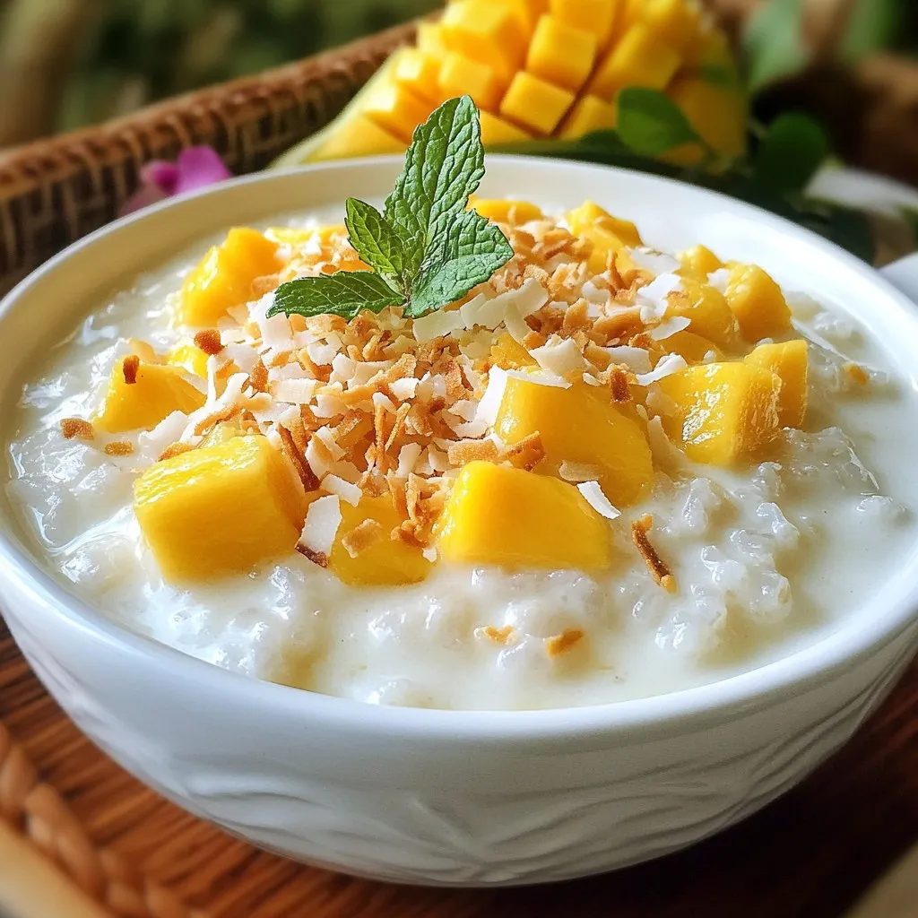- 1 cup Arborio rice - 2 cups coconut milk - 2 cups water - 1/2 cup sugar - 1/2 teaspoon salt - 1 ripe mango, diced - 1 teaspoon vanilla extract - 1/4 teaspoon ground cardamom - 1/4 cup toasted shredded coconut (for garnish) - Fresh mint leaves (for garnish) Arborio rice is key for this dish. It gives the pudding a creamy texture. You can find it in most grocery stores. Coconut milk adds rich flavor and creaminess. Use full-fat coconut milk for the best taste. A ripe mango makes a big difference. Look for one that is soft but not mushy. Ground cardamom brings a warm spice that pairs well with the mango. One serving of coconut mango rice pudding has about: - Calories: 320 - Protein: 4g - Fat: 12g - Carbohydrates: 50g - Fiber: 2g - Sugar: 18g This pudding is a treat, but watch your portion size. The sugar and fat content can add up. Enjoy it as an occasional dessert! {{ingredient_image_1}} Start by rinsing the Arborio rice. Use cold water until it runs clear. This step helps remove extra starch. Next, gather your ingredients. You need coconut milk, water, sugar, salt, and a ripe mango. In a medium saucepan, combine the rinsed rice with coconut milk, water, sugar, and salt. Stir well to dissolve the sugar. Heat the mixture over medium heat and bring it to a gentle boil. Once boiling, reduce the heat to low. Simmer for 20-25 minutes. Stir occasionally until the rice becomes tender and the mixture thickens. This gives the pudding its creamy texture. After that, add the vanilla extract and ground cardamom. Cook for another 2-3 minutes. Remove the saucepan from heat. Allow the pudding to cool for a few minutes. Then, gently fold in the diced mango. Save some mango pieces for topping. Serve the pudding warm or chilled in bowls. Finally, garnish with extra mango, toasted shredded coconut, and fresh mint leaves. Enjoy this creamy dessert delight! To get the best texture, start with Arborio rice. This type of rice is creamy and chewy. Rinse it well before cooking. This helps remove extra starch. You want the rice to be soft but not mushy. Keep an eye on it while it simmers. Stir it often to prevent sticking. If it seems too thick, add a little more water or coconut milk. For more flavor, try adding spices. Ground cardamom gives a lovely touch. You can also try a pinch of cinnamon. If you want a richer taste, use a bit more sugar. Vanilla extract adds depth, too. Mix in diced mango while the pudding is warm. This lets the mango flavor blend well with the rice. Garnishing makes your dessert look great and taste better. Add toasted shredded coconut on top. It gives a nice crunch. Fresh mint leaves add color and a fresh taste. You can also add more diced mango for a pop of color. Serve it warm for a cozy feel or chilled for a refreshing treat. Enjoy your Coconut Mango Rice Pudding with these fun touches! Pro Tips Rinse the Rice: Rinsing Arborio rice is crucial to remove excess starch, resulting in a creamier pudding. Low and Slow: Cooking on low heat while stirring occasionally ensures even cooking and prevents the rice from sticking to the bottom of the pan. Fresh Mango: Use a ripe mango for the best flavor and sweetness; the fruit should yield slightly when pressed. Garnishing: Toasted shredded coconut adds a crunchy texture, while fresh mint leaves provide a refreshing contrast to the creamy pudding. {{image_2}} You can switch up the fruit in this pudding. Try using ripe bananas or juicy pineapples. Fresh berries also add a nice touch. Each fruit gives a new taste to the dish. For a tart kick, add some diced kiwi. You can mix and match fruits based on what you like. Just keep the mango for its creamy sweetness. This recipe is already quite friendly for many diets. To make it vegan, ensure your sugar is vegan. Use a plant-based sweetener if needed. You can also swap the sugar for maple syrup or agave. If you're gluten-free, this recipe works perfectly as is. Just make sure to check labels on any added ingredients. Serving this pudding is fun and easy. You can enjoy it warm or chilled. For a lovely touch, layer it in a glass. Add some diced mango and toasted coconut on top. Fresh mint leaves add color and a hint of freshness. You can also serve it with a scoop of dairy-free ice cream for extra delight. After enjoying your coconut mango rice pudding, store leftovers in an airtight container. Keep it in the fridge for up to three days. The pudding may thicken as it sits. If it does, add a splash of coconut milk to loosen it. To reheat, place the pudding in a saucepan over low heat. Stir gently until warm. You can also use the microwave. Heat in short bursts, stirring in between to avoid hot spots. Add a little coconut milk if needed for creaminess. You can freeze coconut mango rice pudding, but the texture may change. Use a freezer-safe container and leave some space for expansion. It keeps well for about a month. To thaw, move it to the fridge overnight. Reheat it gently before serving. Yes, you can use other types of rice. Short-grain rice, like sushi rice, works well. It’s creamy, just like Arborio. You can also try jasmine rice for a fragrant twist. Just adjust the cooking time. Some rice cooks faster than Arborio, so watch it closely. Coconut mango rice pudding lasts about four days in the fridge. Store it in an airtight container to keep it fresh. If you want to enjoy it later, make sure it cools fully before you put it in the fridge. You can serve it warm or chilled. Both ways taste great! Top it with extra mango, toasted coconut, and fresh mint. This adds color and flavor. For a fun twist, try adding a drizzle of honey or a sprinkle of cinnamon. This blog post covered how to make coconut mango rice pudding. We explored key ingredients, preparation steps, and cooking methods. We shared tips to get the best texture and flavor, plus fun serving ideas. We also discussed variations, storage, and answered common questions. To make this dish a hit, remember to try different fruits and adjust for diets. Enjoy your delicious pudding, and don’t be afraid to experiment!