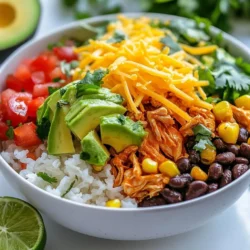 - 1 lb boneless, skinless chicken breasts - 1 can (15 oz) black beans, drained and rinsed - 1 cup corn, frozen or fresh - 1 can (14.5 oz) diced tomatoes with green chilies - 1 cup long-grain white rice, rinsed - 1 cup chicken broth - 1 tablespoon taco seasoning - 1 cup shredded cheddar cheese - 1 avocado, sliced - Fresh cilantro, chopped - Lime wedges (for serving) When I make these chicken burrito bowls, I always start with fresh, simple ingredients. First, I take 1 pound of boneless, skinless chicken breasts. They cook well and stay juicy in the Instant Pot. Next, I grab a 15-ounce can of black beans. I drain and rinse them to remove extra salt. I like to add 1 cup of corn, either frozen or fresh. It gives a nice sweet touch. A 14.5-ounce can of diced tomatoes with green chilies adds heat and flavor. For the base, I use 1 cup of long-grain white rice, rinsed to remove excess starch, and 1 cup of chicken broth for moisture. To spice things up, I add 1 tablespoon of taco seasoning. This mix brings all the flavors together. You can also season it with a bit of garlic powder and onion powder, but that's optional. For toppings, I always have shredded cheddar cheese on hand. It melts perfectly and adds creaminess. Sliced avocado is a must for richness. I finish it off with fresh cilantro for a burst of color and taste. Lastly, lime wedges serve as a zesty topping to brighten the dish. These ingredients not only work well together, but they also make quick prep easy. You can customize them to fit your taste. {{ingredient_image_1}} First, season the chicken breasts. Use taco seasoning, garlic powder, onion powder, salt, and pepper. Rub the spices well into the chicken. This adds a lot of flavor. Next, brown the chicken in the Instant Pot. Set it to the 'Sauté' mode. Add a splash of chicken broth. Place the seasoned chicken in the pot. Cook for about 3 minutes on each side. This step helps lock in the flavors. Now, it’s time to add the other ingredients. Pour in the rinsed black beans, corn, and diced tomatoes with green chilies. Don’t forget the rinsed rice! Add the rest of the chicken broth too. Place the browned chicken on top without stirring. Then, close the Instant Pot lid. Make sure the vent is sealed. Set it to 'Manual' (or 'Pressure Cook') on high for 10 minutes. This cooks everything quickly and evenly. After cooking, release the pressure. Let it sit for 10 minutes for a natural release. Then, do a quick release for any remaining pressure. Now, shred the chicken. Open the lid and remove the chicken. Use two forks to shred it into bite-sized pieces. Return the shredded chicken to the pot. Stir everything together until well mixed. For serving, scoop the burrito bowl mixture into bowls. Top with shredded cheddar cheese, sliced avocado, and fresh cilantro. Serve with lime wedges for a tasty kick! To get the best rice in your burrito bowl, rinse it well. Rinsing removes excess starch. This helps the rice stay fluffy. If you skip this step, your rice may be sticky. Seasonings can change the taste. Start with the recipe's taco seasoning. If you like more spice, add extra chili powder or cumin. Taste as you cook. This way, you can make it just right for you. If you use brown rice instead of white, adjust the time. Brown rice takes longer to cook. Set your Instant Pot for 22 minutes instead of 10. Always check the rice for doneness after cooking. For a thicker bowl, use less broth. You can cut down to 3/4 cup of chicken broth. If you want a soupier bowl, keep the full cup of broth. The choice is yours! Common mistakes can lead to uneven cooking. Always seal the lid properly. Check the vent to ensure it's closed. This helps the pot come to pressure faster. Layer ingredients wisely. Place the chicken on top of the other ingredients. This helps it cook evenly. Stirring them all together before cooking can lead to burnt rice on the bottom. Avoid this by following the layering method. Pro Tips Marinate the Chicken: For even more flavor, marinate the chicken breasts in taco seasoning and a little lime juice for at least 30 minutes before cooking. Use Fresh Ingredients: Opt for fresh corn and homemade salsa for a vibrant taste that elevates your burrito bowls. Adjust Spice Levels: If you prefer more heat, add sliced jalapeños or extra chili powder to the pot before cooking. Customize Toppings: Feel free to get creative with toppings like sour cream, diced tomatoes, or sliced olives for a personalized touch. {{image_2}} You can easily change the protein in this dish. Instead of chicken, use beef, turkey, or tofu. Each option brings a new taste. You can also switch up your beans. Try pinto beans, kidney beans, or chickpeas. Mixing in different veggies adds color and flavor. Bell peppers, zucchini, or spinach work great. To kick up the flavor, add more spices. Chili powder, cumin, or paprika can spice things up. You can also drizzle some hot sauce on top for heat. Making homemade salsa or pico de gallo is easy. Just mix diced tomatoes, onion, cilantro, and lime juice. This fresh salsa brightens your bowl. If you need a gluten-free meal, use gluten-free taco seasoning. Check labels on beans and broth to be safe. For a vegetarian or vegan option, swap chicken for lentils or jackfruit. Use vegetable broth instead of chicken broth. These swaps keep the meal tasty and satisfying for everyone. After your meal, let the chicken burrito bowls cool down. Place them in airtight containers. Store them in the fridge for up to three days. For longer storage, you can freeze them. Use freezer-safe containers or bags to keep them fresh. Divide the bowls into single servings for easy meals later. When ready to eat, you can reheat the bowls. Use the microwave for quick heating. Place the bowl in the microwave and cover it with a lid. Heat for two to three minutes. Stir halfway through for even heating. If you prefer the stovetop, put the mixture in a pan. Heat over low heat, stirring gently until warm. Use glass or microwave-safe plastic containers for storage. This keeps your food safe and tasty. Leftovers can last in the fridge for three days. After that, they may spoil. If you see mold or smell something off, throw it away. To avoid spoilage, store the bowls in airtight containers. Keep your fridge at a safe temperature below 40°F (4°C). This helps keep your food fresh and delicious longer. Yes, you can make this recipe in advance. It saves time and effort. To prepare, cook the burrito bowls as directed. Let them cool, then store in airtight containers. The bowls will keep well in the fridge for up to three days. For longer storage, freeze them. Just make sure to leave some space in the container for expansion. When ready to eat, thaw overnight in the fridge and reheat in the microwave. To serve more people, simply scale up the ingredients. For each additional serving, add one-quarter pound of chicken and an extra half cup of rice. You can also increase the beans, corn, and tomatoes. Adjust the chicken broth accordingly, too. Cooking time may stay the same, but I suggest checking for doneness. If you fill the pot too much, you may need to increase the cooking time slightly. If you want a vegetarian option, you can use vegetable broth instead. It adds flavor without meat. You can also use water if you are in a pinch. However, water will not add as much taste. Another option is to use a mix of water and a bit of soy sauce for a savory twist. This can enhance the dish while keeping it plant-based. Yes, you can adapt this recipe for the stovetop or slow cooker. For the stovetop, brown the chicken in a large pot, then add all other ingredients. Bring to a boil, cover, and simmer for about 20-25 minutes. For a slow cooker, add all the ingredients and cook on low for 6-8 hours or on high for 3-4 hours. The chicken will be tender and flavorful in both methods. This recipe for Instant Pot burrito bowls is a tasty and easy meal option. We explored the key ingredients, from chicken and beans to toppings like cheese and avocado. You learned step-by-step cooking instructions to get perfectly cooked rice and chicken. Remember the helpful tips for flavor and storage, plus variations to match your tastes. Experiment and make this dish your own. Fresh ingredients and vibrant flavors will make it a hit for any meal. Enjoy your cooking journey!