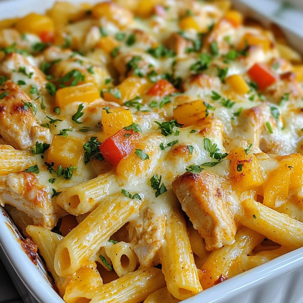 - 2 cups cooked penne pasta - 2 chicken breasts, diced - 1 tablespoon Cajun seasoning - 1 tablespoon olive oil - 2 cups heavy cream - 1 cup grated Parmesan cheese - 1 cup shredded mozzarella cheese - 1 cup bell peppers, diced (mix of red and green) - 1/2 cup onion, finely chopped - 2 cloves garlic, minced - Salt and pepper to taste - Fresh parsley, chopped (for garnish) Using high-quality ingredients makes a big difference. Fresh chicken gives the best taste. Choose ripe bell peppers for great flavor. Look for heavy cream with a high fat content; it makes the sauce rich. Aged Parmesan offers a deeper flavor than regular cheese. Always grab fresh garlic for the best aroma. You can switch up the chicken for shrimp or sausage if you like. For a veggie twist, add mushrooms or spinach. If you want a lighter dish, use half-and-half instead of heavy cream. Gluten-free pasta works well too. Don't forget to adjust the Cajun seasoning for your spice level! {{ingredient_image_1}} First, gather your ingredients. You need cooked penne pasta, diced chicken, Cajun seasoning, olive oil, heavy cream, Parmesan cheese, mozzarella cheese, bell peppers, onion, garlic, salt, and pepper. Preheat your oven to 375°F (190°C). This gets it ready for baking. Next, take a skillet and heat the olive oil over medium heat. Add the diced chicken and season it with Cajun spice, salt, and pepper. Cook the chicken until it is golden brown and cooked all the way through. This should take about 6-8 minutes. Once done, remove the chicken from the skillet and set it aside. Now, in the same skillet, add the chopped onion, bell peppers, and minced garlic. Sauté these for about 3-4 minutes until the vegetables are soft and fragrant. This step builds flavor and color in your dish. With your veggies ready, lower the heat. Pour in the heavy cream and stir well to combine. Bring this mixture to a gentle simmer. It’s important to not let it boil. Stir in the grated Parmesan cheese until it melts and forms a smooth sauce. Taste it and add more salt or pepper if needed. In a large mixing bowl, combine the cooked penne pasta, sautéed chicken, and your creamy Alfredo sauce. Use a spatula to mix everything well. You want every piece of pasta coated in that rich, cheesy goodness. Now, transfer the entire mixture to a greased baking dish. Spread it out evenly. Top with shredded mozzarella cheese. This will give you a nice, bubbly crust when baked. Place the dish in the preheated oven. Bake for 25-30 minutes, or until the top turns golden and bubbly. Once it’s done, take it out and let it cool for a minute. Garnish with chopped fresh parsley for a nice touch. Now, you’re ready to enjoy this comforting dish! To make your Cajun Chicken Alfredo Bake perfect, use fresh ingredients. Fresh chicken and veggies bring out better flavors. Use a good Cajun seasoning blend. This will give your dish a nice kick. When cooking the chicken, make sure it is browned but not dry. Cook it just until it's done. Mix the pasta quickly with the sauce to coat it well. One common mistake is overcooking the pasta. Cook it just until al dente before baking. If you cook it too much, it can get mushy. Another mistake is not seasoning enough. Taste as you cook and adjust the salt and pepper. Lastly, avoid using low-fat cream. Heavy cream makes the dish rich and creamy. For more flavor, try adding more spices. A bit of smoked paprika or cayenne can add extra warmth. Sautéing the garlic until golden can also boost the taste. Don’t forget to mix in the Parmesan cheese until it’s fully melted. This gives the sauce a nice, cheesy richness. Finally, top your bake with fresh parsley. It adds a bright flavor and color. Pro Tips Perfectly Cooked Chicken: Ensure the chicken is cooked through and has a nice golden color. This not only enhances the flavor but also adds a pleasing texture to your dish. Adjusting Cream Consistency: If the Alfredo sauce is too thick, you can add a splash of chicken broth or pasta water to achieve your desired consistency before combining it with the pasta. Cheese Variety: Feel free to mix different cheeses such as gouda or cheddar for a unique flavor profile. This can elevate your bake and provide a richer taste. Garnishing Tips: To enhance presentation, consider adding a sprinkle of smoked paprika or extra Cajun seasoning on top before serving for an extra kick and color. {{image_2}} You can make a tasty vegetarian version of Cajun Chicken Alfredo Bake. Swap the chicken for hearty vegetables like mushrooms, zucchini, or eggplant. Use the same Cajun seasoning to keep that bold flavor. You can also add extra bell peppers and spinach for more color and nutrition. Just sauté the veggies until soft, then mix them into the creamy Alfredo sauce. For a dairy-free Cajun Chicken Alfredo Bake, use coconut milk or cashew cream instead of heavy cream. These alternatives keep it rich and creamy. Choose dairy-free cheese for your mozzarella and Parmesan. Nutritional yeast also adds a cheesy flavor without dairy. This option still delivers a comforting and creamy dish without lactose. If you like heat, add more spice to your Cajun Chicken Alfredo Bake. Toss in sliced jalapeños or a dash of hot sauce for a kick. You can also use a spicier Cajun seasoning blend. For an extra layer of flavor, try adding red pepper flakes or diced green chilies. This will make your dish bold and full of flavor! Store any leftover Cajun Chicken Alfredo Bake in an airtight container. This will keep it fresh. You can refrigerate it for up to three days. Make sure to let it cool before sealing the container. This helps prevent moisture build-up. To reheat, simply place the leftovers in the oven at 350°F (175°C). Cover the dish with foil to keep it moist. Heat for about 20 minutes or until warm. You can also use the microwave. Just use a microwave-safe bowl and heat in short bursts. Stir in between to heat evenly. If you want to freeze this dish, cool it completely first. Transfer it to a freezer-safe container. It can stay in the freezer for up to three months. When ready to eat, thaw in the fridge overnight. Then reheat in the oven or microwave as mentioned above. Yes, you can use different pasta types. I like penne, but you might try rotini or fusilli. They hold sauce well and add fun shapes to the dish. Whole wheat pasta is a good choice for more fiber. Gluten-free pasta works too, if you need it. To make it spicier, add more Cajun seasoning. You can also mix in diced jalapeños or crushed red pepper flakes. For a smoky kick, try smoked paprika. Taste as you go to find the right heat for you. Cajun Chicken Alfredo Bake goes well with simple sides. A fresh green salad adds crunch and color. Garlic bread is perfect for soaking up the creamy sauce. Steamed veggies, like broccoli or green beans, balance the meal nicely. Yes, you can prepare it ahead of time. Cook the pasta and chicken, then mix everything together. Place it in the baking dish and cover it. Store it in the fridge for up to a day. Just bake it when you are ready to serve! This blog post covers all you need for a great Cajun Chicken Alfredo Bake. We looked at ingredient quality, cooking steps, and helpful tips. You now have options for variations and storage advice. Remember, you can adjust spice levels and pasta types to make it your own. Try this dish to impress your family and friends. Cooking can be fun and rewarding. Enjoy your flavorful meal!
