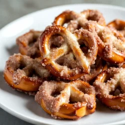 To make delicious cinnamon sugar pretzel bites, you need some simple ingredients. Here’s the list: - 1 ½ cups warm water (110°F to 115°F) - 2 tablespoons granulated sugar - 1 packet (2 ¼ teaspoons) active dry yeast - 4 cups all-purpose flour - ⅓ cup unsalted butter, melted - 1 teaspoon sea salt - ½ cup baking soda - 1 large egg, beaten - ½ cup granulated sugar (for coating) - 2 teaspoons ground cinnamon Each ingredient plays a key role in creating the perfect texture and flavor. The warm water helps activate the yeast. The sugar feeds the yeast, making it bubbly and alive. Active dry yeast is crucial for the dough to rise. All-purpose flour provides structure and chewiness. Melted butter adds richness, while sea salt enhances the taste. Baking soda is vital for that classic pretzel flavor. The beaten egg gives a shiny finish to the bites. Finally, the cinnamon and sugar coating makes them irresistible. Using good quality ingredients makes a big difference. Fresh yeast and pure cinnamon enhance the flavor. I recommend measuring everything carefully for the best results. Happy baking! {{ingredient_image_1}} 1. Start by taking a large mixing bowl. Combine 1 ½ cups of warm water with 2 tablespoons of granulated sugar. 2. Sprinkle 1 packet of active dry yeast on top and let it sit for about 5 minutes until it becomes frothy. 3. Next, add ⅓ cup of melted unsalted butter, 1 teaspoon of sea salt, and gradually mix in 4 cups of all-purpose flour. Stir well until a dough forms. 1. Now, place the dough on a floured surface. Knead it for about 5 to 7 minutes until it feels smooth and elastic. 2. Lightly grease a bowl and put the dough inside. Cover it with a kitchen towel and let it rise in a warm area for 1 hour, or until it doubles in size. 1. Preheat your oven to 425°F (220°C) and line a baking sheet with parchment paper. 2. In a large pot, bring 10 cups of water to a boil. Slowly add ½ cup of baking soda, being careful as it may bubble. 3. After the dough has risen, punch it down. Divide it into small pieces, about 1 inch each. Roll each piece into a small ball. 4. Boil the pretzel bites in the baking soda water for about 30 seconds. Use a slotted spoon to remove them and place them on the baking sheet. 5. Brush the tops with 1 beaten egg for a shiny finish. 6. In a small bowl, mix ½ cup of granulated sugar with 2 teaspoons of ground cinnamon. Sprinkle this mixture generously over the pretzel bites. 7. Bake in the preheated oven for 12 to 15 minutes, or until they turn golden brown. 8. Allow them to cool slightly before serving. Enjoy your delicious cinnamon sugar pretzel bites! To make great pretzel bites, the dough needs the right warmth. The ideal temperature for rising is between 80°F and 90°F. This warmth helps the yeast grow well. You can use your oven with the light on to create a warm spot. Kneading the dough is key. Knead it for about 5 to 7 minutes. Use your palms to push the dough away and fold it back. This builds strength and makes the dough smooth and elastic. A well-kneaded dough will rise nicely. Baking soda is vital in the boiling step. It gives the pretzels their classic brown color and unique taste. The alkalinity helps create that chewy texture we love. Make sure to add the baking soda carefully to avoid splashes. Timing is critical when boiling. Boil the pretzel bites for about 30 seconds. This short time helps set the outside while keeping the inside soft. After boiling, move them quickly to the baking sheet to avoid overcooking. Mixing sugar and cinnamon is simple. Use a ratio of 1 part cinnamon to 4 parts sugar. This blend balances sweetness with spice. If you want a stronger cinnamon flavor, add a bit more cinnamon. When applying the coating, do this right after baking. Brush the pretzel bites with melted butter first. This helps the sugar stick better. Sprinkle the cinnamon sugar generously over the warm pretzel bites for maximum flavor. Pro Tips Perfect Yeast Activation: Ensure your water is at the right temperature (110°F to 115°F) to properly activate the yeast for a fluffy dough. Don't Skip the Boil: Boiling the pretzel bites in baking soda water is crucial for that authentic pretzel flavor and texture. Egg Wash for Shine: Brushing the pretzel bites with beaten egg gives them a beautiful golden color and a shiny finish after baking. Fresh Cinnamon Sugar: Mix the cinnamon and sugar right before sprinkling to keep the flavors vibrant and aromatic. {{image_2}} You can easily make gluten-free pretzel bites. Use a 1:1 gluten-free flour mix. Look for brands like Bob's Red Mill or King Arthur. They work well and keep the texture nice. Be sure to check if the mix has xanthan gum. It helps with binding and gives a better chew. To make these vegan, you can swap the butter for coconut oil or vegan butter. For the egg, use a flax egg. Mix 1 tablespoon of ground flaxseed with 3 tablespoons of water. Let it sit for a few minutes until it thickens. This keeps the dough moist and binds it well. You can take these pretzel bites to the next level. Adding chocolate chips or caramel sauce can make them even sweeter. Just fold them into the dough before shaping. You can also experiment with nuts. Chopped pecans or almonds add a nice crunch and flavor. Try adding them into the dough or as a topping. To keep your cinnamon sugar pretzel bites fresh, use an airtight container. This keeps moisture out and helps maintain their soft texture. If you prefer, you can also use freezer bags. Just make sure to squeeze out the air before sealing. This method helps prevent freezer burn. When you want to enjoy your pretzel bites again, reheating them is key. The best way to do this is in the oven. Preheat your oven to 350°F (175°C). Place the pretzel bites on a baking sheet. Bake for about 5 to 10 minutes. This helps them regain their warm, chewy texture. Cinnamon sugar pretzel bites last about 2 to 3 days at room temperature. Keep them in an airtight container to maintain freshness. If you decide to freeze them, they can last up to 3 months. Just remember to thaw them in the fridge before reheating. Yes, you can use instant yeast. Instant yeast works faster than active dry yeast. You can skip the activation step. Just mix it with your dry ingredients. The rise time may be slightly shorter, so watch your dough. To adjust the size, simply change the dough pieces. For smaller bites, cut them into half-inch pieces. For larger bites, you can roll them into two-inch balls. Just remember, baking time may change as well. Keep an eye on them while baking. You can find premade cinnamon sugar pretzel bites at many grocery stores. Look in the frozen snack aisle or bakery section. Some local bakeries may also sell them fresh. Online retailers often carry them too, so check your favorite sites. You’ve learned how to make delicious cinnamon sugar pretzel bites from scratch. We covered the ingredients, step-by-step instructions, and tips for success. You can even try gluten-free or vegan versions. Store any leftovers properly and reheat them for the best taste. Each bite brings joy and warmth to snack time. Enjoy making these treats for yourself or to share!