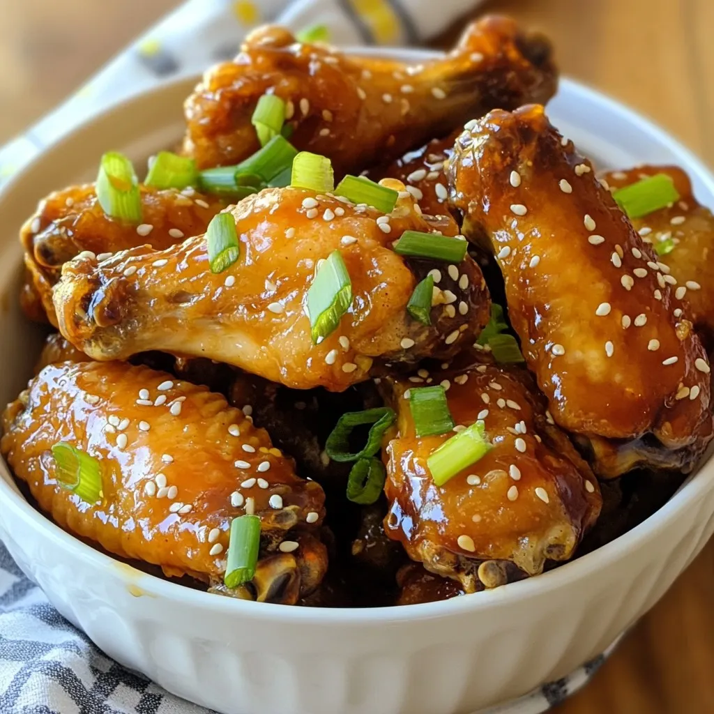 - 2 pounds chicken wings, drums and flats separated - 1/2 cup teriyaki sauce (preferably low-sodium) - 1 tablespoon fresh ginger, grated - 2 cloves garlic, minced - 1 tablespoon honey - 1 tablespoon sesame oil - 1 teaspoon cornstarch mixed with 2 teaspoons water (for thickening) The main ingredients for air fryer teriyaki chicken wings are simple yet flavorful. First, you need chicken wings. They can be either drums or flats, or both. I like using a mix to get the best of both worlds. Next, teriyaki sauce is key. I recommend low-sodium sauce for a healthier option. Adding fresh ginger and minced garlic increases the flavor. Honey adds sweetness, while sesame oil gives a nice touch. The cornstarch mixed with water helps thicken the sauce later. This mix will coat the wings perfectly. - Sesame seeds - Green onions For garnishes, sesame seeds add crunch and a nice look. Chopped green onions give color and a fresh taste. Both are optional but make your dish more appealing. You can also try adding these garnishes right before serving. They really make a difference! {{ingredient_image_1}} To make teriyaki chicken wings, start by mixing the marinade. In a large bowl, add 1/2 cup of teriyaki sauce, 1 tablespoon of fresh grated ginger, 2 minced garlic cloves, 1 tablespoon of honey, and 1 tablespoon of sesame oil. Stir until everything is well blended. Next, add 2 pounds of chicken wings to the bowl. Make sure each wing is coated well with the marinade. Cover the bowl and refrigerate it for at least 30 minutes. For even better flavor, marinate the wings for up to 2 hours. Now, it’s time to cook the wings. Preheat your air fryer to 380°F (190°C). This should take about 5 minutes. Once preheated, take the wings out of the marinade. Let any extra marinade drip off. Place the wings in a single layer in the air fryer basket. If your air fryer is small, you may need to cook in batches. Cook the wings for 25 to 30 minutes. Shake the basket halfway through to ensure even cooking. The wings should be crispy and reach an internal temperature of 165°F (74°C). While the wings cook, you can make the teriyaki sauce. Pour the leftover marinade into a small saucepan. Heat it over medium heat until it simmers. Once it starts to simmer, mix 1 teaspoon of cornstarch with 2 teaspoons of water. Add this mixture to the saucepan. Whisk until the sauce thickens, which takes about 3 to 5 minutes. When the wings finish cooking, transfer them to a large bowl. Toss the wings with the thickened teriyaki sauce until they are well coated. Enjoy your flavorful and crispy teriyaki chicken wings! To get crispy wings, shake the basket during cooking. This helps air circulate and crisp up each wing. If your air fryer is small, cook in batches. This keeps the wings from overcrowding. Crowded wings will steam instead of crisping. For great flavor, marinate the chicken longer. Aim for at least two hours if you can. This lets the wings soak in the teriyaki sauce. Using fresh ginger and garlic also boosts the taste. Fresh ingredients add a bright, bold flavor that dried ones can’t match. Don't skip this step! Pro Tips Marinate for Maximum Flavor: Allow the wings to marinate for at least 2 hours, or overnight if possible, to enhance the depth of flavor. Single Layer Cooking: For the crispiest results, make sure the wings are arranged in a single layer in the air fryer. This ensures even cooking and crisping. Check the Temperature: Use a meat thermometer to ensure the wings reach an internal temperature of 165°F (74°C) for safe consumption. Thicken the Sauce: For a richer sauce, let it simmer longer after adding the cornstarch mixture. This will help intensify the flavors and improve the texture. {{image_2}} You can switch up the flavor with different sauces. If you want a smoky taste, try BBQ sauce. For a spicy kick, buffalo sauce works well. Just use the same method for marinating and cooking. These sauces will give your wings a new twist. Mix and match to find your favorite flavor! You can make a few changes to the recipe for a healthier option. Use low-sodium teriyaki sauce if you want to cut back on salt. This helps keep the taste while reducing sodium. If you want to skip refined sugar, try maple syrup instead of honey. It adds sweetness and pairs well with chicken. You can also use agave syrup or coconut sugar. These options keep your wings tasty and a bit healthier. After enjoying your air fryer teriyaki chicken wings, store any leftovers in the fridge. Place the wings in an airtight container. This keeps them fresh and tasty. You can store them for up to three days. If you want to keep them longer, consider freezing them. Just make sure to wrap them well in plastic wrap or foil first. When it’s time to enjoy those wings again, reheating them properly is key. Here are the best ways to do it: - Air Fryer: This method keeps the wings crispy. Preheat the air fryer to 350°F (175°C). Place the wings in the basket and heat for about 5-7 minutes. Check them to avoid overcooking. - Oven: Preheat your oven to 375°F (190°C). Place the wings on a baking sheet and cover them with foil. Heat for about 10-15 minutes. Remove the foil for the last few minutes to crisp them up. - Microwave: This method is quick but may make the wings less crispy. Place the wings on a microwave-safe plate and cover them with a damp paper towel. Heat in short bursts of 30 seconds until warm. Using these methods, your teriyaki wings will taste almost as good as fresh! To cook chicken wings in an air fryer, set the temperature to 380°F (190°C). Cook them for 25-30 minutes. I shake the basket halfway through. This step helps them cook evenly. The wings should be crispy and reach 165°F (74°C) inside. Yes, you can use frozen chicken wings. However, you need to thaw them first. It’s best to leave them in the fridge overnight. If you are short on time, you can submerge them in cold water for about an hour. Once thawed, use the same cooking time as fresh wings. You can serve many tasty sides with teriyaki chicken wings. Here are a few ideas: - Steamed rice - Fried rice - Vegetable stir-fry - Asian slaw - Crispy potatoes These sides will complement the sweet and savory flavors of the wings. Enjoy your meal! You learned how to make tasty teriyaki chicken wings in this post. We covered the key ingredients, marinating, cooking steps, and tips for crispiness. Remember to try different sauces and storage methods for leftovers. Cook those wings to perfection, and enjoy every bite. You can impress your friends and family with this easy recipe. Keep experimenting with flavors and options to make it your own. Happy cooking!