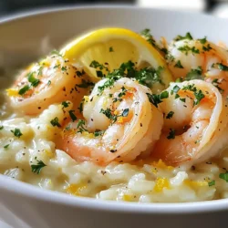 - 1 pound shrimp, peeled and deveined - 1 cup Arborio rice - 4 cups chicken or vegetable broth - 1 small onion, finely chopped - 3 cloves garlic, minced - Zest of 1 lemon - 2 tablespoons lemon juice - 1/2 cup grated Parmesan cheese - 2 tablespoons olive oil - 2 tablespoons butter The main star of this dish is the shrimp. You want fresh shrimp, peeled and deveined. This makes cooking easy and quick. Next, Arborio rice is vital. This rice has a high starch content that helps create a creamy texture. For the broth, you can use chicken or vegetable broth. It adds flavor and moisture to the risotto. Now, let’s talk about seasonings. Onions and garlic are key. They add a great base flavor. Minced garlic gives a strong kick. The zest and juice from the lemon brighten up the dish. Parmesan cheese adds a rich, nutty flavor that ties everything together. To cook, you need fats. Olive oil gives a nice flavor and helps sauté the onions. Butter adds richness to the shrimp and risotto. Together, these ingredients create a creamy and flavorful dish that you will love. {{ingredient_image_1}} - Start by heating 4 cups of chicken or vegetable broth in a saucepan. - Set the heat to medium and allow it to simmer. - Keep this broth warm as you cook the risotto. - In a large skillet, heat 2 tablespoons of olive oil over medium heat. - Add 1 small, finely chopped onion. Sauté it until it turns translucent, about 3 to 4 minutes. - Stir in 3 cloves of minced garlic and cook for another minute. You want it fragrant but not burnt. - Next, add 1 cup of Arborio rice to the skillet. Stir for about 2 minutes. This coats the grains and gives them some toastiness. - Slowly add the warm broth, one ladleful at a time. Stir often, allowing the rice to absorb the liquid before adding more. - Continue this for about 15 to 20 minutes. The risotto should be creamy and the rice should be al dente. - In another pan, melt 2 tablespoons of butter over medium heat. - Add 1 pound of peeled and deveined shrimp to the pan. Cook for 2 to 3 minutes on each side. - The shrimp should turn pink and opaque. Season with salt, pepper, lemon zest, and 2 tablespoons of lemon juice. - Once done, remove the shrimp from the heat and set them aside. After the risotto is nearly ready, mix in the cooked shrimp and 1/2 cup of grated Parmesan cheese. Adjust the texture with more broth if needed. Taste, then season with more salt and pepper if desired. Let it rest for a couple of minutes before serving. To make creamy risotto, you must stir often. Stirring helps release the starch in the rice. This creates that nice, creamy texture you want. Use a wooden spoon for best results. It gives you good control. For broth, I recommend chicken or vegetable broth. Both add rich flavor. Use low-sodium broth to avoid overpowering the dish. Warm broth helps the rice cook evenly. Keep it simmering while you cook the risotto. Timing is key for shrimp. Cook them for 2-3 minutes on each side. You want them to turn pink and opaque. If they curl up tightly, they are overcooked. Always check for a firm texture. Watch for the color change. When shrimp go from gray to pink, they are done. Remove them from heat right away to avoid cooking further. This keeps them juicy and tender. Adding fresh herbs boosts flavor. Try parsley or basil for a pop of freshness. You can stir them in right before serving. This adds color and taste to your dish. Infusing flavors is easy too. Add lemon zest and juice during cooking. This brightens up the dish and adds a nice zing. You can also try a dash of white wine for extra depth. Pro Tips Fresh Shrimp is Key: Always use the freshest shrimp you can find for the best flavor and texture. Look for shrimp that are firm and have a mild ocean scent. Perfectly Creamy Risotto: Stirring frequently is essential to release the starches from the Arborio rice, achieving that creamy texture. Don't rush the process; patience is vital. Balance the Flavors: Taste your risotto before serving. Adjust the lemon juice and seasoning to ensure a perfect balance of acidity and saltiness. Garnishing for Appeal: For a professional touch, garnish with fresh parsley and a sprinkle of extra Parmesan cheese right before serving to enhance both flavor and presentation. {{image_2}} You can switch out shrimp for chicken or scallops. Chicken adds a hearty twist and pairs well with lemon. Simply cook it until golden, then add it to the risotto with the cheese. Scallops offer a sweeter flavor. Sear them quickly for a tender bite. For a vegetarian option, try using roasted mushrooms or chickpeas. Both add a nice texture and flavor. You can brighten the dish with peas or asparagus. These veggies add color and crunch. Just toss them in during the last few minutes of cooking. Spinach or kale are also great choices. They wilt down nicely and boost the dish's nutrients. Add them just before the risotto is done for the best results. If you want to mix it up, try quinoa or farro. They add a nutty flavor and change the texture. Cook them according to the package, then blend into the risotto. Brown rice is another option. It takes longer to cook but gives a robust taste. Just adjust the broth amount and cooking time for perfect results. To keep your Lemon Garlic Shrimp Risotto fresh, store it in the fridge. Use an airtight container. Make sure it cools down first. This helps prevent moisture build-up. You can keep it for up to three days. When you're ready to enjoy leftovers, you have two easy options. For the microwave, place the risotto in a bowl. Add a splash of broth or water. Heat it in short bursts, stirring in between. This keeps it creamy. For stovetop reheating, add the risotto to a pan. Pour in a little broth and cook on low heat. Stir often until it’s heated through. This method helps keep the texture nice. If you want to freeze it for later, portion it out first. Use freezer-safe containers and leave a little space for expansion. It can last for up to three months in the freezer. When you're ready to eat, move it to the fridge to thaw overnight. For reheating, use the stovetop method mentioned above. Add a bit of broth if needed to regain creaminess. Yes, you can prepare this dish in advance. Here are some tips to help you: - Cook the risotto and shrimp separately. - Store them in airtight containers. - Keep the risotto and shrimp in the fridge for up to two days. - When ready to serve, reheat each part. Add a splash of broth to revive the creaminess. Pairing can enhance your meal. Here are some side dish ideas: - A fresh green salad with lemon vinaigrette - Garlic bread to soak up the risotto - Steamed vegetables like broccoli or asparagus - A light white wine, such as Sauvignon Blanc To keep your risotto just right, follow these tips: - Use Arborio rice, which has the right starch content. - Stir gently and frequently while adding broth. - Add broth gradually; let the rice absorb it before adding more. - Cook until the rice is al dente, with a slight bite. This blog post covers how to make a delicious Lemon Garlic Shrimp Risotto. We looked at the main ingredients, such as shrimp, Arborio rice, and broth, along with flavor enhancers like onion, garlic, and Parmesan. I shared step-by-step instructions to guide you through cooking so you can achieve creamy risotto. Remember, you can customize your dish with different proteins, vegetables, or grains. Store your leftovers properly and reheat them for best results. Enjoy the journey of making this dish, and happy cooking!
