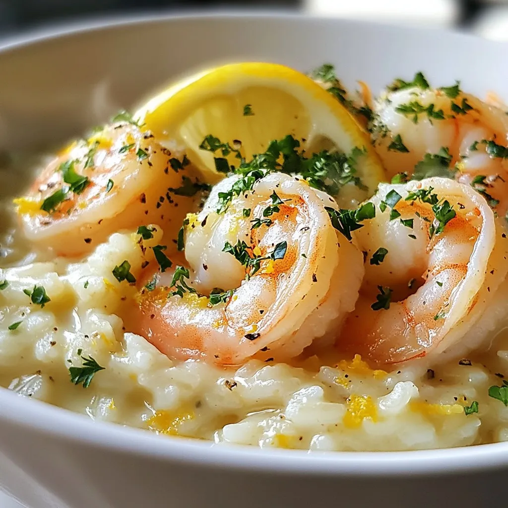 - 1 pound shrimp, peeled and deveined - 1 cup Arborio rice - 4 cups chicken or vegetable broth - 1 small onion, finely chopped - 3 cloves garlic, minced - Zest of 1 lemon - 2 tablespoons lemon juice - 1/2 cup grated Parmesan cheese - 2 tablespoons olive oil - 2 tablespoons butter The main star of this dish is the shrimp. You want fresh shrimp, peeled and deveined. This makes cooking easy and quick. Next, Arborio rice is vital. This rice has a high starch content that helps create a creamy texture. For the broth, you can use chicken or vegetable broth. It adds flavor and moisture to the risotto. Now, let’s talk about seasonings. Onions and garlic are key. They add a great base flavor. Minced garlic gives a strong kick. The zest and juice from the lemon brighten up the dish. Parmesan cheese adds a rich, nutty flavor that ties everything together. To cook, you need fats. Olive oil gives a nice flavor and helps sauté the onions. Butter adds richness to the shrimp and risotto. Together, these ingredients create a creamy and flavorful dish that you will love. {{ingredient_image_1}} - Start by heating 4 cups of chicken or vegetable broth in a saucepan. - Set the heat to medium and allow it to simmer. - Keep this broth warm as you cook the risotto. - In a large skillet, heat 2 tablespoons of olive oil over medium heat. - Add 1 small, finely chopped onion. Sauté it until it turns translucent, about 3 to 4 minutes. - Stir in 3 cloves of minced garlic and cook for another minute. You want it fragrant but not burnt. - Next, add 1 cup of Arborio rice to the skillet. Stir for about 2 minutes. This coats the grains and gives them some toastiness. - Slowly add the warm broth, one ladleful at a time. Stir often, allowing the rice to absorb the liquid before adding more. - Continue this for about 15 to 20 minutes. The risotto should be creamy and the rice should be al dente. - In another pan, melt 2 tablespoons of butter over medium heat. - Add 1 pound of peeled and deveined shrimp to the pan. Cook for 2 to 3 minutes on each side. - The shrimp should turn pink and opaque. Season with salt, pepper, lemon zest, and 2 tablespoons of lemon juice. - Once done, remove the shrimp from the heat and set them aside. After the risotto is nearly ready, mix in the cooked shrimp and 1/2 cup of grated Parmesan cheese. Adjust the texture with more broth if needed. Taste, then season with more salt and pepper if desired. Let it rest for a couple of minutes before serving. To make creamy risotto, you must stir often. Stirring helps release the starch in the rice. This creates that nice, creamy texture you want. Use a wooden spoon for best results. It gives you good control. For broth, I recommend chicken or vegetable broth. Both add rich flavor. Use low-sodium broth to avoid overpowering the dish. Warm broth helps the rice cook evenly. Keep it simmering while you cook the risotto. Timing is key for shrimp. Cook them for 2-3 minutes on each side. You want them to turn pink and opaque. If they curl up tightly, they are overcooked. Always check for a firm texture. Watch for the color change. When shrimp go from gray to pink, they are done. Remove them from heat right away to avoid cooking further. This keeps them juicy and tender. Adding fresh herbs boosts flavor. Try parsley or basil for a pop of freshness. You can stir them in right before serving. This adds color and taste to your dish. Infusing flavors is easy too. Add lemon zest and juice during cooking. This brightens up the dish and adds a nice zing. You can also try a dash of white wine for extra depth. Pro Tips Fresh Shrimp is Key: Always use the freshest shrimp you can find for the best flavor and texture. Look for shrimp that are firm and have a mild ocean scent. Perfectly Creamy Risotto: Stirring frequently is essential to release the starches from the Arborio rice, achieving that creamy texture. Don't rush the process; patience is vital. Balance the Flavors: Taste your risotto before serving. Adjust the lemon juice and seasoning to ensure a perfect balance of acidity and saltiness. Garnishing for Appeal: For a professional touch, garnish with fresh parsley and a sprinkle of extra Parmesan cheese right before serving to enhance both flavor and presentation. {{image_2}} You can switch out shrimp for chicken or scallops. Chicken adds a hearty twist and pairs well with lemon. Simply cook it until golden, then add it to the risotto with the cheese. Scallops offer a sweeter flavor. Sear them quickly for a tender bite. For a vegetarian option, try using roasted mushrooms or chickpeas. Both add a nice texture and flavor. You can brighten the dish with peas or asparagus. These veggies add color and crunch. Just toss them in during the last few minutes of cooking. Spinach or kale are also great choices. They wilt down nicely and boost the dish's nutrients. Add them just before the risotto is done for the best results. If you want to mix it up, try quinoa or farro. They add a nutty flavor and change the texture. Cook them according to the package, then blend into the risotto. Brown rice is another option. It takes longer to cook but gives a robust taste. Just adjust the broth amount and cooking time for perfect results. To keep your Lemon Garlic Shrimp Risotto fresh, store it in the fridge. Use an airtight container. Make sure it cools down first. This helps prevent moisture build-up. You can keep it for up to three days. When you're ready to enjoy leftovers, you have two easy options. For the microwave, place the risotto in a bowl. Add a splash of broth or water. Heat it in short bursts, stirring in between. This keeps it creamy. For stovetop reheating, add the risotto to a pan. Pour in a little broth and cook on low heat. Stir often until it’s heated through. This method helps keep the texture nice. If you want to freeze it for later, portion it out first. Use freezer-safe containers and leave a little space for expansion. It can last for up to three months in the freezer. When you're ready to eat, move it to the fridge to thaw overnight. For reheating, use the stovetop method mentioned above. Add a bit of broth if needed to regain creaminess. Yes, you can prepare this dish in advance. Here are some tips to help you: - Cook the risotto and shrimp separately. - Store them in airtight containers. - Keep the risotto and shrimp in the fridge for up to two days. - When ready to serve, reheat each part. Add a splash of broth to revive the creaminess. Pairing can enhance your meal. Here are some side dish ideas: - A fresh green salad with lemon vinaigrette - Garlic bread to soak up the risotto - Steamed vegetables like broccoli or asparagus - A light white wine, such as Sauvignon Blanc To keep your risotto just right, follow these tips: - Use Arborio rice, which has the right starch content. - Stir gently and frequently while adding broth. - Add broth gradually; let the rice absorb it before adding more. - Cook until the rice is al dente, with a slight bite. This blog post covers how to make a delicious Lemon Garlic Shrimp Risotto. We looked at the main ingredients, such as shrimp, Arborio rice, and broth, along with flavor enhancers like onion, garlic, and Parmesan. I shared step-by-step instructions to guide you through cooking so you can achieve creamy risotto. Remember, you can customize your dish with different proteins, vegetables, or grains. Store your leftovers properly and reheat them for best results. Enjoy the journey of making this dish, and happy cooking!