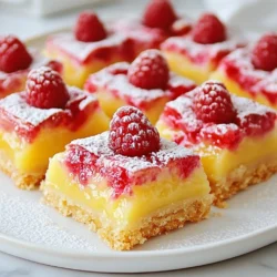 - 1 cup all-purpose flour - 1/4 cup powdered sugar - 1/2 cup unsalted butter, melted - 1/2 teaspoon salt - 2 large eggs - 1 cup granulated sugar - 1 tablespoon lemon zest (from about 2 lemons) - 1/2 cup freshly squeezed lemon juice - 1 cup fresh raspberries (or frozen, thawed) - Optional: powdered sugar for dusting - Cups: Commonly used for dry and liquid ingredients. - Tablespoons: Used for smaller amounts, like zest and juice. - Teaspoons: Used for precise measurements, such as salt. Each ingredient plays a key role. Flour gives the bars structure. Powdered sugar adds sweetness and softness. Butter makes the crust rich and flavorful. Salt enhances the taste of all the other ingredients. Eggs bind the filling. Granulated sugar balances the tartness of lemon. Lemon zest adds a fresh aroma. Freshly squeezed lemon juice brings that zesty flavor. Raspberries add a burst of color and sweetness. You can use frozen raspberries if fresh ones are not available. Optional powdered sugar dusting makes for a nice finish. {{ingredient_image_1}} Start by preheating your oven to 350°F (175°C). This temperature is perfect for baking. While the oven warms up, prepare an 8x8 inch baking pan. You can grease it well or line it with parchment paper. Parchment makes it easier to lift the bars out later. In a medium bowl, mix together the following: - 1 cup all-purpose flour - 1/4 cup powdered sugar - 1/2 cup unsalted butter, melted - 1/2 teaspoon salt Stir these until the mixture looks crumbly. Press this crust mixture firmly into the bottom of your prepared pan. Make sure it’s even and covers the whole base. In a clean bowl, whisk together: - 2 large eggs - 1 cup granulated sugar Mix until smooth. Add in 1 tablespoon of lemon zest and 1/2 cup of freshly squeezed lemon juice. Blend these well. Now, gently fold in 1 cup of fresh raspberries. Be careful not to mash the berries too much. You want some nice chunks. Pour the lemon-raspberry filling over your cooled crust. Spread it out evenly. Place the pan back in the oven and bake for 20-25 minutes. You’ll know they’re done when the filling is set and has a slight golden edge. After baking, take the pan out of the oven. Let it cool completely on a wire rack. Once cool, place it in the fridge for at least 2 hours. This makes the bars easier to cut. When ready, dust with powdered sugar if you like. Then, cut them into squares and enjoy! To get the best crust for your raspberry lemonade bars, be sure to press the crust mixture firmly into the pan. This helps it hold together as it bakes. Bake it until it is lightly golden. That takes about 15 minutes at 350°F. If it is too pale, it will not have the right texture. You want a strong base for the sweet lemon-raspberry filling. If you have dietary needs, you can still enjoy these bars. For a gluten-free version, swap all-purpose flour with a gluten-free blend. You can use coconut oil instead of butter for a dairy-free option. If you need to cut sugar, try a sugar substitute that works in baking. Always check the package for the right amount to use. To keep your bars fresh, store them in the fridge. Place them in an airtight container. They will stay good for about a week. If you want to save them longer, you can freeze them. Wrap each bar in plastic wrap and place them in a freezer-safe bag. They can last for up to three months. Just remember to thaw them in the fridge before serving! Pro Tips Use Fresh Ingredients: Always opt for fresh raspberries and lemons for the best flavor. Fresh ingredients enhance the overall taste and brightness of the bars. Chill Before Serving: Allow the bars to chill in the refrigerator for at least 2 hours. This helps the filling set properly and makes cutting easier. Perfect Crust Texture: Ensure your crust is baked just until golden, as overbaking can lead to a dry texture. It should be crisp yet tender. Dust with Powdered Sugar: For a beautiful presentation, dust the cooled bars with powdered sugar just before serving. It adds a lovely touch and extra sweetness. {{image_2}} You can make vegan raspberry lemonade bars easily. Replace the eggs with flax eggs. To make one flax egg, mix one tablespoon of ground flaxseed with three tablespoons of water. Let it sit for five minutes until it thickens. Use coconut oil instead of butter for a rich flavor. This swap keeps your bars dairy-free but still tasty. For a gluten-free version, swap all-purpose flour for almond flour or a gluten-free blend. Make sure the blend has xanthan gum to help bind the bars. This keeps the texture light and fluffy. You will enjoy the same tangy taste without gluten. You can add different flavors to your bars. Try mixing in a teaspoon of vanilla extract for extra depth. A pinch of fresh mint or basil can add an exciting twist. You could also use other berries like blueberries or blackberries. Each berry brings its unique taste, making your bars even more special. To keep your raspberry lemonade bars fresh, store them in an airtight container. You can layer parchment paper between the bars. This way, they won’t stick together. Place the container in the refrigerator. Keeping them cold helps maintain their texture and flavor. Avoid leaving them at room temperature for too long. When stored properly in the fridge, the bars will last for about one week. If you want them to last longer, consider freezing them. They taste best within the first few days, as the flavors are fresh and vibrant. To freeze your raspberry lemonade bars, first cut them into squares. Arrange them in a single layer on a baking sheet. Freeze them for about one hour until solid. Once frozen, transfer the bars to a freezer-safe container. Make sure to label the container with the date. These bars can last up to three months in the freezer. When ready to enjoy, thaw them in the fridge overnight. Yes, you can use frozen raspberries. Just make sure to thaw them first. They will work well in the recipe. Frozen raspberries may be softer. Handle them gently to avoid mushiness in your bars. Look for a slightly golden top and firm edges. The center should not jiggle when you shake the pan. A toothpick inserted in the middle should come out clean or with a few moist crumbs. Absolutely! You can try using lime, orange, or even grapefruit. Each fruit will bring its unique flavor. Just adjust the zest and juice amounts based on the fruit you choose. Yes, you can reduce the granulated sugar by half. You can also replace some sugar with a natural sweetener. Just be sure to keep the balance of flavors in mind. These bars pair well with fresh fruit or whipped cream. You can also serve them with a scoop of vanilla ice cream. A refreshing mint tea or lemonade would complement them nicely! This post covered the essential steps to make delicious raspberry lemonade bars. You learned about the ingredients, measurements, and tips for a perfect crust. We explored various versions to suit different diets and shared storage best practices. Now you can bake with confidence and enjoy tasty variations. Remember, it's all about adapting the recipes to fit your taste. Enjoy your baking journey and the sweet rewards that come with it!