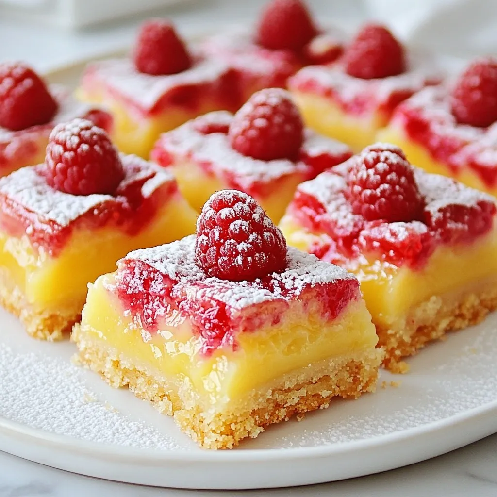 - 1 cup all-purpose flour - 1/4 cup powdered sugar - 1/2 cup unsalted butter, melted - 1/2 teaspoon salt - 2 large eggs - 1 cup granulated sugar - 1 tablespoon lemon zest (from about 2 lemons) - 1/2 cup freshly squeezed lemon juice - 1 cup fresh raspberries (or frozen, thawed) - Optional: powdered sugar for dusting - Cups: Commonly used for dry and liquid ingredients. - Tablespoons: Used for smaller amounts, like zest and juice. - Teaspoons: Used for precise measurements, such as salt. Each ingredient plays a key role. Flour gives the bars structure. Powdered sugar adds sweetness and softness. Butter makes the crust rich and flavorful. Salt enhances the taste of all the other ingredients. Eggs bind the filling. Granulated sugar balances the tartness of lemon. Lemon zest adds a fresh aroma. Freshly squeezed lemon juice brings that zesty flavor. Raspberries add a burst of color and sweetness. You can use frozen raspberries if fresh ones are not available. Optional powdered sugar dusting makes for a nice finish. {{ingredient_image_1}} Start by preheating your oven to 350°F (175°C). This temperature is perfect for baking. While the oven warms up, prepare an 8x8 inch baking pan. You can grease it well or line it with parchment paper. Parchment makes it easier to lift the bars out later. In a medium bowl, mix together the following: - 1 cup all-purpose flour - 1/4 cup powdered sugar - 1/2 cup unsalted butter, melted - 1/2 teaspoon salt Stir these until the mixture looks crumbly. Press this crust mixture firmly into the bottom of your prepared pan. Make sure it’s even and covers the whole base. In a clean bowl, whisk together: - 2 large eggs - 1 cup granulated sugar Mix until smooth. Add in 1 tablespoon of lemon zest and 1/2 cup of freshly squeezed lemon juice. Blend these well. Now, gently fold in 1 cup of fresh raspberries. Be careful not to mash the berries too much. You want some nice chunks. Pour the lemon-raspberry filling over your cooled crust. Spread it out evenly. Place the pan back in the oven and bake for 20-25 minutes. You’ll know they’re done when the filling is set and has a slight golden edge. After baking, take the pan out of the oven. Let it cool completely on a wire rack. Once cool, place it in the fridge for at least 2 hours. This makes the bars easier to cut. When ready, dust with powdered sugar if you like. Then, cut them into squares and enjoy! To get the best crust for your raspberry lemonade bars, be sure to press the crust mixture firmly into the pan. This helps it hold together as it bakes. Bake it until it is lightly golden. That takes about 15 minutes at 350°F. If it is too pale, it will not have the right texture. You want a strong base for the sweet lemon-raspberry filling. If you have dietary needs, you can still enjoy these bars. For a gluten-free version, swap all-purpose flour with a gluten-free blend. You can use coconut oil instead of butter for a dairy-free option. If you need to cut sugar, try a sugar substitute that works in baking. Always check the package for the right amount to use. To keep your bars fresh, store them in the fridge. Place them in an airtight container. They will stay good for about a week. If you want to save them longer, you can freeze them. Wrap each bar in plastic wrap and place them in a freezer-safe bag. They can last for up to three months. Just remember to thaw them in the fridge before serving! Pro Tips Use Fresh Ingredients: Always opt for fresh raspberries and lemons for the best flavor. Fresh ingredients enhance the overall taste and brightness of the bars. Chill Before Serving: Allow the bars to chill in the refrigerator for at least 2 hours. This helps the filling set properly and makes cutting easier. Perfect Crust Texture: Ensure your crust is baked just until golden, as overbaking can lead to a dry texture. It should be crisp yet tender. Dust with Powdered Sugar: For a beautiful presentation, dust the cooled bars with powdered sugar just before serving. It adds a lovely touch and extra sweetness. {{image_2}} You can make vegan raspberry lemonade bars easily. Replace the eggs with flax eggs. To make one flax egg, mix one tablespoon of ground flaxseed with three tablespoons of water. Let it sit for five minutes until it thickens. Use coconut oil instead of butter for a rich flavor. This swap keeps your bars dairy-free but still tasty. For a gluten-free version, swap all-purpose flour for almond flour or a gluten-free blend. Make sure the blend has xanthan gum to help bind the bars. This keeps the texture light and fluffy. You will enjoy the same tangy taste without gluten. You can add different flavors to your bars. Try mixing in a teaspoon of vanilla extract for extra depth. A pinch of fresh mint or basil can add an exciting twist. You could also use other berries like blueberries or blackberries. Each berry brings its unique taste, making your bars even more special. To keep your raspberry lemonade bars fresh, store them in an airtight container. You can layer parchment paper between the bars. This way, they won’t stick together. Place the container in the refrigerator. Keeping them cold helps maintain their texture and flavor. Avoid leaving them at room temperature for too long. When stored properly in the fridge, the bars will last for about one week. If you want them to last longer, consider freezing them. They taste best within the first few days, as the flavors are fresh and vibrant. To freeze your raspberry lemonade bars, first cut them into squares. Arrange them in a single layer on a baking sheet. Freeze them for about one hour until solid. Once frozen, transfer the bars to a freezer-safe container. Make sure to label the container with the date. These bars can last up to three months in the freezer. When ready to enjoy, thaw them in the fridge overnight. Yes, you can use frozen raspberries. Just make sure to thaw them first. They will work well in the recipe. Frozen raspberries may be softer. Handle them gently to avoid mushiness in your bars. Look for a slightly golden top and firm edges. The center should not jiggle when you shake the pan. A toothpick inserted in the middle should come out clean or with a few moist crumbs. Absolutely! You can try using lime, orange, or even grapefruit. Each fruit will bring its unique flavor. Just adjust the zest and juice amounts based on the fruit you choose. Yes, you can reduce the granulated sugar by half. You can also replace some sugar with a natural sweetener. Just be sure to keep the balance of flavors in mind. These bars pair well with fresh fruit or whipped cream. You can also serve them with a scoop of vanilla ice cream. A refreshing mint tea or lemonade would complement them nicely! This post covered the essential steps to make delicious raspberry lemonade bars. You learned about the ingredients, measurements, and tips for a perfect crust. We explored various versions to suit different diets and shared storage best practices. Now you can bake with confidence and enjoy tasty variations. Remember, it's all about adapting the recipes to fit your taste. Enjoy your baking journey and the sweet rewards that come with it!