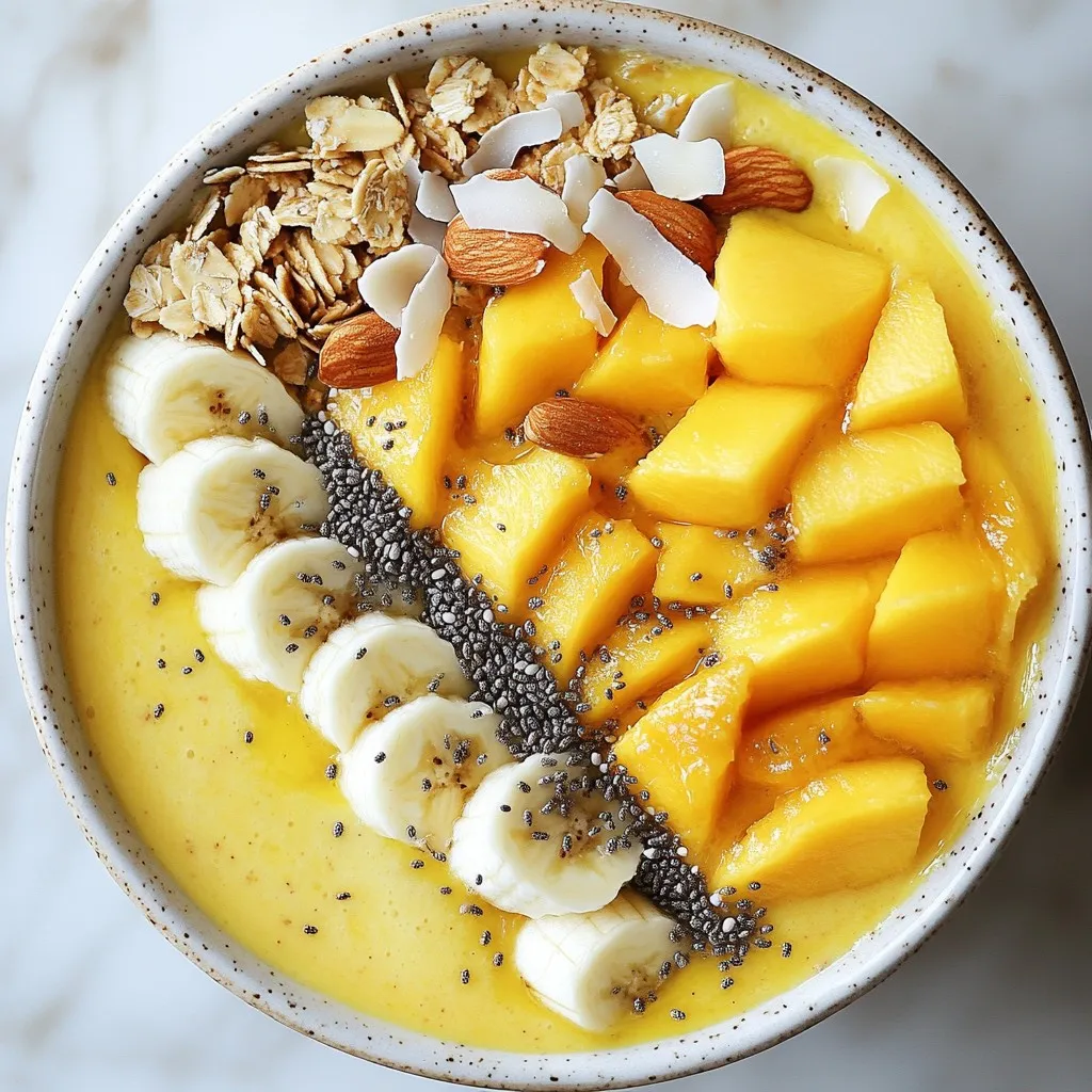 - 1 ripe peach, diced - 1 ripe mango, diced - 1 banana, sliced Fresh fruit makes this bowl bright and tasty. Ripe peaches and mangoes bring sweetness and a smooth texture. Bananas add creaminess and natural sweetness. Use fruit that is soft but not overripe. - 1 cup Greek yogurt - 1/2 cup coconut milk Greek yogurt adds protein and creaminess. It also gives a nice tang. Coconut milk makes the bowl rich and smooth. You can adjust the amount for a thinner mix if needed. - 1 tablespoon honey or maple syrup - 1/2 teaspoon vanilla extract Honey or maple syrup adds more sweetness. You can choose based on your taste. Vanilla extract makes the flavors pop and adds warmth. - Granola - Sliced almonds - Chia seeds - Fresh fruit - Coconut flakes Toppings add crunch and color. Granola gives a nice crunch. Sliced almonds add texture and healthy fats. Chia seeds boost nutrition. Use fresh fruit for extra flavor and coconut flakes for a tropical touch. Mix and match toppings to make it your own! {{ingredient_image_1}} Start by dicing the ripe peach and mango. Use a sharp knife to cut them into small pieces. This makes it easier to blend. Next, slice the banana into thin rounds. Each slice should be about a half-inch thick. Set all the fruit aside. Now, combine all the ingredients in a blender. Add the diced peach, mango, banana, Greek yogurt, and coconut milk. Pour in the honey and vanilla extract too. Blend on high speed until the mixture looks smooth and creamy. If it feels too thick, add a bit more coconut milk. Blend again until you reach the right consistency. Once blended, pour the smoothie mixture into a bowl. Use a spatula to scrape every bit out. Now, it's time to decorate! Add toppings like granola, sliced almonds, chia seeds, and extra fruit. A sprinkle of coconut flakes adds a nice touch. Serve right away with a spoon and enjoy! To get the right thickness, I recommend using coconut milk. Start with half a cup in your mix. If it's too thick, add more coconut milk to smooth it out. Using frozen fruits is another great trick. Frozen peaches or mangoes help keep your smoothie bowl cold and thick. They blend well and add a nice texture. If you're looking for sweet flavor, try alternatives to honey or maple syrup. Agave syrup or date syrup works well. You can also use flavored Greek yogurt to add a twist. Try vanilla or peach-flavored yogurt for extra taste. This small change can make a big difference in your bowl's flavor. Presentation makes your smoothie bowl special. Use creative topping combinations. Picture fresh fruit, crunchy granola, and coconut flakes all together. It's a feast for the eyes! Choose colorful bowls too. A bright bowl makes your dish pop. The more vibrant it looks, the more fun it is to eat. Pro Tips Choose Ripe Fruits: Ensure your peach and mango are perfectly ripe for the sweetest flavor. Look for fruits that yield slightly to pressure and have a fragrant aroma. Adjust Consistency: If your smoothie bowl is too thick, add a splash more coconut milk until you reach your desired creamy consistency. This will make it easier to enjoy with a spoon! Experiment with Toppings: Feel free to mix and match your favorite toppings. Consider adding nuts, seeds, or even a drizzle of nut butter for extra flavor and nutrition. Make It Ahead: Prepare the smoothie mixture the night before and store it in the fridge. In the morning, just add your toppings for a quick and delicious breakfast! {{image_2}} You can mix fruits in your smoothie bowl for fun and flavor. Besides peach and mango, try adding berries, like strawberries or blueberries. Pineapple adds a tropical twist too. Seasonal fruits work great too! In summer, fresh berries shine. In fall, add apples or pears for a cozy taste. If you want a dairy-free option, use almond or soy yogurt instead of Greek yogurt. Coconut yogurt is a great choice too. For vegan eaters, swap honey for maple syrup. This keeps your bowl sweet and plant-based. Boost your smoothie bowl with protein powders or superfoods. Adding a scoop of protein powder helps keep you full. Chia seeds or flaxseeds offer healthy fats and fiber. Nuts like almonds or walnuts add crunch. You can mix and match these add-ins for your perfect bowl! To keep your peach mango smoothie bowl fresh, store it in the fridge. Use an airtight container to prevent spills and keep out air. The smoothie bowl will stay good for about one day. If you want to save it longer, consider freezing it instead. You can freeze smoothie leftovers for later. To do this, pour the smoothie into an ice cube tray or a freezer-safe container. This way, you can use individual portions later on. When you want to eat it, take it out and let it thaw in the fridge overnight. You can also blend it again if you like it smooth. Preparing your smoothie bowl in advance saves time. You can blend the smoothie base and store it in the fridge. Just remember to keep your toppings separate. Adding fresh toppings right before serving keeps them crunchy and tasty. This method makes it easy to enjoy a healthy treat anytime! You can use regular yogurt or a plant-based option. Almond or coconut yogurt works well. These substitutes keep the bowl creamy. Yes, you can make it vegan! Use plant-based yogurt and maple syrup instead of honey. This way, you enjoy the same great taste without animal products. A smoothie bowl lasts about one day in the fridge. It is best to eat it fresh. If you store it, cover it well to keep it from getting brown. Absolutely! Adding protein powder boosts the nutrition. Mix a scoop in with the other ingredients before blending. This makes for a filling meal or snack. A peach mango smoothie bowl is packed with vitamins. Peaches are high in Vitamin C and fiber. Mangos offer Vitamin A and antioxidants. Together, they support your skin and digestion. Greek yogurt adds protein and probiotics, which are good for gut health. This bowl is a tasty way to stay healthy! This blog post guides you through making a tasty peach mango smoothie bowl. We explored fresh fruits, creamy yogurt, sweeteners, and fun toppings. You learned step-by-step how to prepare, blend, and serve. Tips helped you get the perfect mix and present it beautifully. Variations allow for customization based on what you like or need. I hope you enjoy creating your own unique bowls. Remember, it’s all about fresh flavors and personal flair! Enjoy your tasty creations!
