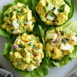 - 4 hard-boiled eggs, peeled and chopped - 1 ripe avocado, mashed - 2 tablespoons Greek yogurt - 1 tablespoon Dijon mustard - 1 tablespoon fresh lemon juice - 1/4 cup red onion, finely chopped - 1/4 cup celery, diced - Salt and pepper, to taste - 8 large romaine or butter lettuce leaves - Optional: fresh herbs (dill or cilantro) for garnish When measuring, use a standard tablespoon for yogurt and mustard. For the lemon juice, a fresh squeeze gives the best flavor. Chop the red onion and celery finely to mix well. This helps each bite have a nice crunch. The eggs should be hard-boiled and cooled before chopping. A ripe avocado is key; it should feel soft but not mushy. Fresh herbs like dill or cilantro can boost the salad's flavor. Feel free to add them if you like. You can also mix in spices like paprika for extra zest. If you want a protein boost, consider adding cooked chicken or tuna. These options can make the wraps even heartier. {{ingredient_image_1}} To start, gather all the ingredients you need. You will need: - 4 hard-boiled eggs, peeled and chopped - 1 ripe avocado, mashed - 2 tablespoons Greek yogurt - 1 tablespoon Dijon mustard - 1 tablespoon fresh lemon juice - 1/4 cup red onion, finely chopped - 1/4 cup celery, diced - Salt and pepper, to taste - 8 large romaine or butter lettuce leaves - Optional: fresh herbs (dill or cilantro) for garnish Make sure your eggs are hard-boiled and cool. Chop them into small pieces. Mash the avocado in a bowl until smooth. In a medium bowl, combine the chopped eggs and mashed avocado. Add the Greek yogurt, Dijon mustard, and lemon juice. Mix well until everything is creamy and smooth. Now, fold in the finely chopped red onion and diced celery. This adds a nice crunch to the salad. Be gentle so you don't break the eggs too much. Season with salt and pepper to taste. If you want, mix in fresh herbs for extra flavor. Now, it's time to put it all together. Take a large lettuce leaf and spoon the avocado egg salad into the center. Fold the sides of the leaf over the filling to make a wrap. If you're using herbs for garnish, sprinkle them on top. Enjoy your wraps right away for the best taste! To get the best texture, start with fresh eggs. Hard-boil them perfectly. Let them cool before peeling. Chop the eggs into small bits. This makes them mix well with the avocado. Mash the avocado until it’s creamy. Combine them gently to keep some egg chunks. This gives a nice bite to each wrap. To boost the flavor, use fresh lemon juice. It adds brightness and cuts through the richness. Dijon mustard brings a tangy kick. You can also add herbs like dill or cilantro. They add freshness and depth. Don’t forget to taste your mix. Adjust salt and pepper as needed. Serve the avocado egg salad in crisp lettuce leaves. Romaine or butter lettuce works great. You can also add toppings like sliced radishes or cherry tomatoes. They add color and crunch. For a fun twist, serve with tortilla chips on the side. This makes a great snack or light lunch. Pro Tips Use Fresh Eggs: For the best flavor and texture, use fresh eggs for boiling. They will be easier to peel and taste better in your salad. Customize Your Herbs: Experiment with different fresh herbs like chives, parsley, or basil to add unique flavors to your avocado egg salad. Make Ahead: Prepare the avocado egg salad in advance and store it in an airtight container in the fridge. It can last for up to 2 days. Choose the Right Lettuce: Opt for sturdy lettuce leaves like romaine or butter lettuce to hold the filling well without tearing. {{image_2}} If you need a swap for Greek yogurt, try using sour cream. It gives a creamy texture and tang. You can also use plain yogurt for a lighter taste. For a dairy-free option, consider using mashed tofu or avocado. These options keep the salad smooth and tasty. Want to boost the protein in your salad? You can chop up some cooked chicken or turkey. Canned tuna or salmon also makes a great addition. For a plant-based choice, try adding chickpeas or black beans. These options not only add protein but also extra flavor and texture. While romaine and butter lettuce work best, you can use other types too. Leafy greens like green leaf or red leaf lettuce are good choices. For a crunchier wrap, consider using iceberg lettuce. Each type adds a unique taste and texture to your wraps. Feel free to explore and find your favorite! To keep your avocado egg salad fresh, place it in an airtight container. Make sure to seal it well to avoid air and moisture. Store it in the fridge right after you make it. This helps to keep the flavors intact and the ingredients fresh. The avocado egg salad will last about 3 days in the fridge. The eggs and Greek yogurt stay fresh, but the avocado can brown quickly. If you notice any brown spots, just mix the salad well, and it should be fine. Always check for any off smells before eating leftovers. You don’t need to reheat this salad. It’s best served cold or at room temperature. If you want, you can enjoy it straight from the fridge or let it sit out for a few minutes before serving. This keeps the flavors bright and fresh. If you prefer warm dishes, consider making a warm egg salad instead. Yes, you can use other types of lettuce. Butter lettuce or romaine works well. They both have sturdy leaves that hold the filling nicely. You can even try collard greens for a fun twist. Just make sure they are large enough to wrap around the filling. You can replace mayonnaise with Greek yogurt. It adds creaminess and a nice tang. You can also use mashed avocado for an even richer flavor. If you like a kick, try adding some mustard or a bit of sour cream. The avocado egg salad lasts about 2-3 days in the fridge. Make sure to store it in an airtight container. If the salad starts to brown, it’s still safe but may not look great. You can add a bit of lemon juice to slow down browning. In this article, we covered how to make delicious egg salad lettuce wraps. You learned about the key ingredients, measurements, and how to prepare them. I shared tips for great texture and flavor. We explored options for protein and different lettuce types. Lastly, I explained storage and reheating methods. Try these wraps for a fun, healthy meal. You’ll enjoy making and eating them often.