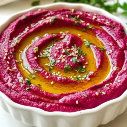 - 2 medium-sized beets, roasted and peeled - 1 can (15 oz) chickpeas, drained and rinsed - 2 tablespoons tahini - 2 tablespoons olive oil - 2 cloves garlic, minced - Juice of 1 lemon - 1 teaspoon ground cumin - Salt and pepper, to taste - Water as needed for desired consistency - Fresh parsley, for garnish - Sesame seeds, for garnish Beets are the star here. Their sweet flavor makes this dip special. Roasting the beets brings out their natural sweetness. You can roast them in foil, which makes them tender and easy to peel. Chickpeas add creaminess and protein. Tahini gives a nutty taste and smooth texture. Fresh garlic adds a nice kick. Lemon juice brightens the flavor and balances the sweetness of the beets. You can swap beets for sweet potatoes for a different flavor. Canned chickpeas work well, but you can also use cooked dried chickpeas. Instead of tahini, try sunflower seed butter for a nut-free option. If you don’t have cumin, use smoked paprika for a unique twist. No fresh parsley? Use cilantro or omit the garnish altogether. {{ingredient_image_1}} Start by preheating your oven to 400°F (200°C). Take two medium-sized beets and wrap them in aluminum foil. This keeps them moist while they roast. Place the wrapped beets on a baking sheet. Roast them for about 45 to 60 minutes. They are done when a fork easily slides in. Let the beets cool before you peel them. The skin will come off easily. Once peeled, chop the beets into chunks. These chunks add great flavor and color to your hummus. Now it’s time to bring everything together. In your food processor, combine the roasted beets, a can of drained and rinsed chickpeas, two tablespoons of tahini, and two tablespoons of olive oil. Add two minced garlic cloves, the juice of one lemon, one teaspoon of ground cumin, and salt and pepper to taste. Pulsing the mixture will blend these flavors. Stop and scrape down the sides of the bowl as needed. Blend until it reaches a smooth texture. If your hummus is too thick, don’t worry! Gradually add water, one tablespoon at a time. Blend after each addition until you reach your desired creamy consistency. This step is key for that perfect dip. Once it looks good, taste it! Adjust the seasoning with more salt, pepper, or lemon juice if necessary. Now, you are ready to serve your vibrant, creamy roasted beet hummus! Roasting beets helps to bring out their natural sweetness. Start by preheating your oven to 400°F (200°C). Wrap each beet in aluminum foil. This method keeps the beets moist and tender. Roast them for 45 to 60 minutes. Check for doneness by inserting a fork. If it goes in easily, your beets are ready. Allow the beets to cool before peeling. Use gloves to prevent staining your hands. To make your hummus shine, use fresh ingredients. Fresh garlic adds a strong, bold taste. Fresh lemon juice provides brightness and balance. Adjust the seasoning to your liking. Taste as you blend and add more salt or lemon juice as needed. For a deeper flavor, add ground cumin. Start with one teaspoon. If you want a richer taste, drizzle in more olive oil. Creamy roasted beet hummus makes a great dip. Serve it with pita chips, fresh veggies, or crusty bread. You can also spread it on sandwiches or wraps for added flavor. For a fun twist, try it with crackers or on a charcuterie board. Garnish with fresh parsley and sesame seeds for a pop of color. Enjoy with friends or family for a delightful snack. Pro Tips Choose Fresh Beets: Selecting fresh, firm beets will enhance the flavor and texture of your hummus. Look for beets that are smooth and free of soft spots. Roasting Tips: Roasting brings out the natural sweetness in beets. For even cooking, try to choose beets of similar size and ensure they are wrapped tightly in foil. Adjusting Texture: If your hummus is too thick, add water gradually to achieve your desired creaminess. Conversely, if it's too thin, blend in more chickpeas or tahini. Garnishing Ideas: Elevate your hummus by garnishing with additional toppings like crumbled feta, chopped nuts, or a drizzle of balsamic glaze for added flavor and visual appeal. {{image_2}} You can change the taste of roasted beet hummus in fun ways. Add fresh herbs like basil, dill, or thyme for a herby twist. If you want some heat, mix in a pinch of cayenne pepper or red pepper flakes. You can even add smoked paprika for a deeper flavor. For a zesty kick, try adding a bit of horseradish or a splash of balsamic vinegar. Each change brings a new flavor to explore. This hummus recipe is already vegan and gluten-free. You can enjoy it without worry. Use gluten-free pita chips or fresh veggies for dipping. If you want to make it even richer, add a bit more tahini or olive oil. You can also adjust the lemon juice for brightness. The beauty of this recipe is its flexibility without losing its core taste. Creamy roasted beet hummus pairs well with many foods. Enjoy it with crunchy veggies like carrots, cucumber, and bell peppers. You can also use it as a spread on sandwiches or wraps. For a snack, serve it with pita chips or crackers. This hummus also shines next to other dips like classic hummus, tzatziki, or guacamole. Mixing and matching dips can make for a fun and colorful platter. To keep your creamy roasted beet hummus fresh, store it in an airtight container. Place it in the fridge. It can stay good for about five days. Make sure to cover the top with a little olive oil. This helps keep it moist and tasty. If you notice any change in smell or texture, it’s best to toss it out. You can freeze hummus for longer storage. Use a freezer-safe container for this. Leave some space at the top, as it will expand. The hummus can last for about three months in the freezer. When you're ready to use it, thaw it in the fridge overnight. You may need to mix in a little water to regain its creamy texture. There’s no need to heat hummus. It tastes great cold! If you want it warm, place it in a pot on low heat. Stir it gently until warm. Be careful not to cook it too long, or it may lose its flavor. Always taste and adjust the seasoning after reheating, as flavors can change. Homemade hummus lasts about 4 to 5 days in the fridge. Store it in a tight container. Always check for any signs of spoilage before eating. It’s best to consume it fresh for the best taste. You can use raw beets, but roasting brings out their natural sweetness. Raw beets have a crunchier texture and a more earthy taste. If you choose raw, slice them thinly and blend them well. Beet hummus pairs well with many foods. Here are some great options: - Fresh veggies: carrots, cucumbers, or bell peppers. - Pita chips or pita bread. - Crackers or breadsticks for crunch. - Spreads on sandwiches or wraps. - Topped on salads for extra flavor. Feel free to mix and match based on what you enjoy! This blog post covered how to make delicious beet hummus. We discussed the key ingredients, how to prepare them, and the best techniques for blending. I shared tips for roasting beets and serving ideas that boost flavor. You now know variations to try, how to store leftovers, and answers to common questions. Beet hummus is not just tasty; it’s also healthy and easy to make. Enjoy creating your own unique flavors!