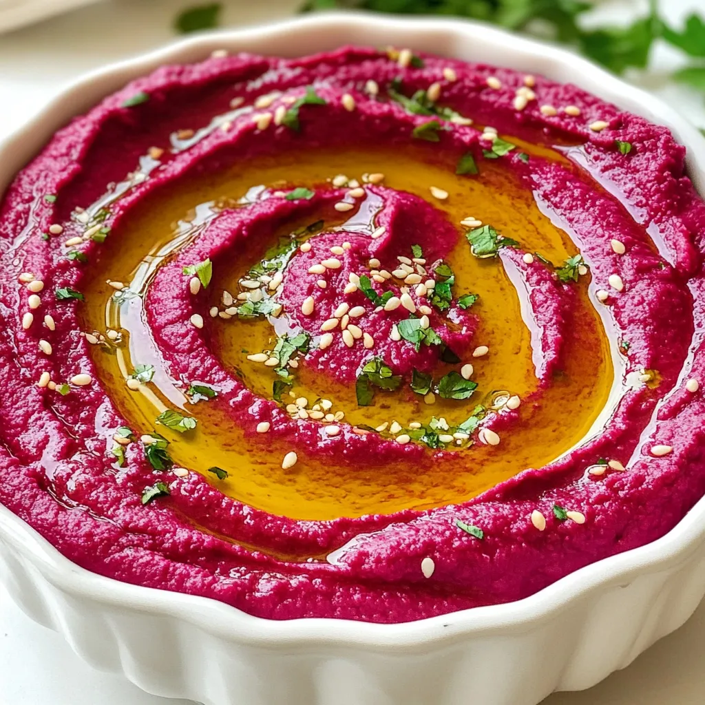 - 2 medium-sized beets, roasted and peeled - 1 can (15 oz) chickpeas, drained and rinsed - 2 tablespoons tahini - 2 tablespoons olive oil - 2 cloves garlic, minced - Juice of 1 lemon - 1 teaspoon ground cumin - Salt and pepper, to taste - Water as needed for desired consistency - Fresh parsley, for garnish - Sesame seeds, for garnish Beets are the star here. Their sweet flavor makes this dip special. Roasting the beets brings out their natural sweetness. You can roast them in foil, which makes them tender and easy to peel. Chickpeas add creaminess and protein. Tahini gives a nutty taste and smooth texture. Fresh garlic adds a nice kick. Lemon juice brightens the flavor and balances the sweetness of the beets. You can swap beets for sweet potatoes for a different flavor. Canned chickpeas work well, but you can also use cooked dried chickpeas. Instead of tahini, try sunflower seed butter for a nut-free option. If you don’t have cumin, use smoked paprika for a unique twist. No fresh parsley? Use cilantro or omit the garnish altogether. {{ingredient_image_1}} Start by preheating your oven to 400°F (200°C). Take two medium-sized beets and wrap them in aluminum foil. This keeps them moist while they roast. Place the wrapped beets on a baking sheet. Roast them for about 45 to 60 minutes. They are done when a fork easily slides in. Let the beets cool before you peel them. The skin will come off easily. Once peeled, chop the beets into chunks. These chunks add great flavor and color to your hummus. Now it’s time to bring everything together. In your food processor, combine the roasted beets, a can of drained and rinsed chickpeas, two tablespoons of tahini, and two tablespoons of olive oil. Add two minced garlic cloves, the juice of one lemon, one teaspoon of ground cumin, and salt and pepper to taste. Pulsing the mixture will blend these flavors. Stop and scrape down the sides of the bowl as needed. Blend until it reaches a smooth texture. If your hummus is too thick, don’t worry! Gradually add water, one tablespoon at a time. Blend after each addition until you reach your desired creamy consistency. This step is key for that perfect dip. Once it looks good, taste it! Adjust the seasoning with more salt, pepper, or lemon juice if necessary. Now, you are ready to serve your vibrant, creamy roasted beet hummus! Roasting beets helps to bring out their natural sweetness. Start by preheating your oven to 400°F (200°C). Wrap each beet in aluminum foil. This method keeps the beets moist and tender. Roast them for 45 to 60 minutes. Check for doneness by inserting a fork. If it goes in easily, your beets are ready. Allow the beets to cool before peeling. Use gloves to prevent staining your hands. To make your hummus shine, use fresh ingredients. Fresh garlic adds a strong, bold taste. Fresh lemon juice provides brightness and balance. Adjust the seasoning to your liking. Taste as you blend and add more salt or lemon juice as needed. For a deeper flavor, add ground cumin. Start with one teaspoon. If you want a richer taste, drizzle in more olive oil. Creamy roasted beet hummus makes a great dip. Serve it with pita chips, fresh veggies, or crusty bread. You can also spread it on sandwiches or wraps for added flavor. For a fun twist, try it with crackers or on a charcuterie board. Garnish with fresh parsley and sesame seeds for a pop of color. Enjoy with friends or family for a delightful snack. Pro Tips Choose Fresh Beets: Selecting fresh, firm beets will enhance the flavor and texture of your hummus. Look for beets that are smooth and free of soft spots. Roasting Tips: Roasting brings out the natural sweetness in beets. For even cooking, try to choose beets of similar size and ensure they are wrapped tightly in foil. Adjusting Texture: If your hummus is too thick, add water gradually to achieve your desired creaminess. Conversely, if it's too thin, blend in more chickpeas or tahini. Garnishing Ideas: Elevate your hummus by garnishing with additional toppings like crumbled feta, chopped nuts, or a drizzle of balsamic glaze for added flavor and visual appeal. {{image_2}} You can change the taste of roasted beet hummus in fun ways. Add fresh herbs like basil, dill, or thyme for a herby twist. If you want some heat, mix in a pinch of cayenne pepper or red pepper flakes. You can even add smoked paprika for a deeper flavor. For a zesty kick, try adding a bit of horseradish or a splash of balsamic vinegar. Each change brings a new flavor to explore. This hummus recipe is already vegan and gluten-free. You can enjoy it without worry. Use gluten-free pita chips or fresh veggies for dipping. If you want to make it even richer, add a bit more tahini or olive oil. You can also adjust the lemon juice for brightness. The beauty of this recipe is its flexibility without losing its core taste. Creamy roasted beet hummus pairs well with many foods. Enjoy it with crunchy veggies like carrots, cucumber, and bell peppers. You can also use it as a spread on sandwiches or wraps. For a snack, serve it with pita chips or crackers. This hummus also shines next to other dips like classic hummus, tzatziki, or guacamole. Mixing and matching dips can make for a fun and colorful platter. To keep your creamy roasted beet hummus fresh, store it in an airtight container. Place it in the fridge. It can stay good for about five days. Make sure to cover the top with a little olive oil. This helps keep it moist and tasty. If you notice any change in smell or texture, it’s best to toss it out. You can freeze hummus for longer storage. Use a freezer-safe container for this. Leave some space at the top, as it will expand. The hummus can last for about three months in the freezer. When you're ready to use it, thaw it in the fridge overnight. You may need to mix in a little water to regain its creamy texture. There’s no need to heat hummus. It tastes great cold! If you want it warm, place it in a pot on low heat. Stir it gently until warm. Be careful not to cook it too long, or it may lose its flavor. Always taste and adjust the seasoning after reheating, as flavors can change. Homemade hummus lasts about 4 to 5 days in the fridge. Store it in a tight container. Always check for any signs of spoilage before eating. It’s best to consume it fresh for the best taste. You can use raw beets, but roasting brings out their natural sweetness. Raw beets have a crunchier texture and a more earthy taste. If you choose raw, slice them thinly and blend them well. Beet hummus pairs well with many foods. Here are some great options: - Fresh veggies: carrots, cucumbers, or bell peppers. - Pita chips or pita bread. - Crackers or breadsticks for crunch. - Spreads on sandwiches or wraps. - Topped on salads for extra flavor. Feel free to mix and match based on what you enjoy! This blog post covered how to make delicious beet hummus. We discussed the key ingredients, how to prepare them, and the best techniques for blending. I shared tips for roasting beets and serving ideas that boost flavor. You now know variations to try, how to store leftovers, and answers to common questions. Beet hummus is not just tasty; it’s also healthy and easy to make. Enjoy creating your own unique flavors!