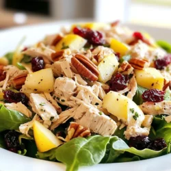 - 2 cups cooked chicken breast, shredded - 1 cup fresh spinach, chopped - 1/2 cup dried cranberries - 1/2 cup pecans, toasted and roughly chopped - 1/2 cup diced apples (Granny Smith or Honeycrisp) These main ingredients create a mix of flavors and textures. The shredded chicken gives protein and heartiness. Fresh spinach adds a bright color and healthy greens. Dried cranberries bring a sweet and tart flavor. Toasted pecans add a nice crunch. Diced apples add sweetness and freshness. - 1/2 cup plain Greek yogurt - 2 tablespoons honey - 1 tablespoon apple cider vinegar - Salt and pepper to taste This dressing is creamy and tangy. Greek yogurt provides a rich base. Honey adds sweetness to balance the tang of apple cider vinegar. A pinch of salt and pepper enhances all the flavors. Mix these ingredients well for a smooth dressing. - Mixed greens - Optional garnishes (e.g., extra nuts, herbs) Serve the salad over a bed of mixed greens. This adds volume and freshness. You can also add extra nuts or herbs as garnishes. This will give your dish a pop of color and extra flavor. {{ingredient_image_1}} Start by getting a medium bowl. Add 2 cups of shredded chicken. Then, toss in 1 cup of chopped spinach. Next, mix in 1/2 cup of dried cranberries. Don't forget to add 1/2 cup of roughly chopped pecans. Finally, include 1/2 cup of diced apples. I love using Granny Smith or Honeycrisp apples for their crispness. Lightly toss everything together until well mixed. In a small bowl, whisk together 1/2 cup of plain Greek yogurt. Add 2 tablespoons of honey for sweetness. Then, mix in 1 tablespoon of apple cider vinegar. Season with salt and pepper to taste. Whisk until the mixture is smooth and creamy. This dressing brings all the flavors together. Pour the dressing over the salad base. Gently fold the mixture to coat all the ingredients evenly. Taste it and adjust the seasoning if needed. If you want, you can add more salt or pepper. After mixing, cover the bowl and refrigerate for at least 30 minutes. This time lets the flavors blend beautifully. When ready to serve, place a bed of mixed greens on each plate. Top it with your delicious cranberry pecan chicken salad. Enjoy every bite! You can choose between poaching and roasting chicken breast. Poaching keeps the chicken moist and tender. This method uses water or broth. Simply simmer the chicken in liquid until fully cooked. Roasting gives a nice, golden color and crispy skin. Rub the chicken with oil and seasonings before placing it in the oven. Both methods work well for this salad. To boost the flavor, add fresh herbs. Dill or parsley can brighten the salad. These herbs pair well with the chicken and cranberries. You can chop them finely and mix them into the salad. A little goes a long way, so start with a small amount. Taste as you go to find what you like best. Toasting pecans is a great way to add crunch. Heat a dry pan over medium heat. Add the pecans and stir often for about five minutes. You want them to smell nutty and look slightly darker. This step makes them crispier and enhances their flavor. Add the toasted pecans to your salad for extra texture. Pro Tips Use Leftover Chicken: This recipe is a great way to use up leftover roasted or rotisserie chicken, saving you time and effort. Toast Your Pecans: Toasting pecans enhances their flavor and adds a delightful crunch to the salad. Simply toss them in a dry skillet over medium heat for a few minutes. Chill for Best Flavor: Allow the salad to chill in the refrigerator for at least 30 minutes. This helps the flavors meld together beautifully. Add More Crunch: For extra texture, consider adding chopped celery or bell peppers to the salad mix. {{image_2}} You can easily make this salad vegan. Simply swap Greek yogurt for dairy-free yogurt. It gives the same creamy texture. Use almond or coconut yogurt for a tasty twist. This change keeps the salad fresh and light. Feel free to adjust the amount of honey based on your taste. If you want to change things up, try using different nuts or fruits. Walnuts add a lovely earthy flavor. Pears bring a sweet crunch that pairs well with the other ingredients. You can mix and match to find your favorite combo. Each swap will give the salad a new character. Adding cheese can elevate your dish. Feta cheese adds a salty kick, while goat cheese brings a creamy texture. Just crumble it on top before serving. These cheeses complement the sweetness of the cranberries and apples. Each bite will burst with flavor and richness. To keep your cranberry pecan chicken salad fresh, store it in an airtight container. This helps stop air from getting in and keeps the salad from drying out. Make sure the lid fits tightly. You can use glass or plastic containers. Both work well. Avoid using a bowl covered with plastic wrap. It does not seal as well. In the fridge, this salad lasts about three to four days. After that, the quality may drop. The chicken might dry out, and the apples could get mushy. Always check for any signs of spoilage, like a strange smell or color change. If you see these, it’s best to toss it out. Freezing cranberry pecan chicken salad is not the best choice. The texture can change when thawed. However, if you need to freeze it, separate the dressing from the salad. Freeze the salad base without the dressing for up to three months. When ready to eat, thaw it in the fridge overnight. Then, add the dressing before serving. This way, you keep the flavors fresh and tasty. You can easily make this salad ahead of time. Prepare the salad base first. Mix the chicken, spinach, cranberries, pecans, and apples in a bowl. In another bowl, combine the Greek yogurt, honey, apple cider vinegar, salt, and pepper. Pour the dressing over the chicken mix and fold gently. Cover the salad well and place it in the fridge. This salad tastes even better after sitting for a while. Just remember to add the dressing right before you serve. You can serve this salad with many sides. I enjoy it with crusty bread or fresh rolls. You could also add a bowl of soup for a warm meal. For a lighter option, pair it with sliced cucumbers or carrot sticks. This salad also works well as a filling on a sandwich. Just layer it on your favorite bread for a tasty lunch. Yes, this salad is gluten-free. All the ingredients, like chicken, spinach, and nuts, contain no gluten. This makes it a great option for people with gluten sensitivities. Just be sure to check any packaged items, like the Greek yogurt, to confirm they are gluten-free. Enjoy this fresh and tasty dish worry-free! This post covered how to make a Cranberry Pecan Chicken Salad. You learned about key ingredients, like shredded chicken, spinach, and cranberries. We discussed the dressing, preparation steps, and serving tips. You can adjust the recipe for diet needs or add new flavors. Now, you can enjoy a tasty salad any time. With simple steps and fresh ingredients, you have a healthy meal ready to go. Try it out and make it your own!