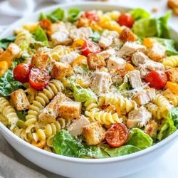 To make this Chicken Caesar Pasta Salad, start with 8 ounces of rotini pasta. This shape holds the dressing well and adds a fun twist. Next, use 1 cup of cooked chicken breast, chopped into bite-sized pieces. You can grill, bake, or boil the chicken. Each method gives great flavor. For freshness, add 1 cup of chopped romaine lettuce. This adds crunch and color. Toss in ½ cup of halved cherry tomatoes for a sweet burst. Finally, sprinkle on ¼ cup of grated Parmesan cheese. This cheese adds a salty, nutty flavor that complements the salad well. For the dressing, you will need ⅓ cup of Caesar dressing. This gives your salad that classic taste. Add ¼ teaspoon of garlic powder for a hint of spice. Don’t forget to season with freshly cracked black pepper to taste. This adds another layer of flavor. Top your salad with croutons for extra crunch and fun! {{ingredient_image_1}} Start by boiling a large pot of salted water. Once the water bubbles, add 8 ounces of rotini pasta. Cook it as the package says until it is al dente. This means it should be firm but not hard. Drain the pasta and rinse it under cold water. This helps cool it down and stops the cooking. Next, take a small bowl and mix ⅓ cup of Caesar dressing with ¼ teaspoon of garlic powder and some black pepper. Stir it well to blend the flavors. You can taste it and add more seasoning if you like. This dressing will bring all the flavors together. In a large mixing bowl, add the cooled pasta. Then, add 1 cup of chopped cooked chicken, 1 cup of chopped romaine lettuce, and ½ cup of halved cherry tomatoes. Sprinkle in ¼ cup of grated Parmesan cheese. These ingredients make the salad colorful and tasty. Pour the dressing over the mixture. Toss everything gently until the pasta and veggies are well coated. To let the flavors mix well, cover the bowl and put it in the fridge for at least 30 minutes. Chilling brings out the best taste in your salad. When you are ready to serve, give the salad one last toss. Top it with croutons for crunch. You can serve it in a big bowl or on individual plates. For extra flair, add more Parmesan cheese and a few whole cherry tomatoes on top. This makes your dish look appealing and inviting. To make great pasta, always start with salted water. Use about one tablespoon of salt for every four quarts of water. Bring the water to a full boil before adding the rotini. This helps the pasta cook evenly. Follow the package instructions for cooking time. Aim for al dente, which means the pasta should be firm but not hard. After cooking, drain the pasta and rinse it with cold water. This stops the cooking process and keeps it from getting sticky. While Caesar dressing is a classic, you can mix it up! Try adding fresh herbs like basil or dill for a twist. You can also use yogurt instead of Caesar dressing for a lighter option. If you like heat, add a dash of hot sauce or red pepper flakes. A squeeze of lemon juice brightens the flavors. Mixing in extra garlic gives it a nice kick too. Feel free to experiment and find your perfect blend. If you want to make this dish ahead of time, it’s easy! Prepare the pasta and salad a few hours before serving. Just wait to add the croutons until right before you serve. This keeps them crunchy. You can store the salad in an airtight container in the fridge. It tastes great even after a day or two. Just give it a quick toss before serving to refresh the flavors! Pro Tips Use Fresh Ingredients: Fresh romaine lettuce and ripe cherry tomatoes enhance the flavor and texture of your salad. Customize Your Dressing: Feel free to add extra garlic, lemon juice, or anchovy paste to the dressing for a bolder flavor. Chill for Best Flavor: Allowing the salad to chill for at least 30 minutes helps the ingredients meld together beautifully. Make it Your Own: Add other ingredients like avocado, bacon, or olives to customize the salad to your taste. {{image_2}} You can easily make a vegetarian version of Chicken Caesar Pasta Salad. Simply swap the chicken for chickpeas or grilled tofu. Both options give you protein without meat. For the dressing, use a plant-based Caesar dressing. This keeps the creamy taste while making it suitable for vegetarians. Want to boost the flavor? Try adding ingredients like olives, bell peppers, or artichoke hearts. These add-ins bring more color and taste. You can also toss in some crispy bacon bits for a smoky touch. Each addition makes the salad more exciting and fun to eat. If you need a gluten-free option, use gluten-free rotini pasta. Many stores offer it now. You can also check the dressing label to ensure it’s gluten-free. With these simple swaps, you can enjoy a tasty Chicken Caesar Pasta Salad that fits your diet. To keep your Chicken Caesar Pasta Salad fresh, store it in an airtight container. This helps to lock in flavor and moisture. Make sure the salad is completely cool before sealing. If you added croutons, store them separately. They stay crunchy that way. You can serve this pasta salad cold. Just take it out of the fridge and toss it again. If you prefer it warm, heat it in a pan over low heat. Stir gently to avoid mushy pasta. This pasta salad lasts about three days in the fridge. After that, it may lose its taste and crunch. Use it within this time for the best flavor. If you see any signs of spoilage, like odd smells or colors, throw it away. Enjoy your tasty Chicken Caesar Pasta Salad while it’s fresh! Yes, you can swap rotini for other pasta types. Fusilli, penne, or bowtie work great too. Just pick a shape you enjoy. The key is to cook it until al dente. This gives the best texture for your salad. You have options! You can use ranch dressing or a yogurt-based dressing. For a lighter flavor, try a lemon vinaigrette. These swaps can give you a new twist on the salad. Just taste as you go to find what you like best. You can store the salad in the fridge for about three days. Make sure to keep it in an airtight container. If you add croutons, store them separately. This keeps them crunchy until you're ready to eat. This blog post covered how to make a delicious Chicken Caesar Pasta Salad. We explored the key ingredients, from pasta and chicken to a zesty dressing. I shared step-by-step instructions to help you cook the pasta and chill the salad. We also offered helpful tips to ensure your pasta turns out perfect. You learned options for make-ahead meals and variations for different diets. As you create your salad, remember to enjoy the process and make it your own. Happy cooking!