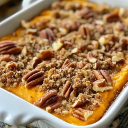 - 4 medium sweet potatoes, peeled and cubed - 1/2 cup maple syrup - 1/4 cup unsweetened almond milk (or any milk of choice) - 2 tablespoons unsalted butter, melted - 1 teaspoon vanilla extract - 1 teaspoon cinnamon - 1/2 teaspoon nutmeg - 1/2 teaspoon salt - 1 cup pecans, chopped - 1/2 cup brown sugar - 1/4 cup flour (all-purpose or gluten-free) - 1/4 cup coconut oil, melted (or unsalted butter) To create this Maple Pecan Sweet Potato Casserole, I always start with fresh ingredients. The sweet potatoes are the star of the dish. They provide a creamy texture and sweet flavor. I prefer medium-sized sweet potatoes for this recipe. Next, I add maple syrup for that rich, sweet taste. It blends beautifully with the sweet potatoes and brings warmth to the dish. The almond milk adds a smooth creaminess. You can use any milk you like, but I find almond milk works best. Butter adds richness, while vanilla extract enhances sweetness. Cinnamon and nutmeg give the casserole a cozy flavor profile. Don’t forget the salt—it balances the sweetness perfectly. The topping is key! Chopped pecans add a delightful crunch. I mix them with brown sugar and flour. This creates a crumbly topping that bakes to a golden brown. Coconut oil or more butter makes it even richer. These simple ingredients come together to create a dish that's both comforting and delicious. I love the way every bite brings a smile! {{ingredient_image_1}} - Preheat your oven to 350°F (175°C). - Boil four medium sweet potatoes until fork-tender, about 15 minutes. - Drain and let them cool slightly before mashing in a mixing bowl. - Stir in half a cup of maple syrup and a quarter cup of almond milk. - Add melted butter, vanilla extract, cinnamon, nutmeg, and salt. Mix well. - Transfer this sweet potato mixture into a greased 9x13 inch baking dish. - In a separate bowl, mix one cup of chopped pecans, half a cup of brown sugar, and a quarter cup of flour. - Pour in melted coconut oil and stir until crumbly. - Sprinkle this pecan topping evenly over the sweet potato layer. - Bake the casserole for 25-30 minutes until the topping is golden brown. To get the right sweet potato texture, choose firm sweet potatoes. Peel and cube them evenly. Boil them until fork-tender, about 15 minutes. Drain them well to avoid excess water. Mash until smooth but leave a few lumps for texture. This adds depth to your casserole. For the perfect pecan topping, chop your pecans roughly, leaving some larger pieces for crunch. Combine them with brown sugar, flour, and melted coconut oil. Mix until crumbly but don’t over-mix. This will create a nice crisp layer on top. Garnish with a drizzle of maple syrup and a sprinkle of extra pecans. This adds sweetness and a lovely crunch. You can also serve it warm straight from the baking dish. It looks great and keeps the casserole warm. Maple Pecan Sweet Potato Casserole goes well with roasted meats and green salads. Pair it with turkey or ham for a cozy meal. It also shines at holiday gatherings, making it a crowd favorite. For a dairy-free version, use unsweetened almond milk and coconut oil instead of butter. This keeps the dish creamy and rich without dairy. If you need a gluten-free option, substitute regular flour with gluten-free flour. For a vegan version, replace the butter with coconut oil and ensure the milk is plant-based. The maple syrup adds sweetness naturally, so you won’t miss the eggs. Pro Tips Use Fresh Sweet Potatoes: For the best flavor and texture, choose firm, unblemished sweet potatoes. Fresh ones will yield a creamier mash. Customize the Milk: Feel free to substitute the almond milk with any milk of your choice, like oat or coconut milk, to enhance the flavor profile. Make Ahead: This casserole can be prepared a day in advance. Simply assemble and store in the fridge, then bake when ready to serve. Add a Pinch of Sea Salt: Sprinkling a touch of sea salt over the pecan topping before baking will enhance the flavors and add a nice contrast to the sweetness. {{image_2}} You can make this casserole even more tasty! Adding spices like ginger or allspice gives it a warm kick. Just a pinch can change the whole dish. You might also try adding dried fruits like cranberries or raisins. They add a sweet burst and a chewy texture. These simple changes can make your casserole unique. Not a fan of almond milk? You can use any milk you like, such as oat or soy milk. If you want a richer flavor, swap unsalted butter for coconut oil. It adds a slight coconut taste. For nuts, feel free to use walnuts or pecans. Each nut brings its own flavor and crunch. You can even mix in seeds for added texture. For holidays, add festive flavors. Try mixing in orange zest or a touch of maple extract. These flavors make it feel special. You can also decorate the top with mini marshmallows or candy pecans for a festive look. In summer, lighten it up! Use fresh fruits like peaches or berries. This gives the dish a fresh, seasonal twist that everyone will love. To store your Maple Pecan Sweet Potato Casserole, let it cool first. Place it in an airtight container. You can keep it in the fridge for up to five days. This makes it great for meal prep or leftovers. Just make sure it is sealed tightly to avoid drying out. If you want to freeze the casserole, wrap it well in plastic wrap and then aluminum foil. It can last in the freezer for about three months. When you're ready to eat it, thaw it in the fridge overnight. This way, it keeps its flavor and texture. To reheat, the best method is to use the oven. Preheat it to 350°F (175°C). Cover the casserole with foil to prevent it from drying out. Heat for about 20-25 minutes or until warm. You can also use a microwave. Just heat in short bursts, stirring in between. This helps maintain the taste. You can tell the casserole is done by checking the topping. It should be golden brown and crisp. The edges should bubble slightly, showing it's heated through. If you insert a fork in the center, it should feel soft. Yes, you can make this casserole ahead of time. Prepare it fully, then cover it well. Store it in the fridge for up to two days. When ready to bake, just add about 10 extra minutes to the cooking time. This casserole pairs well with many dishes. You can serve it with roasted chicken or turkey. It also goes nicely with green beans or a fresh salad. Try adding cranberry sauce for a tasty contrast. Yes, you can easily make this dish vegan. Use almond milk or any plant-based milk. Swap the butter for coconut oil or vegan butter. Replace the eggs with a flaxseed mixture for binding. Enjoy the same great taste! This blog post covers a delicious Maple Pecan Sweet Potato Casserole recipe. You learned about the key ingredients, step-by-step instructions, and helpful tips for perfecting the dish. I also shared variations and storage strategies. I encourage you to try this recipe at your next gathering. It combines sweet flavors with a crunchy topping for a delightful meal. With a few tweaks, you can make it fit any dietary need. Enjoy cooking and sharing this tasty dish!