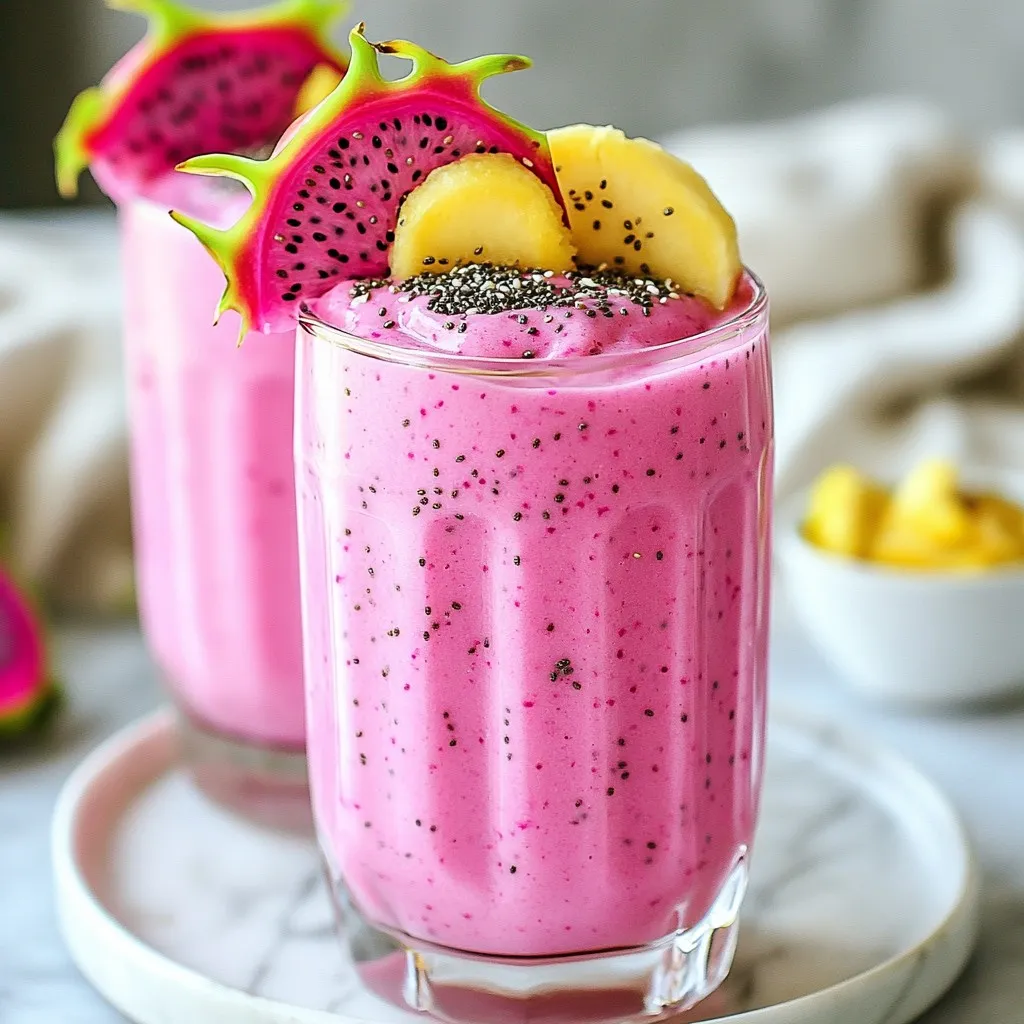 To make a delicious Tropical Dragon Fruit Smoothie, gather these main ingredients: - 1 ripe dragon fruit, peeled and chopped - 1 frozen banana - 1 cup coconut milk (or almond milk) - 1/2 cup pineapple chunks (fresh or frozen) These ingredients create a creamy and vibrant base for your smoothie. The dragon fruit gives it a unique look and taste. The banana adds natural sweetness and creaminess. Coconut milk keeps it rich and smooth, while pineapple brings a tropical twist. You can enhance your smoothie with these optional ingredients: - 1 tablespoon honey or agave syrup (for sweetness) - 1 tablespoon chia seeds (for added nutrition) - Ice cubes (for a thicker texture) Adding honey or agave syrup gives a touch of sweetness if needed. Chia seeds boost the fiber and protein content. Ice cubes can make your smoothie colder and thicker, perfect for hot days. To prepare your smoothie, you will need: - A blender - Measuring cups - A knife (for cutting fruit) - A cutting board A good blender is key for mixing everything into a smooth texture. Measuring cups help you get the right amounts. Use a knife and cutting board to prepare your fruits. {{ingredient_image_1}} First, gather all your ingredients. You will need: - 1 ripe dragon fruit, peeled and chopped - 1 frozen banana - 1 cup coconut milk (or almond milk) - 1/2 cup pineapple chunks (fresh or frozen) - 1 tablespoon honey or agave syrup (optional) - 1 tablespoon chia seeds (optional) - Ice cubes (optional) Start by peeling the dragon fruit. Its bright pink skin looks fun, but you want the white flesh inside. After peeling, chop it into small pieces. Next, grab your frozen banana. The frozen banana adds a nice creaminess and chill to your smoothie. If you have fresh pineapple, cut it into chunks. If not, frozen works great too. Ensure everything is ready before blending. Now, it’s time to blend! In your blender, add the chopped dragon fruit, frozen banana, coconut milk, and pineapple chunks. If you want a sweeter drink, add honey or agave syrup now. For added nutrition, sprinkle in chia seeds. Blend on high speed until everything is smooth. If you want it thicker or colder, toss in a handful of ice cubes. Blend again until the mixture is creamy and thick. Always taste your smoothie. If you want it sweeter or thinner, adjust with more milk or sweetener. Pour your smoothie into chilled glasses. The vibrant pink color looks amazing! To make it even more special, garnish with extra dragon fruit slices or pineapple on top. You can also sprinkle some chia seeds for texture. Using clear glasses lets everyone see the beautiful colors. A colorful straw adds a fun touch. Enjoy this refreshing drink with friends or family! When picking dragon fruit, look for bright pink skin. It should feel slightly soft when you press it. If the skin is dull or hard, it’s not ripe yet. You can also check for small green tips on the top. If they are dry, the fruit is ready to eat. A ripe dragon fruit has a sweet taste and smooth texture. If you want your smoothie sweeter, add more honey or agave syrup. You can also use a riper banana for natural sweetness. For a thicker smoothie, add more ice cubes or less coconut milk. If the smoothie is too thick, pour in more coconut milk to thin it out. Blend again until you reach your desired consistency. If you have leftover smoothie, transfer it to a sealed container. Store it in the fridge for up to one day. When you’re ready to drink it, shake or stir well. If it separates, that’s normal. You can add a splash of coconut milk to bring back the creamy texture. Pro Tips Choose Ripe Dragon Fruit: Look for dragon fruit that is bright pink or yellow with slightly soft skin for the best flavor and sweetness. Freeze Your Bananas: Using frozen bananas not only adds creaminess but also keeps your smoothie cold and refreshing without needing too much ice. Customize Your Milk: Coconut milk adds a tropical flavor, but almond milk or oat milk can also be used for a lighter option. Experiment with Toppings: Add a variety of toppings like granola, coconut flakes, or fresh fruit to enhance texture and presentation. {{image_2}} You can mix and match fruits in your smoothie. Try adding mango for a sweet twist. Strawberries add a nice tartness. You could also use kiwi for a tangy flavor. Each fruit changes the taste and color. Experimenting with fruits keeps your smoothies fun and fresh. If you want a dairy-free or vegan smoothie, choose almond milk instead of coconut milk. Almond milk gives a light, nutty flavor. You can also use oat milk for a creamier texture. Both options keep your smoothie delicious and plant-based, perfect for everyone to enjoy. Boost your smoothie with superfoods for added health benefits. Chia seeds are great for fiber and omega-3s. You can also add spinach for vitamins without changing the taste much. Flaxseeds add healthy fats and protein. These small additions can make a big difference in nutrition. A serving of Tropical Dragon Fruit Smoothie has around 250 calories. Here is how it breaks down: - Dragon Fruit: 60 calories - Frozen Banana: 100 calories - Coconut Milk: 50 calories - Pineapple Chunks: 40 calories - Honey or Agave Syrup: 20 calories (optional) - Chia Seeds: 60 calories (optional) This smoothie is filling and tasty, making it a great snack or light meal. Dragon fruit is not just pretty; it is also very healthy. It is packed with vitamins and minerals. Here are some benefits: - High in Vitamin C: This boosts your immune system. - Rich in Antioxidants: These help fight free radicals in your body. - Good for Digestion: It has fiber, which keeps your gut healthy. - Hydrating: With its high water content, it helps keep you hydrated. Adding dragon fruit to your diet can improve your overall health. You can make your smoothie even better with optional add-ins. Here are the nutrition facts: - Honey (1 tablespoon): 64 calories, 17g sugar - Chia Seeds (1 tablespoon): 58 calories, 5g fiber, 3g protein These add-ins give extra flavor and nutrition. They can help you feel full longer and make the smoothie more satisfying. Dragon fruit is a bright, tropical fruit. It has a sweet taste and a unique look. You can eat it raw or blend it. It is low in calories and high in vitamins. One cup gives you: - Vitamin C - Antioxidants - Fiber - Magnesium These nutrients help boost your immune system and support digestion. You can use both fresh and frozen ingredients. Frozen fruits make your smoothie cold and thick. They also save time because they last longer. Fresh fruits give a bright flavor, but you may need ice for texture. Both choices work well in your tropical dragon fruit smoothie. To make your smoothie thicker, add ice cubes or more frozen fruits. You can also use less liquid. If you want it thinner, just add more coconut or almond milk. Blend until you reach your desired consistency. It’s all about finding what you enjoy most! We explored the key components of a tasty tropical dragon fruit smoothie. You learned about the main and optional ingredients, plus the equipment needed to create it. I shared step-by-step instructions for preparing, blending, and serving your smoothie. You also discovered helpful tips for selecting ripe fruit and storing leftovers. With variations and nutritional insights, you can easily customize your drink. Enjoy making and sharing this delicious and healthy treat, and remember, it’s all about using fresh and fun ingredients to make it your own.