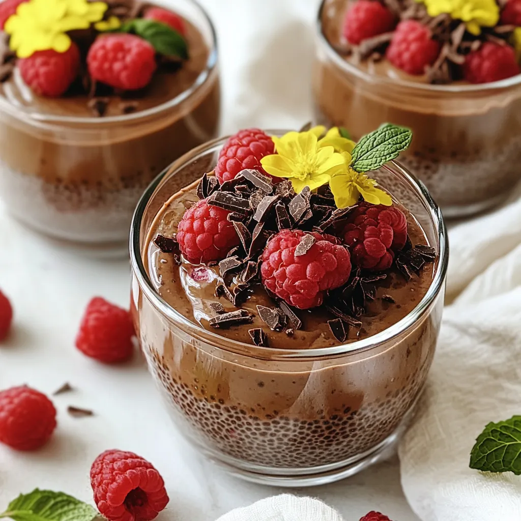 To make a rich and healthy Chocolate Raspberry Chia Pudding, gather these simple ingredients: - 1/2 cup chia seeds - 2 cups almond milk (or any preferred plant-based milk) - 3 tablespoons cocoa powder - 2 tablespoons maple syrup (adjust to taste) - 1 teaspoon vanilla extract - 1 cup fresh raspberries - Pinch of sea salt - Dark chocolate shavings (for garnish) - Extra raspberries and mint leaves (for garnish) Each ingredient plays an important role. Chia seeds are the star. They soak up liquid and create a thick, pudding-like texture. Almond milk adds creaminess, while cocoa powder gives that rich chocolate flavor. Maple syrup brings sweetness, and vanilla extract adds depth. Fresh raspberries provide a fruity burst, and sea salt enhances all the flavors. You can adjust the maple syrup for sweetness based on your taste. If you like it sweeter, add more. For a fun twist, try different plant-based milks, like coconut or oat milk. Each will give a unique flavor to your pudding. Don’t forget the garnishes! Dark chocolate shavings add a touch of elegance, and mint leaves bring a fresh flavor. Extra raspberries not only look great but also add more fruitiness. This pudding is not just a treat; it’s a feast for your eyes and taste buds! {{ingredient_image_1}} First, grab a medium-sized mixing bowl. In this bowl, combine: - 1/2 cup chia seeds - 2 cups almond milk (or your favorite plant-based milk) - 3 tablespoons cocoa powder - 2 tablespoons maple syrup (you can adjust this to your taste) - 1 teaspoon vanilla extract - A pinch of sea salt Next, take a whisk and mix everything together well. You want the cocoa powder to dissolve fully. This step is key to avoid any lumps in your pudding. Once mixed, let the pudding sit for about 5 minutes. This allows the chia seeds to start absorbing the liquid. Then, whisk it again to make sure the seeds don’t clump together. After that, cover the bowl with plastic wrap or a lid. Place it in the fridge for at least 4 hours, or overnight if you can wait. This chilling time helps the pudding thicken beautifully. When you’re ready to serve, take the pudding out of the fridge. Give it a gentle stir to ensure a smooth texture. Now, it’s time to layer it! Divide the chocolate chia pudding evenly into bowls or glasses. Top each serving with a handful of fresh raspberries. For a finishing touch, sprinkle dark chocolate shavings on top and add a few mint leaves for color. Enjoy your rich and healthy treat! To get the right thickness for your pudding, stir well. You want a creamy, smooth mix. If it feels too runny, let it sit longer in the fridge. This helps the chia seeds absorb more liquid. Stir again after five minutes to avoid clumping. Chia seeds can stick together if not mixed well. Serve your pudding in clear glasses. This shows off the lovely layers of chocolate and raspberries. For extra flair, drizzle some maple syrup on top. This adds sweetness and looks amazing. You can also add a few mint leaves. They give a bright touch and a fresh taste. Taste your pudding before serving. If you want it sweeter, add more maple syrup. Start with a small amount and mix well. You can also try other sweeteners, like agave or honey. Each option offers a unique flavor. Just remember to adjust the amount based on your choice. Pro Tips Chia Seed Soaking Time: Allow the chia seeds to soak for at least 4 hours or overnight for optimal texture and consistency. Sweetness Adjustment: Taste the pudding before serving and adjust the sweetness with additional maple syrup if desired. Fresh Raspberries: Use fresh raspberries for the best flavor; frozen ones can be used but may result in a watery texture. Presentation Matters: Serve in clear glasses to highlight the beautiful layers of chocolate and raspberries, making it visually appealing. {{image_2}} You can make your chocolate raspberry chia pudding even better with some fun tweaks. Adding a pinch of cinnamon or nutmeg can bring warmth and depth to the flavor. These spices work well with the chocolate and raspberry, making each bite a delightful experience. Feel free to experiment with different fruits too. You might try adding sliced bananas or diced mango. Each fruit brings its own taste and texture, adding new layers of flavor. Fresh strawberries or blueberries can also be great choices. Just think about what fruits you love! If you need nut-free options, swap almond milk for oat or coconut milk. This keeps the pudding creamy and delicious. For a dairy-free twist, stick with your favorite plant-based milk. You can also change sweeteners based on your diet. Agave syrup or honey can replace maple syrup. Just adjust the amount to your taste. These small changes can help you enjoy this treat while sticking to your dietary needs. To keep your chocolate raspberry chia pudding fresh, store it in airtight containers. This prevents air from getting in and keeps it tasty. You can use glass jars or plastic containers with tight-fitting lids. If done right, your pudding lasts up to five days in the fridge. You usually do not need to reheat chia pudding. It tastes best chilled and creamy. If you prefer it warm, gently heat it in a pot on low heat. Stir often to avoid clumping. After storing, give the pudding a gentle stir. This helps keep the texture smooth. Serve it in clear cups to show off the layers. Top with extra raspberries and chocolate shavings for a beautiful look. Enjoy your rich and healthy treat! Chocolate raspberry chia pudding lasts about 5 days in the fridge. Store it in an airtight container. This keeps it fresh and ready to eat. If you see any signs of spoilage, toss it out. Yes, this recipe is already vegan-friendly! Use almond milk or any plant-based milk you like. All ingredients are plant-based, so you can enjoy this treat without worry. If you don’t have chia seeds, you can use flaxseeds. Ground flaxseeds work best. They will give a similar texture but may change the flavor a bit. You could also try tapioca pearls for a fun twist. Yes, you can add protein powder! Mix it in when you combine the other ingredients. Start with one scoop and adjust to taste. This adds a nice nutritional boost to your pudding. This chocolate raspberry chia pudding recipe combines rich flavors and healthy ingredients. You learned how to create it step by step, from mixing to serving. Remember the tips for perfect texture and presentation. Don't hesitate to try variations and adapt it to your needs. This pudding is easy to store and reheat when done right. Enjoy making this delicious treat, and let your creativity shine in the kitchen!
