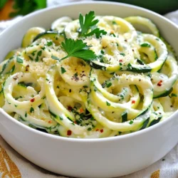 - 4 medium zucchini (spiralized) - 1 cup heavy cream - 1 cup freshly grated Parmesan cheese - 3 cloves garlic (minced) - 2 tablespoons unsalted butter - 1 teaspoon Italian seasoning - Salt and pepper (to taste) - Fresh parsley (for garnish) - Red pepper flakes (optional) To make Garlic Parmesan Zoodle Alfredo, you need fresh and simple ingredients. Start with four medium zucchini. Spiralize them to create zoodles. You can use a spiralizer, which is easy and fun. Next, grab one cup of heavy cream. This will make your dish rich and creamy. You also need one cup of freshly grated Parmesan cheese. Grating your cheese fresh gives better flavor. Then, prepare three cloves of garlic. Mince them finely for the best taste. Next, you will need two tablespoons of unsalted butter. This will help sauté the garlic. Use one teaspoon of Italian seasoning for added flavor. Don't forget salt and pepper to taste. For a pop of color, use fresh parsley for garnish. If you like a little spice, add red pepper flakes. You can adjust this to your heat preference. These ingredients come together to create a delightful dish. Each one adds to the creamy and savory experience of Garlic Parmesan Zoodle Alfredo. {{ingredient_image_1}} - First, grab four medium zucchinis. Use a spiralizer to create long noodles. This fun tool turns zucchini into zoodles! - If you want softer noodles, sauté them lightly. Heat a pan over medium heat. Cook the zoodles for 2-3 minutes. This step helps them absorb the sauce better. - In a large skillet, melt two tablespoons of unsalted butter over medium heat. The butter adds richness to the sauce. - Once melted, add three minced garlic cloves. Sauté for 1-2 minutes until you smell the garlic's lovely aroma. Be careful not to burn it! - Now, pour in one cup of heavy cream. Stir it well with the garlic. Bring this mix to a gentle simmer. - Gradually whisk in one cup of freshly grated Parmesan cheese. Stir continuously until it melts smoothly into the sauce. This creates that creamy texture we love! - Season with one teaspoon of Italian seasoning, salt, and pepper to taste. If you like heat, sprinkle in some red pepper flakes. - Finally, add the spiralized zoodles to the skillet. Toss them gently in the sauce over medium-low heat for about 2-3 minutes. This helps the zoodles soak up all that delicious flavor. To make zoodles just right, focus on texture. You want them tender but not mushy. If you like softer zoodles, sauté them for 2-3 minutes. This makes them warm and enhances flavor. Remember to drain excess moisture after cooking. This step keeps your dish from being watery. Get creative with seasoning! You can add more Italian seasoning or fresh herbs like basil. For a kick, sprinkle in red pepper flakes. Want to add protein? Try grilled chicken or shrimp. Tofu works well for a vegetarian twist. Each added ingredient can change the dish in fun ways. Pair your zoodles with a fresh salad or crusty bread. Serve with a sprinkle of extra Parmesan on top. For a pop of color, add fresh parsley. When plating, make sure to twirl the zoodles into nests. This makes your dish look great and inviting. Pro Tips Choose Firm Zucchini: Select firm zucchini for zoodles to ensure they hold their shape and texture during cooking. Grate Your Own Cheese: Freshly grated Parmesan melts more smoothly than pre-grated cheese, enhancing the creaminess of your sauce. Control Moisture: If your zoodles are too watery, sprinkle them with salt and let them sit for a few minutes to draw out excess moisture before cooking. Customize Seasoning: Adjust the level of Italian seasoning and red pepper flakes based on your taste preferences to create a sauce that suits you best. {{image_2}} You can change a few ingredients for different diets. If you want a dairy-free option, use coconut cream or cashew cream. Both give a rich taste without dairy. For a low-sodium version, swap heavy cream for unsweetened almond milk. You can also skip the salt in the sauce. To make this dish vegan, replace heavy cream with coconut milk and Parmesan with nutritional yeast. This keeps the creamy texture and adds a cheesy flavor. For those on a gluten-free diet, this recipe is already gluten-free since it uses zucchini noodles. Just check the cheese label to ensure it’s gluten-free too. To make this dish heartier, add protein. Grilled chicken or shrimp works well. Cook them separately and toss them into the zoodle mix at the end. If you prefer vegetarian options, try adding chickpeas or tofu. Both add protein and pair nicely with the creamy sauce. To store Garlic Parmesan Zoodle Alfredo, place leftovers in an airtight container. This keeps the dish fresh and prevents odors. You can refrigerate it for up to three days. After that, the zoodles may get mushy and lose flavor. Reheat your zoodles gently to keep them al dente. The best way is to use a skillet over low heat. Add a splash of cream to the pan. This helps keep the zoodles from drying out. Avoid using the microwave, as it can make the zoodles soggy. You can freeze Garlic Parmesan Zoodle Alfredo, but the zoodles may change texture. If you choose to freeze it, use a freezer-safe container. To thaw, place it in the fridge overnight. When you are ready to eat, reheat it in a skillet. Add a bit of cream to restore some creaminess. Zoodles are zucchini noodles. You make them by spiralizing zucchini. They are a great low-carb pasta alternative. They have a mild flavor and soak up sauces well. You can use them in many dishes. Yes, you can make this dish ahead of time. Cook the zoodles and sauce separately. Store them in airtight containers. When ready to eat, just heat them up together. This helps keep the zoodles from getting soggy. To prevent watery zoodles, drain them well after spiralizing. You can also sauté them briefly. This helps remove extra moisture. Another tip is to salt the zoodles. Let them sit for a few minutes before cooking. This helps draw out more water. Yes, you can use other cheeses. Try mozzarella for a milder taste. Goat cheese adds a tangy flavor. Just keep in mind that it may change the sauce's texture. Grate your cheese finely for best melting results. Yes, this recipe is great for meal prep. You can prepare zoodles and sauce separately. Store them in the fridge for a few days. When you're ready to eat, combine and heat them. Enjoy a quick and healthy meal anytime! This blog post covered a delicious Garlic Parmesan Zoodle Alfredo recipe. We explored key ingredients, step-by-step instructions, and helpful tips to enhance flavor. I shared variations for dietary needs and ways to store your dish. Remember, zoodles are a fresh, low-carb option. With a few simple tweaks, you can customize this recipe. Enjoy your zoodles stuffed with flavor and creativity!