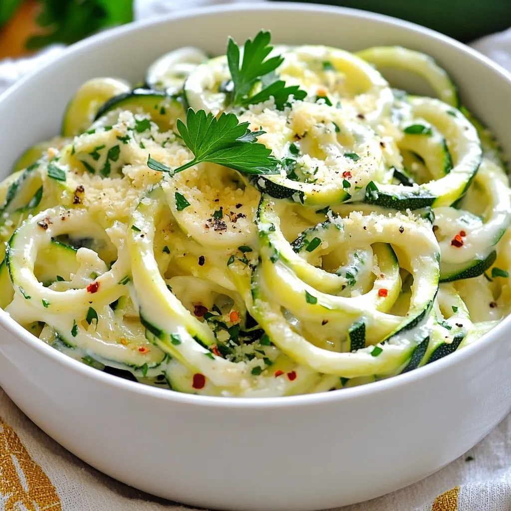 - 4 medium zucchini (spiralized) - 1 cup heavy cream - 1 cup freshly grated Parmesan cheese - 3 cloves garlic (minced) - 2 tablespoons unsalted butter - 1 teaspoon Italian seasoning - Salt and pepper (to taste) - Fresh parsley (for garnish) - Red pepper flakes (optional) To make Garlic Parmesan Zoodle Alfredo, you need fresh and simple ingredients. Start with four medium zucchini. Spiralize them to create zoodles. You can use a spiralizer, which is easy and fun. Next, grab one cup of heavy cream. This will make your dish rich and creamy. You also need one cup of freshly grated Parmesan cheese. Grating your cheese fresh gives better flavor. Then, prepare three cloves of garlic. Mince them finely for the best taste. Next, you will need two tablespoons of unsalted butter. This will help sauté the garlic. Use one teaspoon of Italian seasoning for added flavor. Don't forget salt and pepper to taste. For a pop of color, use fresh parsley for garnish. If you like a little spice, add red pepper flakes. You can adjust this to your heat preference. These ingredients come together to create a delightful dish. Each one adds to the creamy and savory experience of Garlic Parmesan Zoodle Alfredo. {{ingredient_image_1}} - First, grab four medium zucchinis. Use a spiralizer to create long noodles. This fun tool turns zucchini into zoodles! - If you want softer noodles, sauté them lightly. Heat a pan over medium heat. Cook the zoodles for 2-3 minutes. This step helps them absorb the sauce better. - In a large skillet, melt two tablespoons of unsalted butter over medium heat. The butter adds richness to the sauce. - Once melted, add three minced garlic cloves. Sauté for 1-2 minutes until you smell the garlic's lovely aroma. Be careful not to burn it! - Now, pour in one cup of heavy cream. Stir it well with the garlic. Bring this mix to a gentle simmer. - Gradually whisk in one cup of freshly grated Parmesan cheese. Stir continuously until it melts smoothly into the sauce. This creates that creamy texture we love! - Season with one teaspoon of Italian seasoning, salt, and pepper to taste. If you like heat, sprinkle in some red pepper flakes. - Finally, add the spiralized zoodles to the skillet. Toss them gently in the sauce over medium-low heat for about 2-3 minutes. This helps the zoodles soak up all that delicious flavor. To make zoodles just right, focus on texture. You want them tender but not mushy. If you like softer zoodles, sauté them for 2-3 minutes. This makes them warm and enhances flavor. Remember to drain excess moisture after cooking. This step keeps your dish from being watery. Get creative with seasoning! You can add more Italian seasoning or fresh herbs like basil. For a kick, sprinkle in red pepper flakes. Want to add protein? Try grilled chicken or shrimp. Tofu works well for a vegetarian twist. Each added ingredient can change the dish in fun ways. Pair your zoodles with a fresh salad or crusty bread. Serve with a sprinkle of extra Parmesan on top. For a pop of color, add fresh parsley. When plating, make sure to twirl the zoodles into nests. This makes your dish look great and inviting. Pro Tips Choose Firm Zucchini: Select firm zucchini for zoodles to ensure they hold their shape and texture during cooking. Grate Your Own Cheese: Freshly grated Parmesan melts more smoothly than pre-grated cheese, enhancing the creaminess of your sauce. Control Moisture: If your zoodles are too watery, sprinkle them with salt and let them sit for a few minutes to draw out excess moisture before cooking. Customize Seasoning: Adjust the level of Italian seasoning and red pepper flakes based on your taste preferences to create a sauce that suits you best. {{image_2}} You can change a few ingredients for different diets. If you want a dairy-free option, use coconut cream or cashew cream. Both give a rich taste without dairy. For a low-sodium version, swap heavy cream for unsweetened almond milk. You can also skip the salt in the sauce. To make this dish vegan, replace heavy cream with coconut milk and Parmesan with nutritional yeast. This keeps the creamy texture and adds a cheesy flavor. For those on a gluten-free diet, this recipe is already gluten-free since it uses zucchini noodles. Just check the cheese label to ensure it’s gluten-free too. To make this dish heartier, add protein. Grilled chicken or shrimp works well. Cook them separately and toss them into the zoodle mix at the end. If you prefer vegetarian options, try adding chickpeas or tofu. Both add protein and pair nicely with the creamy sauce. To store Garlic Parmesan Zoodle Alfredo, place leftovers in an airtight container. This keeps the dish fresh and prevents odors. You can refrigerate it for up to three days. After that, the zoodles may get mushy and lose flavor. Reheat your zoodles gently to keep them al dente. The best way is to use a skillet over low heat. Add a splash of cream to the pan. This helps keep the zoodles from drying out. Avoid using the microwave, as it can make the zoodles soggy. You can freeze Garlic Parmesan Zoodle Alfredo, but the zoodles may change texture. If you choose to freeze it, use a freezer-safe container. To thaw, place it in the fridge overnight. When you are ready to eat, reheat it in a skillet. Add a bit of cream to restore some creaminess. Zoodles are zucchini noodles. You make them by spiralizing zucchini. They are a great low-carb pasta alternative. They have a mild flavor and soak up sauces well. You can use them in many dishes. Yes, you can make this dish ahead of time. Cook the zoodles and sauce separately. Store them in airtight containers. When ready to eat, just heat them up together. This helps keep the zoodles from getting soggy. To prevent watery zoodles, drain them well after spiralizing. You can also sauté them briefly. This helps remove extra moisture. Another tip is to salt the zoodles. Let them sit for a few minutes before cooking. This helps draw out more water. Yes, you can use other cheeses. Try mozzarella for a milder taste. Goat cheese adds a tangy flavor. Just keep in mind that it may change the sauce's texture. Grate your cheese finely for best melting results. Yes, this recipe is great for meal prep. You can prepare zoodles and sauce separately. Store them in the fridge for a few days. When you're ready to eat, combine and heat them. Enjoy a quick and healthy meal anytime! This blog post covered a delicious Garlic Parmesan Zoodle Alfredo recipe. We explored key ingredients, step-by-step instructions, and helpful tips to enhance flavor. I shared variations for dietary needs and ways to store your dish. Remember, zoodles are a fresh, low-carb option. With a few simple tweaks, you can customize this recipe. Enjoy your zoodles stuffed with flavor and creativity!