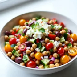 - 2 cans (15 oz each) of chickpeas, drained and rinsed - 1 cup cherry tomatoes, halved - 1 cucumber, diced - 1 red bell pepper, diced - 1/2 red onion, finely chopped - 1/4 cup Kalamata olives, pitted and sliced - 1/2 cup feta cheese, crumbled - 1/4 cup fresh parsley, chopped - 3 tablespoons olive oil - 2 tablespoons lemon juice - 1 teaspoon dried oregano - Salt and pepper to taste Selecting the Best Chickpeas I prefer using canned chickpeas for ease. Choose brands with no added salt. Check for a clean, intact can. If you want to use dried chickpeas, soak them overnight. Cook them until soft before using. This makes the salad taste fresher. Choosing Fresh Produce Look for bright, firm vegetables. Cherry tomatoes should be shiny, not dull. Cucumbers should feel crisp and firm. Choose red bell peppers with smooth skin. Fresh parsley should smell fragrant. Use the freshest ingredients for the best flavor. Vegan Cheese Alternatives If you want a vegan option, use nutritional yeast. It adds a cheesy flavor without dairy. You can also use cashew cheese for creaminess. Gluten-Free Options This salad is mostly gluten-free. Just ensure that any cheese or dressing you use is gluten-free. Always check labels if you have concerns about gluten. {{ingredient_image_1}} Draining and Rinsing Chickpeas Start by opening two cans of chickpeas. Pour them into a colander. Rinse them under cold water. This removes extra salt and makes them taste better. Let them drain well. Chopping Vegetables Next, chop the fresh vegetables. Cut one cup of cherry tomatoes in half. Dice one cucumber and one red bell pepper. Finely chop half of a red onion. Slice a quarter cup of Kalamata olives. Lastly, chop a quarter cup of fresh parsley. Make sure all pieces are small and even. Combining Ingredients in a Bowl In a large mixing bowl, add the drained chickpeas. Fold in the chopped cherry tomatoes, cucumber, red bell pepper, red onion, Kalamata olives, and parsley. Mix gently to combine all the ingredients. This way, each bite has a mix of flavors. Preparing the Dressing In a small bowl, whisk together three tablespoons of olive oil. Add two tablespoons of lemon juice, one teaspoon of dried oregano, and salt and pepper to taste. Stir until the ingredients are well mixed. This dressing will add a bright taste to the salad. Tossing and Serving Suggestions Pour the dressing over the salad mixture. Toss gently so that everything is coated evenly. Then, sprinkle half a cup of crumbled feta cheese on top. Give it one last gentle toss. Allowing Flavors to Meld Let the salad sit for at least ten minutes before serving. This allows the flavors to blend together. Serve it in a large shallow bowl. You can also add more parsley and feta on top for a nice look. Enjoy it with pita bread or as a filling in lettuce wraps! - To easily dice vegetables, use a sharp knife and a cutting board. - Cut your cucumber, bell pepper, and onion into even pieces for a nice look. - A food processor can speed up dicing, but be careful not to over-chop. - Recommended tools include a chef's knife, a cutting board, and a large bowl for mixing. - Adding fresh herbs like parsley makes the salad bright and tasty. - You can also add a pinch of red pepper flakes for heat. - Letting the salad marinate for at least 10 minutes lets flavors blend well. - For a stronger taste, let it sit even longer in the fridge. - Serve the salad cold or at room temperature for the best flavor. - A large shallow bowl looks nice and gives room for tossing. - Garnish with more feta and parsley for an attractive look. - Pair it with pita bread or use it in lettuce wraps for fun bites. Pro Tips Use Fresh Ingredients: Whenever possible, opt for fresh vegetables and herbs to enhance the flavor and texture of your salad. Chill Before Serving: Allowing the salad to chill in the refrigerator for about 30 minutes before serving can intensify the flavors. Experiment with Additions: Feel free to add other ingredients like avocado, artichoke hearts, or even grilled chicken for a protein boost. Customize the Dressing: Adjust the acidity and seasoning of the dressing according to your taste; adding more lemon juice or herbs can elevate the dish. {{image_2}} Gluten-Free Mediterranean Chickpea Salad Mediterranean Chickpea Salad is naturally gluten-free. You can enjoy it without worry. Just make sure all your ingredients are certified gluten-free. This includes any cheese or olives you choose. Vegan Version of the Salad To make a vegan dish, swap feta cheese for a vegan cheese. You can also use nutritional yeast for a cheesy flavor. This keeps the salad tasty and vegan-friendly. Utilizing Different Cheeses Feta cheese adds a nice tang. But you can try goat cheese or even ricotta. Each cheese will change the flavor but still taste great. Additional Toppings to Consider Want some crunch? Add nuts like almonds or walnuts. Seeds like sunflower seeds also work well. These toppings add texture and flavor to your salad. Incorporating Seasonal Vegetables Use what is fresh in your area. In summer, try zucchini or bell peppers. In fall, add roasted squash or carrots. Seasonal veggies keep your salad exciting and fresh. Adapting to Different Flavor Profiles Change the spices to match your taste. Add cumin or paprika for a warm flavor. Or toss in fresh herbs like basil or mint for a bright twist. This way, you can make the salad your own every time. To keep your Mediterranean Chickpea Salad fresh, store it in an airtight container. Place it in the fridge right after serving. This helps maintain flavor and texture. Your salad will stay fresh for about 3 to 5 days. After that, the veggies may lose their crunch. You can freeze this salad, but some ingredients may not hold up well. If you want to freeze it, leave out the feta cheese and fresh veggies. These do not freeze nicely. Instead, combine the chickpeas, olives, and dressing. Store in a freezer-safe bag or container. When you’re ready to eat, let it thaw in the fridge overnight. I recommend not reheating this salad. It is best served cold. If you prefer it warm, heat only the chickpeas. Use a microwave or a pan on low heat. Be careful not to overheat, as it can change the salad's flavor and texture. Once warm, mix it back with the fresh ingredients. Enjoy! Can I make Mediterranean Chickpea Salad in advance? Yes, you can make this salad ahead of time. It tastes better after sitting for a while. The flavors mix well when chilled. Just store it in an airtight container in the fridge. This salad stays fresh for up to three days. What can I serve with this salad? You can serve this salad with pita bread or lettuce wraps. It also pairs well with grilled chicken or fish. For a full meal, try adding quinoa or couscous on the side. This salad is great for picnics or barbecues too. How healthy is Mediterranean Chickpea Salad? This salad packs a lot of nutrients. Chickpeas provide fiber and protein. Fresh veggies add vitamins and minerals. Olive oil is a healthy fat that can support heart health. Overall, this dish is low in calories and high in nutrients. What are the protein sources in this salad? Chickpeas are the main protein source in this salad. Feta cheese adds some extra protein as well. Together, they make a filling meal. If you want more protein, consider adding grilled chicken or tofu for a boost. Are chickpeas healthy? Yes, chickpeas are very healthy. They are high in fiber, which aids digestion. They also have protein, iron, and other important nutrients. Eating chickpeas can help keep you full and satisfied. They are great for heart health too. Can I use dried chickpeas instead of canned? Yes, you can use dried chickpeas. Just soak them overnight and cook them until soft. This may take longer than using canned chickpeas. Canned chickpeas are quick and easy, but dried ones can have a better taste. Choose based on your time and preference. In this post, we explored the Mediterranean Chickpea Salad. We covered key ingredients, tips for freshness, and possible substitutes. I shared step-by-step instructions on preparation and mixing, plus tips to enhance flavor. You learned variations to fit dietary needs and how to store your salad well. In conclusion, this salad is simple, tasty, and flexible. It fits many diets and is great for sharing. Enjoy making this salad your own, and don’t hesitate to try new twists!