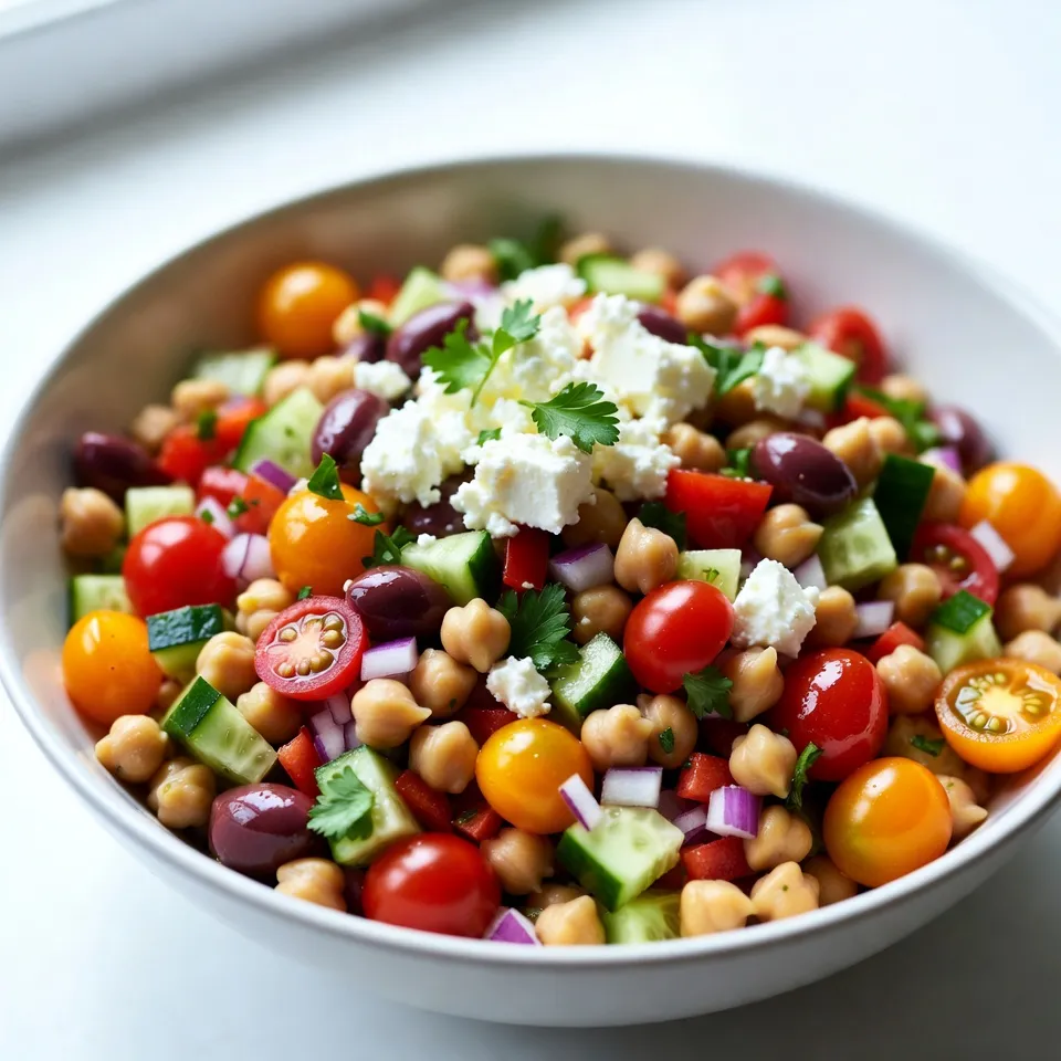 - 2 cans (15 oz each) of chickpeas, drained and rinsed - 1 cup cherry tomatoes, halved - 1 cucumber, diced - 1 red bell pepper, diced - 1/2 red onion, finely chopped - 1/4 cup Kalamata olives, pitted and sliced - 1/2 cup feta cheese, crumbled - 1/4 cup fresh parsley, chopped - 3 tablespoons olive oil - 2 tablespoons lemon juice - 1 teaspoon dried oregano - Salt and pepper to taste Selecting the Best Chickpeas I prefer using canned chickpeas for ease. Choose brands with no added salt. Check for a clean, intact can. If you want to use dried chickpeas, soak them overnight. Cook them until soft before using. This makes the salad taste fresher. Choosing Fresh Produce Look for bright, firm vegetables. Cherry tomatoes should be shiny, not dull. Cucumbers should feel crisp and firm. Choose red bell peppers with smooth skin. Fresh parsley should smell fragrant. Use the freshest ingredients for the best flavor. Vegan Cheese Alternatives If you want a vegan option, use nutritional yeast. It adds a cheesy flavor without dairy. You can also use cashew cheese for creaminess. Gluten-Free Options This salad is mostly gluten-free. Just ensure that any cheese or dressing you use is gluten-free. Always check labels if you have concerns about gluten. {{ingredient_image_1}} Draining and Rinsing Chickpeas Start by opening two cans of chickpeas. Pour them into a colander. Rinse them under cold water. This removes extra salt and makes them taste better. Let them drain well. Chopping Vegetables Next, chop the fresh vegetables. Cut one cup of cherry tomatoes in half. Dice one cucumber and one red bell pepper. Finely chop half of a red onion. Slice a quarter cup of Kalamata olives. Lastly, chop a quarter cup of fresh parsley. Make sure all pieces are small and even. Combining Ingredients in a Bowl In a large mixing bowl, add the drained chickpeas. Fold in the chopped cherry tomatoes, cucumber, red bell pepper, red onion, Kalamata olives, and parsley. Mix gently to combine all the ingredients. This way, each bite has a mix of flavors. Preparing the Dressing In a small bowl, whisk together three tablespoons of olive oil. Add two tablespoons of lemon juice, one teaspoon of dried oregano, and salt and pepper to taste. Stir until the ingredients are well mixed. This dressing will add a bright taste to the salad. Tossing and Serving Suggestions Pour the dressing over the salad mixture. Toss gently so that everything is coated evenly. Then, sprinkle half a cup of crumbled feta cheese on top. Give it one last gentle toss. Allowing Flavors to Meld Let the salad sit for at least ten minutes before serving. This allows the flavors to blend together. Serve it in a large shallow bowl. You can also add more parsley and feta on top for a nice look. Enjoy it with pita bread or as a filling in lettuce wraps! - To easily dice vegetables, use a sharp knife and a cutting board. - Cut your cucumber, bell pepper, and onion into even pieces for a nice look. - A food processor can speed up dicing, but be careful not to over-chop. - Recommended tools include a chef's knife, a cutting board, and a large bowl for mixing. - Adding fresh herbs like parsley makes the salad bright and tasty. - You can also add a pinch of red pepper flakes for heat. - Letting the salad marinate for at least 10 minutes lets flavors blend well. - For a stronger taste, let it sit even longer in the fridge. - Serve the salad cold or at room temperature for the best flavor. - A large shallow bowl looks nice and gives room for tossing. - Garnish with more feta and parsley for an attractive look. - Pair it with pita bread or use it in lettuce wraps for fun bites. Pro Tips Use Fresh Ingredients: Whenever possible, opt for fresh vegetables and herbs to enhance the flavor and texture of your salad. Chill Before Serving: Allowing the salad to chill in the refrigerator for about 30 minutes before serving can intensify the flavors. Experiment with Additions: Feel free to add other ingredients like avocado, artichoke hearts, or even grilled chicken for a protein boost. Customize the Dressing: Adjust the acidity and seasoning of the dressing according to your taste; adding more lemon juice or herbs can elevate the dish. {{image_2}} Gluten-Free Mediterranean Chickpea Salad Mediterranean Chickpea Salad is naturally gluten-free. You can enjoy it without worry. Just make sure all your ingredients are certified gluten-free. This includes any cheese or olives you choose. Vegan Version of the Salad To make a vegan dish, swap feta cheese for a vegan cheese. You can also use nutritional yeast for a cheesy flavor. This keeps the salad tasty and vegan-friendly. Utilizing Different Cheeses Feta cheese adds a nice tang. But you can try goat cheese or even ricotta. Each cheese will change the flavor but still taste great. Additional Toppings to Consider Want some crunch? Add nuts like almonds or walnuts. Seeds like sunflower seeds also work well. These toppings add texture and flavor to your salad. Incorporating Seasonal Vegetables Use what is fresh in your area. In summer, try zucchini or bell peppers. In fall, add roasted squash or carrots. Seasonal veggies keep your salad exciting and fresh. Adapting to Different Flavor Profiles Change the spices to match your taste. Add cumin or paprika for a warm flavor. Or toss in fresh herbs like basil or mint for a bright twist. This way, you can make the salad your own every time. To keep your Mediterranean Chickpea Salad fresh, store it in an airtight container. Place it in the fridge right after serving. This helps maintain flavor and texture. Your salad will stay fresh for about 3 to 5 days. After that, the veggies may lose their crunch. You can freeze this salad, but some ingredients may not hold up well. If you want to freeze it, leave out the feta cheese and fresh veggies. These do not freeze nicely. Instead, combine the chickpeas, olives, and dressing. Store in a freezer-safe bag or container. When you’re ready to eat, let it thaw in the fridge overnight. I recommend not reheating this salad. It is best served cold. If you prefer it warm, heat only the chickpeas. Use a microwave or a pan on low heat. Be careful not to overheat, as it can change the salad's flavor and texture. Once warm, mix it back with the fresh ingredients. Enjoy! Can I make Mediterranean Chickpea Salad in advance? Yes, you can make this salad ahead of time. It tastes better after sitting for a while. The flavors mix well when chilled. Just store it in an airtight container in the fridge. This salad stays fresh for up to three days. What can I serve with this salad? You can serve this salad with pita bread or lettuce wraps. It also pairs well with grilled chicken or fish. For a full meal, try adding quinoa or couscous on the side. This salad is great for picnics or barbecues too. How healthy is Mediterranean Chickpea Salad? This salad packs a lot of nutrients. Chickpeas provide fiber and protein. Fresh veggies add vitamins and minerals. Olive oil is a healthy fat that can support heart health. Overall, this dish is low in calories and high in nutrients. What are the protein sources in this salad? Chickpeas are the main protein source in this salad. Feta cheese adds some extra protein as well. Together, they make a filling meal. If you want more protein, consider adding grilled chicken or tofu for a boost. Are chickpeas healthy? Yes, chickpeas are very healthy. They are high in fiber, which aids digestion. They also have protein, iron, and other important nutrients. Eating chickpeas can help keep you full and satisfied. They are great for heart health too. Can I use dried chickpeas instead of canned? Yes, you can use dried chickpeas. Just soak them overnight and cook them until soft. This may take longer than using canned chickpeas. Canned chickpeas are quick and easy, but dried ones can have a better taste. Choose based on your time and preference. In this post, we explored the Mediterranean Chickpea Salad. We covered key ingredients, tips for freshness, and possible substitutes. I shared step-by-step instructions on preparation and mixing, plus tips to enhance flavor. You learned variations to fit dietary needs and how to store your salad well. In conclusion, this salad is simple, tasty, and flexible. It fits many diets and is great for sharing. Enjoy making this salad your own, and don’t hesitate to try new twists!