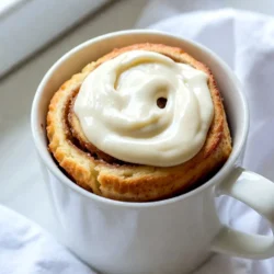 To make your cinnamon roll mug cake, gather these simple ingredients: - 4 tablespoons all-purpose flour - 1 tablespoon granulated sugar - 1/2 teaspoon baking powder - 1/4 teaspoon salt - 3 tablespoons milk - 1 tablespoon vegetable oil - 1/2 teaspoon vanilla extract - 1 tablespoon brown sugar - 1/2 teaspoon ground cinnamon - Optional: Cream cheese frosting for topping Each ingredient plays a key role. The all-purpose flour forms the base. Granulated sugar adds sweetness, while baking powder helps the cake rise. Salt balances the flavors. Milk and vegetable oil keep it moist. Vanilla extract gives warmth and depth. Brown sugar and cinnamon create that classic cinnamon roll flavor. Cream cheese frosting is a delicious option for topping. Mixing these ingredients together creates a delightful treat. You can enjoy this cake in just a few minutes. It’s a fun and easy way to satisfy your sweet tooth. {{ingredient_image_1}} Start by picking a microwave-safe mug. Make sure it is big enough for the cake to rise. Next, add 4 tablespoons of all-purpose flour, 1 tablespoon of granulated sugar, 1/2 teaspoon of baking powder, and a pinch of salt. Stir these dry ingredients well. I like to use a fork to break up any lumps. A good mix is key for a smooth cake. Now, let’s add the wet stuff. Pour in 3 tablespoons of milk, 1 tablespoon of vegetable oil, and 1/2 teaspoon of vanilla extract. Mix this until your batter is smooth. This is where the magic begins. A smooth batter ensures that every bite of your cake is delicious. To make the cinnamon swirl, grab a small bowl. Mix 1 tablespoon of brown sugar with 1/2 teaspoon of ground cinnamon. This blend adds that warm, sweet flavor you love in cinnamon rolls. It feels nice to get your hands into this mix. The smell is wonderful, too! Take half of your batter and pour it into the mug. Then, sprinkle the cinnamon-sugar mix evenly over the batter. Now, pour the rest of the batter on top, covering the cinnamon layer. This layering creates a surprise swirl inside when you cut into the cake. Pop your mug into the microwave. Cook it on high for 1 minute and 30 seconds. Keep an eye on it! If the cake looks wet in the center, microwave it in 15-second bursts. Each microwave is different, so adjust as needed. You want the cake to rise and look set. Let your cake cool for a minute once it’s done. This step is important! It helps the cake firm up a bit. If you want to dress it up, add a drizzle of cream cheese frosting on top. It adds a rich taste that takes this cake to the next level. Enjoy your warm, gooey treat! To make your mug cake light and fluffy, use fresh baking powder. Old baking powder may not rise well. Mix your dry ingredients, like flour and sugar, until they are smooth. This helps avoid lumps. When adding wet ingredients, mix gently. Over-mixing can make your cake tough instead of fluffy. You can change the flavor of your mug cake easily. Try adding chocolate chips for a sweet twist. Nuts like walnuts or pecans add a nice crunch. If you love fruit, mix in some diced apples or berries. You can also swap the vanilla for almond extract for a unique taste. The options are endless! Microwave times can differ based on your machine’s power. Most microwaves cook at 1000 watts. If yours is lower, cook the cake for longer. Start with 1 minute and 30 seconds, then check for doneness. If it’s still wet, add 15-second bursts until it sets. Keep an eye on it to avoid overcooking. Pro Tips Use a larger mug: Using a larger mug helps the cake to rise evenly and prevents overflow during cooking. Check your microwave wattage: Microwave power can vary significantly; adjust cooking time based on your microwave's wattage to avoid undercooking. Customize your swirl: Add nuts or chocolate chips to the cinnamon swirl for an extra layer of flavor and texture. Let it cool: Allowing the mug cake to cool slightly before adding frosting will help it set better and enhance the flavor. {{image_2}} You can make a vegan version of this mug cake easily. Replace milk with almond or soy milk. Use a plant-based oil like coconut oil. For the egg, use a flax egg. Mix one tablespoon of ground flaxseed with three tablespoons of water. Let it sit for a few minutes to thicken. This will give you the moisture needed for the cake. If you need a gluten-free option, try almond flour or coconut flour. Almond flour gives a nutty taste and moistness. Use the same amount as all-purpose flour. If using coconut flour, use less. Only use about 2 tablespoons. Coconut flour absorbs more liquid, so add a bit more milk to your mix. Cream cheese frosting is great, but you can mix it up. Try a simple glaze made from powdered sugar and a splash of milk. Drizzle this on top for a sweet touch. You could also use chocolate sauce or a caramel drizzle. Fresh fruit like sliced bananas or berries adds a nice touch too. If you have leftover cinnamon roll mug cake, store it in an airtight container. This keeps it fresh. You can keep it at room temperature for one day. For longer storage, place it in the fridge. The cake stays good in the fridge for about three days. To reheat the mug cake, use the microwave. Heat it in short bursts. Start with 10 seconds, check, and repeat until warm. This helps keep it soft and fluffy. Do not overheat, or it may become dry. You can freeze the mug cake if you want to save it for later. Wrap it tightly in plastic wrap, then place it in a freezer bag. Label the bag with the date. It can stay in the freezer for up to one month. When ready to eat, thaw it in the fridge overnight. Then reheat as needed. Yes, you can bake this mug cake in the oven. Use a small oven-safe dish. Preheat your oven to 350°F (175°C). Pour the batter into the dish and bake for about 15-20 minutes. Check for doneness with a toothpick. It should come out clean when the cake is ready. To make it sweeter, add more granulated sugar or brown sugar. A teaspoon or more should do the trick. If you want it less sweet, cut back on both sugars. You can also reduce the brown sugar in the cinnamon swirl for less sweetness. If you don't have brown sugar, you can use granulated sugar. For a similar flavor, add a bit of molasses to the granulated sugar. About one teaspoon of molasses with one tablespoon of sugar works well. Yes, you can make this recipe dairy-free. Substitute regular milk with almond milk, soy milk, or oat milk. These dairy-free options will still give you a tasty mug cake. Just keep the same amount in the recipe. If stored properly, this mug cake lasts about 1-2 days at room temperature. Keep it in an airtight container to maintain freshness. You can also refrigerate it for up to a week. Just reheat it in the microwave before enjoying again. This post covered the simple recipe for a delicious cinnamon roll mug cake. You learned about the key ingredients, easy steps, and helpful tips. Customizing your cake with different flavors is fun. Remember, you can make this cake vegan or gluten-free, too. Storage and reheating tips ensure your cake stays tasty. Mug cakes are quick and rewarding. I hope you enjoy making this dessert as much as I do. Dive in, and treat yourself to a sweet delight!