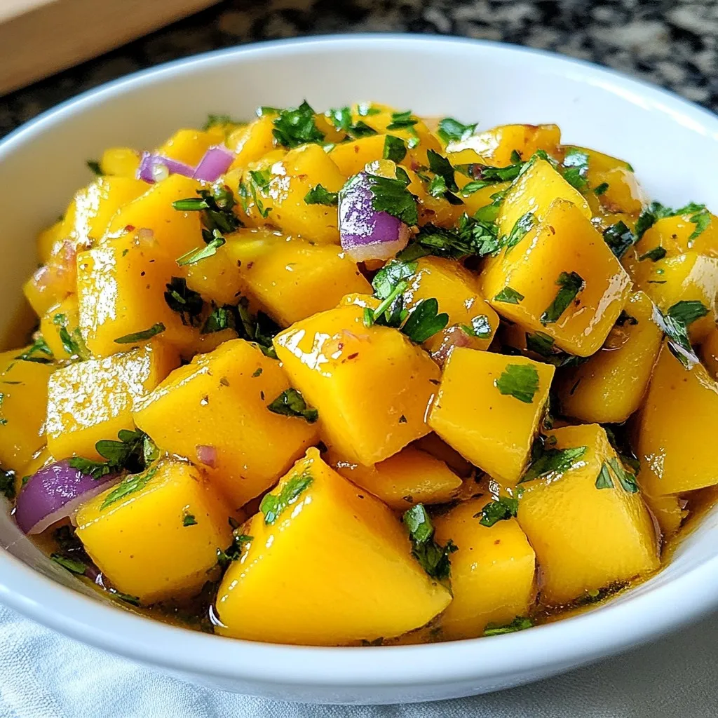 - 1 ripe mango, diced - 1-2 habanero peppers, finely chopped - 1 small red onion, finely chopped - 1/4 cup fresh cilantro, chopped - 2 tablespoons lime juice - 1 tablespoon honey (optional) - Salt to taste I love using fresh, bright ingredients for this salsa. The ripe mango adds a sweet touch, while the habanero brings heat. The red onion gives crunch, and cilantro adds freshness. Lime juice brightens it all up. If you like it sweeter, honey is a great choice, but it’s not a must. Just add salt to make all the flavors pop! If mango is out of season, you can try peaches or nectarines. They will still bring sweetness. For heat, jalapeño peppers work well if you want less spice. Serrano peppers are also a good mid-level option. If you want a different sweetener, try agave syrup or maple syrup in place of honey. Mangoes are packed with vitamins A and C. They help boost your immune system. Habanero peppers are great too. They contain capsaicin, which can help with pain relief and may boost metabolism. Fresh herbs like cilantro are full of antioxidants and can aid digestion. This salsa is not just tasty; it’s good for you too! {{ingredient_image_1}} How to dice a mango properly To dice a mango, first wash it well. Then, hold the mango upright. Cut down along the pit on both sides to make two large pieces. Next, make small cuts inside the mango flesh in a grid pattern. Finally, scoop out the diced mango with a spoon. Chopping habanero peppers safely When you chop habanero peppers, wear gloves to protect your skin. Cut off the stem. Then, slice the pepper in half and remove the seeds for less heat. Chop the pepper finely for even flavor in your salsa. Combining ingredients in the bowl In a large mixing bowl, add the diced mango and chopped habanero. Next, add the finely chopped red onion and cilantro. Pour in the fresh lime juice and honey if you want some sweetness. Recommended mixing techniques Gently mix all the ingredients with a spoon. Be careful not to mash the mango. You want to keep the pieces nice and chunky for texture. Recommended resting time for flavors Let the salsa sit for at least 15 minutes. This allows all the flavors to blend well. The longer it sits, the better it tastes. Presentation tips for serving Serve your salsa in a colorful bowl. Garnish with a sprig of cilantro on top. Pair it with crunchy tortilla chips or use it as a topping on grilled chicken or fish. Enjoy the burst of tropical flavor! To make your salsa just right, change the number of habanero peppers. If you like it spicy, use two peppers. For milder salsa, stick with one. Always remove the seeds to lower the heat. If you find the heat too strong, add sweet ingredients. Honey works well. It balances the spice and adds a nice touch. Store leftover salsa in the fridge. Use a clean, airtight container for the best results. Glass jars or plastic containers both work well. Keep the salsa for up to five days. If you have more, consider freezing it. Just remember to use freezer-safe containers. Prepping ingredients ahead of time saves you effort. Dice the mango and chop the onion early. You can even cut the habanero and cilantro in advance. This way, when it's time to make salsa, you can mix everything quickly. Want to save even more time? Use pre-diced mango or frozen mango chunks. They work just as well! Pro Tips Ripe Mango Selection: Choose a mango that is slightly soft to the touch and has a sweet aroma to ensure the best flavor. Adjusting Heat Level: If you're uncertain about the heat of your habanero peppers, start with one and add more gradually to find your perfect spice level. Flavor Enhancement: For an extra depth of flavor, consider adding a pinch of cumin or smoked paprika to the salsa. Chill Before Serving: Allowing the salsa to chill in the refrigerator for about an hour can intensify the flavors and make it even more refreshing. {{image_2}} You can make this salsa even better by adding more fruit. Try diced pineapple for a sweet twist. Papaya also brings a nice tropical flavor. Mixing fruits gives you a unique taste. Don't be afraid to experiment with what you like! If you want extra crunch, add some diced bell peppers. They bring color and taste. You can also toss in corn for a sweet bite. For creaminess, try adding black beans or avocado. These add-ins make the salsa heartier and more filling. This salsa pairs well with grilled chicken or fish. It adds a bright flavor to meats. You can also use it as a topping for tacos or burritos. Try it with tortilla chips for a tasty dip. The options are endless, so get creative! To keep your spicy mango habanero salsa fresh, store it in the fridge. The ideal temperature is between 32°F and 40°F. Always use an airtight container. This keeps air out and slows spoilage. A glass jar or plastic container works well. Avoid leaving the salsa out for too long; it can lose its flavor. In the refrigerator, your salsa lasts about 3 to 5 days. If you want to keep it longer, freezing is a great option. You can freeze it for up to 3 months. Just make sure to leave some space in the container for expansion. Thaw it in the fridge before serving. Check your salsa for changes. If it smells off or has mold, it's bad. Also, if the color looks dull or the texture is slimy, it's time to toss it. Always use clean utensils when serving salsa. This keeps it safe and fresh for longer enjoyment. Spicy Mango Habanero Salsa is a bright and bold mix. It combines sweet mango with fiery habanero peppers. The salsa has a tangy taste from fresh lime juice. You get a crunch from red onion and freshness from cilantro. This salsa adds a kick to chips, tacos, or grilled meats. It’s perfect for summer barbecues or a zesty snack anytime. Yes, you can make this salsa ahead of time! Prepare it a few hours before serving. Letting it sit allows the flavors to blend well. Store it in the fridge in an airtight container. Just remember to stir it again before serving. The salsa tastes even better after a day! You can find Spicy Mango Habanero Salsa at local grocery stores. Look in the salsa aisle or the fresh produce section. Many stores carry popular brands like El Pinto or Mrs. Renfro's. You can also buy it online through stores like Amazon or specialty food sites. This blog post covered everything you need to know about Spicy Mango Habanero Salsa. We explored fresh ingredients, healthy benefits, and how to prepare this tasty dish. You found tips for adjusting heat levels, variations for added flavor, and storage information to keep it fresh. Enjoy making your salsa and feel free to get creative. With these insights, you’ll serve a delicious dish that impresses everyone. Now, grab those fresh ingredients and start mixing!
