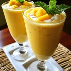 - Ripe mango (1, peeled and diced) - Fresh pineapple chunks (1 cup or canned with juice) - Ripe banana (1, sliced) - Coconut milk (1 cup) - Greek yogurt (1/2 cup, optional) - Honey or maple syrup (1 tablespoon, optional) - Ice cubes (as needed) - Fresh mint leaves (for garnish) The mango is the star of this smoothie. Choose a ripe mango. It should be soft to the touch and sweet in smell. This fruit brings a rich flavor and bright color. Next, the pineapple adds a tangy kick. You can use fresh pineapple or canned. If using canned, make sure to include the juice; it adds great taste. The banana adds creaminess and natural sweetness. It also helps to thicken the smoothie. Coconut milk brings a rich texture. It enhances the tropical feel. If you want a creamier drink, add Greek yogurt. It’s optional but can make the smoothie extra smooth. For sweetness, honey or maple syrup works well. This is also optional. Add ice cubes to chill your drink and give it a frosty texture. Finally, fresh mint leaves make a lovely garnish. They add a pop of color and a fresh scent. Gather all these ingredients. They come together to create a delicious and refreshing drink. {{ingredient_image_1}} 1. Peeling and dicing mango: Start by taking a ripe mango. Use a sharp knife to cut the skin off. Once peeled, cut the flesh into small cubes. This makes it easy to blend. Diced mango adds a sweet taste to the smoothie. 2. Chopping pineapple: If you use fresh pineapple, cut off the skin and core. Slice it into chunks, about an inch wide. If canned, just drain the juice. Fresh or canned, pineapple brings a bright flavor to the mix. 3. Slicing banana: Grab a ripe banana and peel it. Cut it into small slices. Each slice should be about half an inch thick. The banana adds creaminess and natural sweetness to your drink. 1. Combining ingredients in the blender: In a blender, add the diced mango, pineapple chunks, and sliced banana. Pour in one cup of coconut milk. If you want it creamier, add half a cup of Greek yogurt. This will make your smoothie rich and tasty. 2. Adding ice and optional ingredients: Toss in a handful of ice cubes. This makes the smoothie cold and refreshing. If you want extra sweetness, add one tablespoon of honey or maple syrup. Stir it all together for a tropical treat. 1. Blending to desired texture: Blend the mixture on high until it is smooth and creamy. If it’s too thick, add more coconut milk a little at a time. Blend again until you reach your preferred texture. 2. Tasting and adjusting sweetness: After blending, taste your smoothie. If you like it sweeter, add more honey or maple syrup. Blend again for a few seconds. This step is key to making the smoothie just right for you. To get a smooth and creamy texture, adjust the coconut milk. If your smoothie is too thick, add more coconut milk until it reaches your desired creaminess. This gives it a rich flavor and smoothness. Using ice cubes is also key. Add a handful of ice to chill the smoothie. This helps make it refreshing. Blend the ice with the other ingredients until smooth. If you want it colder, add more ice as needed. You can make your smoothie even better by adding extra ingredients. Consider including spinach for a healthy boost. You could also add a scoop of protein powder for a filling meal. For sweetness, try different sweeteners. Honey and maple syrup are great, but you can also use agave. If you want a sugar-free option, try stevia or monk fruit sweetener. Garnishing your smoothie makes it look more appealing. Use fresh mint leaves to add a pop of color on top. It also gives a nice aroma when you sip. When serving, choose tall glasses to show off the bright colors. You can even add a straw for a fun touch. Get creative and enjoy the tropical vibes! Pro Tips Use Frozen Fruit: For an extra refreshing smoothie, consider using frozen mango or pineapple instead of fresh. This will give your smoothie a thicker consistency and a chill factor without needing as much ice. Ripeness Matters: The riper your mango and banana, the sweeter and more flavorful your smoothie will be. Choose fruits that are slightly soft to the touch for the best taste. Customize Your Sweetener: Adjust the sweetness of your smoothie to your taste. If your fruit is sweet enough, you might not need any added honey or syrup at all! Blend in Superfoods: Boost the nutritional value of your smoothie by adding a tablespoon of chia seeds, flax seeds, or spinach. They blend well without altering the flavor significantly. {{image_2}} You can make your mango pineapple smoothie even better. Try adding other tropical fruits! Papaya adds creaminess and a subtle taste. Kiwi brings a tangy flavor and a pop of color. You can mix and match fruits for a fun twist. Want a vegan-friendly drink? Skip the Greek yogurt. Use blended tofu instead for creaminess. If you want a low-calorie smoothie, use less honey or maple syrup. You can also use a sugar substitute for sweetness without adding calories. Coconut milk is great, but you can try other milks too. Almond milk is a light option that works well. Oat milk adds a nice creaminess without dairy. If you prefer dairy, you can use low-fat cow’s milk. Each milk gives a different taste, so experiment to find your favorite! To keep your mango pineapple smoothie fresh, store it in the fridge. Use an airtight container. This way, it stays cold and tasty. Your smoothie will last for one day in the fridge. If you want to keep it longer, freeze it. Pour it into ice cube trays or freezer bags. This helps you enjoy a quick smoothie later. For the best taste, drink your smoothie right away. If you store it, the flavor may fade. Smoothies can lose their bright taste after one day. If you freeze it, let it thaw in the fridge overnight. Pour it into a glass and stir before drinking. This helps mix the flavors back together. Enjoy your refreshing treat! Yes, you can use frozen fruit! Frozen fruit is great for smoothies. It adds coldness and thickens the drink. When using frozen fruit, you may need less ice. Start with half the ice and blend. If it's too thick, add more coconut milk. This change makes the smoothie creamy and refreshing. This smoothie is packed with nutrients! Mangoes are full of vitamin C and A. Pineapples provide bromelain, which helps digestion. Bananas add potassium, which is good for your heart. Coconut milk gives you healthy fats. Greek yogurt (if used) adds protein and probiotics for gut health. Overall, this drink supports your immune system and boosts energy. To make this smoothie dairy-free, skip the Greek yogurt. You can still enjoy creaminess with coconut milk. Instead of yogurt, try blending in a banana or avocado. Both options keep it smooth and rich. For sweetness, maple syrup works well. This way, you get a delicious drink without dairy! This article covered a tasty smoothie recipe with fresh ingredients like mango, pineapple, and banana. You learned how to prepare these fruits, blend them smoothly, and adjust flavors for your taste. Tips to enhance the smoothie’s texture and presentation helped you create a perfect drink. Remember, you can swap ingredients and explore variations to suit your needs. Enjoy experimenting, and share the joy of making delicious smoothies!