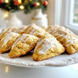 - 2 cups all-purpose flour - 1/2 cup brown sugar - 1 tablespoon baking powder - 1 tablespoon ground ginger - 1 tablespoon ground cinnamon - 1/2 teaspoon ground nutmeg - 1/4 teaspoon ground cloves - 1/4 teaspoon salt - 1/2 cup unsalted butter, cold and cubed - 1/2 cup molasses - 1/2 cup heavy cream - 1 large egg - 1 teaspoon vanilla extract The main ingredients for gingerbread scones create a warm and cozy flavor. All-purpose flour makes the base. Brown sugar adds sweetness and depth. Baking powder helps the scones rise. The spices are key. Ground ginger gives that classic zing. Cinnamon adds warmth, while nutmeg and cloves bring a rich taste. The butter must be cold. It creates a flaky texture. Molasses gives the scones their dark color and unique flavor. Heavy cream keeps the dough moist. The egg adds richness, and vanilla extract ties all the flavors together. - 1 cup powdered sugar - 2 tablespoons milk - 1/2 teaspoon vanilla extract The vanilla glaze is simple yet delightful. Powdered sugar creates the sweet base. Milk helps achieve the right consistency. Vanilla extract adds a lovely flavor that enhances the scones. This glaze makes each bite even better. It’s not just a topping; it’s a treat! {{ingredient_image_1}} 1. First, preheat your oven to 400°F (200°C). Line a baking sheet with parchment paper. This will keep the scones from sticking. 2. In a large bowl, mix the dry ingredients. Combine 2 cups of all-purpose flour, 1/2 cup of brown sugar, 1 tablespoon of baking powder, 1 tablespoon of ground ginger, 1 tablespoon of ground cinnamon, 1/2 teaspoon of ground nutmeg, 1/4 teaspoon of ground cloves, and 1/4 teaspoon of salt. Stir them well so the flavors blend. 3. Now, add 1/2 cup of cold, cubed unsalted butter to the dry mixture. Use a pastry cutter or your fingers to work the butter into the flour. Keep mixing until the mix looks like coarse crumbs. This step is key for a flaky texture. 1. In a separate bowl, whisk together 1/2 cup of molasses, 1/2 cup of heavy cream, 1 large egg, and 1 teaspoon of vanilla extract. Make sure it is smooth and well-combined. 2. Pour the wet mixture into the dry ingredients. Stir gently until just combined. The dough should feel slightly sticky, so be careful not to overmix. This helps keep the scones light. 1. Turn the dough out onto a floured surface. Pat it down gently into a circle about 1-inch thick. Use a knife or a pizza cutter to cut the dough into 8 wedges. 2. Place each wedge on the prepared baking sheet, making sure to space them apart. Bake the scones for 15-18 minutes. They are done when they turn golden brown. You can check with a toothpick; it should come out clean from the center. 3. While the scones bake, whisk together the glaze ingredients. Once the scones cool slightly, drizzle the vanilla glaze over them. Enjoy the warm scones with your favorite drink! Using cold ingredients is key to great scones. Cold butter helps the scones rise and stay flaky. When you mix the butter with flour, it should feel like coarse crumbs. This keeps the scones light and airy. To avoid overmixing, mix just until everything is combined. The dough will be a bit sticky, and that’s okay! If you mix too much, the scones may turn out tough. Remember, gentle hands make tender scones. For the vanilla glaze, aim for a smooth and pourable consistency. Start with the powdered sugar and milk. If the glaze is too thick, add a little more milk. If it’s too thin, add more sugar. When drizzling, use a spoon or a small pitcher. Hold it high above the scones to create a lovely pattern. Let the glaze set for a few minutes before serving. This will enhance the look and flavor of your warm gingerbread scones. Pro Tips Use Cold Ingredients: For the flakiest scones, ensure your butter and cream are cold. This helps create steam during baking, resulting in a lighter texture. Don't Overmix: Mix the dough just until combined. Overmixing can lead to tough scones, so be gentle! Add Extra Spice: For a more intense flavor, consider adding a pinch of freshly grated nutmeg or additional ginger to the dough. Customize Your Glaze: Feel free to add a dash of cinnamon or a splash of orange juice to the vanilla glaze for a unique twist! {{image_2}} You can change the flavor of your gingerbread scones. Adding nuts or dried fruit makes them special. Try chopped walnuts, pecans, or even dried cranberries. These add texture and a tasty twist. You can also adjust the spice levels. If you like more heat, add extra ginger or cinnamon. If you prefer a milder taste, cut back on the spices. This way, every batch can match your mood. The vanilla glaze is a classic, but you can mix it up! Use flavored extracts like almond or maple for a new taste. Zesting some lemon or orange adds a bright note. If you want creaminess, try a cream cheese glaze instead. Just mix cream cheese, powdered sugar, and a bit of milk until smooth. This will give your scones a rich and tangy flavor. Experimenting with glazes keeps your gingerbread scones exciting! To keep your gingerbread scones fresh, store them at room temperature. Place them in an airtight container. This helps maintain their soft texture and flavor. If you live in a humid area, refrigeration might be better. Just wrap the scones well to avoid drying out. - Room Temperature: Best for short-term storage. Enjoy within three days. - Refrigeration: Keeps them longer, about five days. Use an airtight container. For the best taste, always let them cool before storing. This prevents moisture buildup. Freezing scones is easy and keeps them fresh. You can freeze both unbaked and baked scones. For unbaked scones: 1. Cut the dough into wedges. 2. Place them on a baking sheet and freeze for two hours. 3. Once frozen, transfer them to a freezer bag. For baked scones: 1. Let them cool completely. 2. Wrap each scone in plastic wrap. 3. Place wrapped scones in a freezer bag. To thaw, remove the scones from the freezer. - Unbaked: You can bake them straight from the freezer. Just add a few extra minutes to the baking time. - Baked: Let them sit at room temperature for about an hour. For a warm treat, pop them in the oven for a few minutes. This method keeps your scones flavorful and soft. Yes, you can use whole wheat flour. Whole wheat flour adds more fiber and nutrients. It makes scones heartier and gives a nutty flavor. However, the texture may change. Scones might be denser than those made with all-purpose flour. To keep them light, mix half whole wheat and half all-purpose flour. This way, you get the healthy benefits without losing fluffiness. If you don’t have molasses, try honey or maple syrup. These sweeteners can change the flavor a bit. Honey adds a floral note, while maple syrup has a slight smokiness. You can also use brown sugar mixed with a bit of water. This blend mimics molasses' sweetness and moisture. Remember, using different sweeteners can affect the scones' color and taste. To make fluffy scones, use cold ingredients. Cold butter helps create air pockets, making them light. Don’t overmix the dough; just stir until it’s combined. This keeps the scones tender. Also, ensure your baking powder is fresh. Fresh leavening agents help scones rise well. Finally, bake them at the right temperature. If your oven is too hot, they can burn before rising. You learned how to make tasty gingerbread scones from scratch. We covered key ingredients, step-by-step instructions, and tips to get it just right. Remember to keep your ingredients cold and avoid overmixing for the best results. Consider trying your favorite flavor twists and glazes to make these scones your own. With proper storage, you can enjoy them fresh for days. Baking scones can be fun and rewarding. Enjoy your baking adventure and share these treats with friends and family!