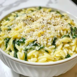 - 1 cup orzo pasta - 2 cups fresh spinach, roughly chopped - 1 cup vegetable broth - 1 cup heavy cream - ½ cup grated Parmesan cheese - 2 tablespoons olive oil - 2 cloves garlic, minced - ½ teaspoon nutmeg - Salt and pepper to taste - Optional: Crushed red pepper flakes for heat To make my creamy spinach Parmesan orzo, I start with simple yet fresh ingredients. The orzo pasta gives a nice bite, while fresh spinach adds color and nutrition. Vegetable broth brings depth, and heavy cream makes everything rich and smooth. Parmesan cheese contributes a lovely umami flavor. I love using garlic for its warm taste. A hint of nutmeg adds a unique twist. You can always season with salt and pepper to match your taste. If you like heat, crushed red pepper flakes work great! These ingredients come together quickly and easily. You’ll have a delicious dish ready in no time. Have fun gathering everything, and get ready to enjoy a creamy delight! {{ingredient_image_1}} To start, fill a medium pot with 2 cups of water. Bring the water to a boil over high heat. Once boiling, add 1 cup of orzo pasta. Cook the orzo according to the package instructions. This usually takes about 8-10 minutes to reach al dente. When done, drain the orzo in a colander and set it aside. In the same pot, pour in 2 tablespoons of olive oil and heat it over medium heat. Once the oil is warm, add 2 minced cloves of garlic. Sauté the garlic for about 1 minute until it smells great. Next, stir in 2 cups of roughly chopped spinach. Cook the spinach for 2-3 minutes or until it wilts down. Now, pour in 1 cup of vegetable broth and 1 cup of heavy cream. Bring this mix to a gentle simmer. After that, add the cooked orzo back into the pot. Stir well to combine everything. Finally, mix in ½ cup of grated Parmesan cheese, ½ teaspoon of nutmeg, and salt and pepper to taste. Keep stirring until the cheese melts and the sauce turns creamy. This should take another 2-3 minutes. If you like heat, sprinkle in some crushed red pepper flakes. Taste the dish and adjust the seasoning if needed. To make your orzo creamy, use heavy cream. It adds richness and smoothness. When you mix in the grated Parmesan, it melts into the sauce. This step is key for that velvety texture. If the dish feels too thick, adjust the consistency. You can add more vegetable broth or cream until you reach your desired creaminess. Want to kick up the flavor? Try adding crushed red pepper flakes. They give a nice heat to the dish. Fresh herbs like basil or parsley are great too. A little lemon zest adds brightness and freshness. These simple tweaks can really elevate your creamy spinach Parmesan orzo. Serving this dish can be fun! Use deep bowls to show off the creamy orzo. Garnish with extra grated Parmesan and freshly cracked pepper. You can also add a few spinach leaves on top for color. This will make your meal look even more appealing. Enjoy the tasty, beautiful dish! Pro Tips Perfectly Cooked Orzo: Make sure to cook the orzo al dente to achieve the ideal texture. It will continue to absorb liquid and soften as it sits in the creamy sauce. Fresh Spinach Substitute: If fresh spinach isn't available, you can use frozen spinach. Just be sure to thaw and drain it well before adding it to the pot. Enhance Flavor: For a deeper flavor, consider adding a splash of white wine to the sauce after sautéing the garlic. Allow it to reduce slightly before adding the broth and cream. Cheese Variations: Experiment with different cheeses such as feta or goat cheese for a unique twist. Just keep in mind that the saltiness may vary, so adjust seasoning accordingly. {{image_2}} You can easily add protein to your creamy spinach Parmesan orzo. Chicken works great. Just cook diced chicken in the pot before adding garlic. Shrimp is another tasty option. Sauté the shrimp until pink, then add the spinach. For a plant-based choice, use tofu. Cube firm tofu and sauté it like the chicken. If you want to change the greens, try kale instead of spinach. Kale adds a nice texture and flavor. You can also mix in Swiss chard or arugula for a twist. These greens cook well and offer different tastes. Each option keeps the dish fresh and colorful. For a gluten-free meal, swap the orzo for gluten-free pasta. Look for rice or quinoa pasta that cooks similarly. This way, you can enjoy the creamy sauce without worry. Just follow the package instructions for cooking times. Your dish will still taste delicious and comforting. To store leftovers, let the orzo cool down first. Place it in an airtight container. This helps keep it fresh. You can keep it in the fridge for up to three days. Make sure to label the container with the date. This way, you know how long it’s been stored. Glass or plastic containers work well. Just ensure they seal tightly to avoid spills. You can freeze portions for future meals. To do this, divide the orzo into single servings. Use freezer-safe bags or containers. Squeeze out extra air to prevent freezer burn. It will stay good in the freezer for about three months. When ready to eat, thaw the orzo in the fridge overnight. Reheat it in a pot on low heat. Add a splash of broth or cream to help it warm up. Stir occasionally to keep it creamy. Enjoy your meal! Yes, you can make this dish ahead of time. To store it, let the orzo cool down first. Then, put it in an airtight container. You can keep it in the fridge for up to three days. When you're ready to eat, just reheat it on the stove or in the microwave. If you like, add a splash of broth or cream for extra creaminess. If you want a lighter option, you can use half-and-half or whole milk. You can also try coconut milk for a dairy-free choice. Just remember, these options may change the texture a bit. The dish might not be as creamy, but it will still taste great. Experiment to see which you like best! To reheat, place the orzo in a saucepan over low heat. Stir it often to heat evenly. It may need a bit of liquid, so add some broth or cream. If using a microwave, heat it in short bursts. Stir in between to avoid hot spots. Enjoy your creamy orzo as if it were freshly made! We covered how to make a tasty creamy spinach Parmesan orzo. You learned about the key ingredients and step-by-step cooking methods. I shared tips for creaminess, flavor, and presentation. You can even explore variations or add proteins to suit your taste. Now you can impress friends and family with this dish! Happy cooking!