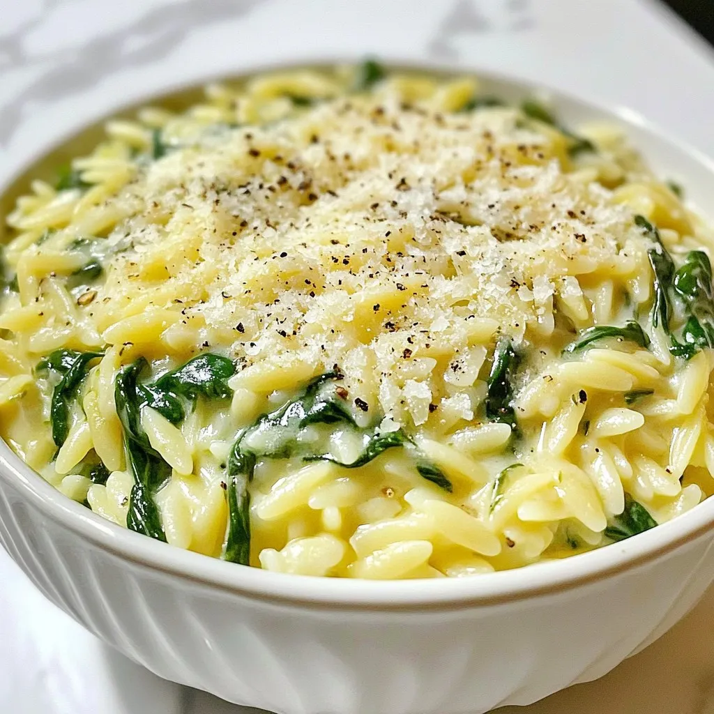 - 1 cup orzo pasta - 2 cups fresh spinach, roughly chopped - 1 cup vegetable broth - 1 cup heavy cream - ½ cup grated Parmesan cheese - 2 tablespoons olive oil - 2 cloves garlic, minced - ½ teaspoon nutmeg - Salt and pepper to taste - Optional: Crushed red pepper flakes for heat To make my creamy spinach Parmesan orzo, I start with simple yet fresh ingredients. The orzo pasta gives a nice bite, while fresh spinach adds color and nutrition. Vegetable broth brings depth, and heavy cream makes everything rich and smooth. Parmesan cheese contributes a lovely umami flavor. I love using garlic for its warm taste. A hint of nutmeg adds a unique twist. You can always season with salt and pepper to match your taste. If you like heat, crushed red pepper flakes work great! These ingredients come together quickly and easily. You’ll have a delicious dish ready in no time. Have fun gathering everything, and get ready to enjoy a creamy delight! {{ingredient_image_1}} To start, fill a medium pot with 2 cups of water. Bring the water to a boil over high heat. Once boiling, add 1 cup of orzo pasta. Cook the orzo according to the package instructions. This usually takes about 8-10 minutes to reach al dente. When done, drain the orzo in a colander and set it aside. In the same pot, pour in 2 tablespoons of olive oil and heat it over medium heat. Once the oil is warm, add 2 minced cloves of garlic. Sauté the garlic for about 1 minute until it smells great. Next, stir in 2 cups of roughly chopped spinach. Cook the spinach for 2-3 minutes or until it wilts down. Now, pour in 1 cup of vegetable broth and 1 cup of heavy cream. Bring this mix to a gentle simmer. After that, add the cooked orzo back into the pot. Stir well to combine everything. Finally, mix in ½ cup of grated Parmesan cheese, ½ teaspoon of nutmeg, and salt and pepper to taste. Keep stirring until the cheese melts and the sauce turns creamy. This should take another 2-3 minutes. If you like heat, sprinkle in some crushed red pepper flakes. Taste the dish and adjust the seasoning if needed. To make your orzo creamy, use heavy cream. It adds richness and smoothness. When you mix in the grated Parmesan, it melts into the sauce. This step is key for that velvety texture. If the dish feels too thick, adjust the consistency. You can add more vegetable broth or cream until you reach your desired creaminess. Want to kick up the flavor? Try adding crushed red pepper flakes. They give a nice heat to the dish. Fresh herbs like basil or parsley are great too. A little lemon zest adds brightness and freshness. These simple tweaks can really elevate your creamy spinach Parmesan orzo. Serving this dish can be fun! Use deep bowls to show off the creamy orzo. Garnish with extra grated Parmesan and freshly cracked pepper. You can also add a few spinach leaves on top for color. This will make your meal look even more appealing. Enjoy the tasty, beautiful dish! Pro Tips Perfectly Cooked Orzo: Make sure to cook the orzo al dente to achieve the ideal texture. It will continue to absorb liquid and soften as it sits in the creamy sauce. Fresh Spinach Substitute: If fresh spinach isn't available, you can use frozen spinach. Just be sure to thaw and drain it well before adding it to the pot. Enhance Flavor: For a deeper flavor, consider adding a splash of white wine to the sauce after sautéing the garlic. Allow it to reduce slightly before adding the broth and cream. Cheese Variations: Experiment with different cheeses such as feta or goat cheese for a unique twist. Just keep in mind that the saltiness may vary, so adjust seasoning accordingly. {{image_2}} You can easily add protein to your creamy spinach Parmesan orzo. Chicken works great. Just cook diced chicken in the pot before adding garlic. Shrimp is another tasty option. Sauté the shrimp until pink, then add the spinach. For a plant-based choice, use tofu. Cube firm tofu and sauté it like the chicken. If you want to change the greens, try kale instead of spinach. Kale adds a nice texture and flavor. You can also mix in Swiss chard or arugula for a twist. These greens cook well and offer different tastes. Each option keeps the dish fresh and colorful. For a gluten-free meal, swap the orzo for gluten-free pasta. Look for rice or quinoa pasta that cooks similarly. This way, you can enjoy the creamy sauce without worry. Just follow the package instructions for cooking times. Your dish will still taste delicious and comforting. To store leftovers, let the orzo cool down first. Place it in an airtight container. This helps keep it fresh. You can keep it in the fridge for up to three days. Make sure to label the container with the date. This way, you know how long it’s been stored. Glass or plastic containers work well. Just ensure they seal tightly to avoid spills. You can freeze portions for future meals. To do this, divide the orzo into single servings. Use freezer-safe bags or containers. Squeeze out extra air to prevent freezer burn. It will stay good in the freezer for about three months. When ready to eat, thaw the orzo in the fridge overnight. Reheat it in a pot on low heat. Add a splash of broth or cream to help it warm up. Stir occasionally to keep it creamy. Enjoy your meal! Yes, you can make this dish ahead of time. To store it, let the orzo cool down first. Then, put it in an airtight container. You can keep it in the fridge for up to three days. When you're ready to eat, just reheat it on the stove or in the microwave. If you like, add a splash of broth or cream for extra creaminess. If you want a lighter option, you can use half-and-half or whole milk. You can also try coconut milk for a dairy-free choice. Just remember, these options may change the texture a bit. The dish might not be as creamy, but it will still taste great. Experiment to see which you like best! To reheat, place the orzo in a saucepan over low heat. Stir it often to heat evenly. It may need a bit of liquid, so add some broth or cream. If using a microwave, heat it in short bursts. Stir in between to avoid hot spots. Enjoy your creamy orzo as if it were freshly made! We covered how to make a tasty creamy spinach Parmesan orzo. You learned about the key ingredients and step-by-step cooking methods. I shared tips for creaminess, flavor, and presentation. You can even explore variations or add proteins to suit your taste. Now you can impress friends and family with this dish! Happy cooking!