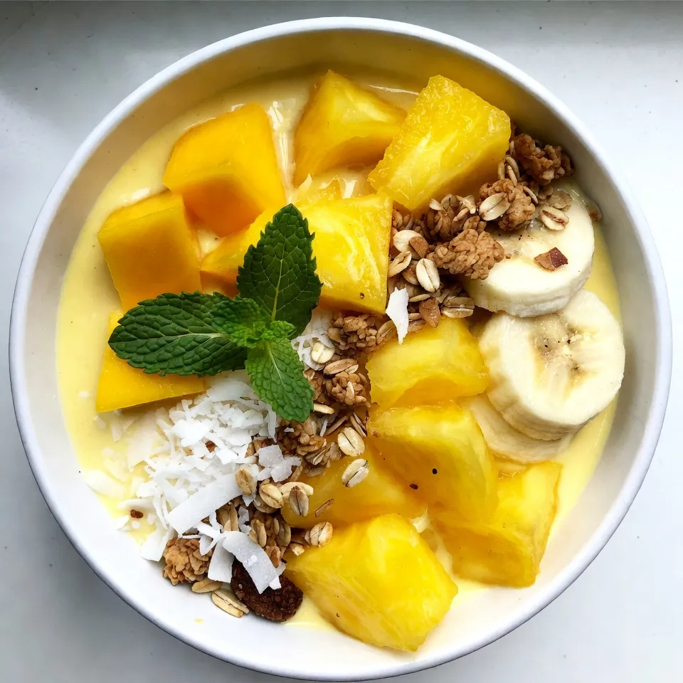 To make a Mango Pineapple Smoothie Bowl, gather the following items: - 1 ripe mango, diced - 1 cup fresh pineapple chunks - 1 banana, frozen - 1/2 cup coconut milk (or any milk of your choice) - 1 tablespoon honey or maple syrup (optional) - 1/4 cup Greek yogurt (optional, for creaminess) - 1 tablespoon chia seeds - Fresh fruit slices (mango, pineapple, banana) for topping - Granola and shredded coconut for garnish - A few mint leaves for garnish You can switch out some ingredients based on your taste or needs: - Use almond milk or oat milk instead of coconut milk. - Replace honey with agave syrup for a vegan option. - If you want a dairy-free bowl, skip the Greek yogurt. - Use any frozen fruit in place of the banana for added flavor. This smoothie bowl is not just tasty; it’s good for you too! Each serving is full of vitamins. Here’s a rough idea of what you get: - Calories: About 300 (with yogurt and sweetener) - Protein: Around 7 grams (with yogurt) - Fiber: About 6 grams - Sugars: Natural sugars from fruit - Healthy fats: From chia seeds and coconut This bowl gives you energy and keeps you full. Enjoy the tropical flavors while also caring for your body! {{ingredient_image_1}} To make your Mango Pineapple Smoothie Bowl, start by gathering your ingredients. You will need: - 1 ripe mango, diced - 1 cup fresh pineapple chunks - 1 banana, frozen - 1/2 cup coconut milk (or any milk of your choice) - 1 tablespoon honey or maple syrup (optional) - 1/4 cup Greek yogurt (optional) - 1 tablespoon chia seeds - Fresh fruit slices (mango, pineapple, banana) for topping - Granola and shredded coconut for garnish - A few mint leaves for garnish First, take your diced mango and fresh pineapple chunks. Place them in your blender. Next, add the frozen banana and the coconut milk. If you want a sweeter bowl, add honey or maple syrup. If you like creamy, add Greek yogurt. Blend all your ingredients on high. Watch for a smooth and creamy texture. If your smoothie is too thick, just add a bit more coconut milk. Blend again until everything is well mixed. This takes about 30 seconds. Once blended, pour the smoothie into a bowl. Now, sprinkle chia seeds on top for some crunch. Decorate your bowl with fresh fruit slices. Add a handful of granola and a sprinkle of shredded coconut. Finally, place a few mint leaves on top. This adds a nice pop of color and flavor. Serve right away for the best taste! To boost flavors, use ripe mango and fresh pineapple. They taste sweet and bright. You can add honey or maple syrup for more sweetness. If you like tang, a bit of lime juice works well too. This small change can brighten the whole bowl. Don’t forget to taste as you go! For a creamy texture, frozen banana is key. It makes the smoothie thick and smooth. If your mix is too thick, add coconut milk a little at a time. Blend until smooth. If you want a chunkier bowl, blend less. Adding chia seeds also gives a nice crunch. Make your smoothie bowl look fun and fresh. Use colorful fruit slices like mango, banana, and pineapple on top. Sprinkle granola and shredded coconut for extra texture. A few mint leaves add a pop of green, making it look inviting. Serve it in a big bowl to show off your work! Pro Tips Choose Ripe Fruit: Ensure your mango and pineapple are perfectly ripe for maximum sweetness and flavor. Frozen Banana Benefits: Using a frozen banana not only adds creaminess but also chills the smoothie bowl without the need for ice. Customize Your Milk: Coconut milk adds a tropical flavor, but feel free to use almond, soy, or oat milk based on your preference. Garnish Creatively: Get creative with your toppings! Use a variety of nuts, seeds, or other fruits to make your smoothie bowl visually appealing and nutritious. {{image_2}} You can switch up the fruits in your smoothie bowl. Try using strawberries or blueberries instead. These berries add a nice tangy taste. You can also use peaches or mangoes for a sweeter flavor. Mix and match to find your favorite combination. If you want a dairy-free smoothie bowl, skip the Greek yogurt. Use more coconut milk for creaminess instead. Almond milk or oat milk can also work well. They add a smooth texture without dairy. This makes the bowl lighter and just as tasty. Get creative with toppings to make your bowl pop. Add nuts like almonds or walnuts for crunch. Seeds like flaxseeds or pumpkin seeds can add nutrition. You can also add a drizzle of honey or maple syrup on top for sweetness. Fresh mint leaves not only look great but also add a fresh flavor. To store leftover smoothie bowl, place it in an airtight container. This keeps it fresh. You can store it in the fridge for up to two days. If the smoothie thickens, add a splash of coconut milk before serving. You can freeze the smoothie bowl for later use. Pour it into a freezer-safe container. Leave some space at the top, as it will expand. You can freeze it for up to one month. When you're ready, let it thaw in the fridge overnight. For this smoothie bowl, you don’t really heat it up. Instead, if it’s too thick after thawing, blend it again. Add a bit of coconut milk to reach your desired texture. Enjoy it cold for a refreshing treat! You can use almond milk, oat milk, or soy milk. These options keep your smoothie creamy. If you want a thicker base, try Greek yogurt or cashew cream. Each choice adds a unique flavor profile. Explore what fits your taste best. Yes, you can prepare it ahead of time. Blend the ingredients and store them in the fridge. Use an airtight container for best results. Enjoy it within 24 hours for freshness. If needed, add a splash of milk before serving to loosen it up. To make it vegan, skip the Greek yogurt and honey. Replace honey with maple syrup. Use plant-based milk like coconut, almond, or oat. This way, you keep all the creamy goodness without animal products. Enjoy your tasty vegan treat! This post covered key steps to create a tasty smoothie bowl. We explored ingredients and swaps for dietary needs. You learned about preparation, blending tips, and serving ideas. Tips helped with flavors and texture for a great bowl. Variations offered fun options like fruit swaps and dairy-free choices. Finally, storage tips ensured leftovers stay fresh. Enjoy your smoothie bowl adventure! Make it your own and have fun!