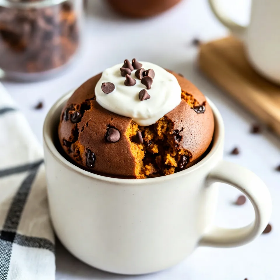 To make the chocolate chip pumpkin mug cake, gather these ingredients: - 3 tablespoons all-purpose flour - 1 tablespoon cocoa powder - 2 tablespoons pumpkin puree - 1 tablespoon brown sugar - 1 tablespoon granulated sugar - 1/8 teaspoon baking powder - 1/8 teaspoon cinnamon - 1/8 teaspoon vanilla extract - 3 tablespoons milk (or a plant-based alternative) - 2 tablespoons chocolate chips - A pinch of salt These ingredients blend together to create a rich, moist mug cake. You can add your own touch to this mug cake. Try these optional ingredients: - A sprinkle of nutmeg for warmth - Chopped nuts for crunch - A dash of pumpkin spice for extra flavor - Cream cheese for a richer taste Each option brings a new twist to this treat. Feel free to get creative! If you lack some ingredients, don’t worry. Use these simple swaps: - Use whole wheat flour instead of all-purpose flour for a healthier option. - Use unsweetened applesauce instead of pumpkin puree for a fruity flavor. - Swap brown sugar with honey or maple syrup for a different sweetness. - Use almond milk or oat milk in place of regular milk for a dairy-free cake. These substitutions allow you to make this recipe suit your needs. Enjoy experimenting! {{ingredient_image_1}} Start by getting a microwave-safe mug. In the mug, add these dry ingredients: - 3 tablespoons all-purpose flour - 1 tablespoon cocoa powder - 1 tablespoon brown sugar - 1 tablespoon granulated sugar - 1/8 teaspoon baking powder - 1/8 teaspoon cinnamon - A pinch of salt Mix these well. Use a small spoon to blend until there are no lumps. This step is important because it helps the cake rise evenly. Once the dry mix is ready, it is time for the wet ingredients. Add: - 2 tablespoons pumpkin puree - 1/8 teaspoon vanilla extract - 3 tablespoons milk (or a plant-based alternative) Stir these into the dry mix. Make sure to mix until you see a smooth batter. It should not be too thick or runny. This smoothness makes the cake fluffy. Now, it’s time to cook the mug cake. Before you do that, gently fold in: - 2 tablespoons chocolate chips This adds that rich, melty goodness to your cake. Place the mug in the microwave. Cook it on high for about 1 minute and 30 seconds. Keep an eye on it as microwaves can vary. The cake should rise and feel set in the middle. After cooking, let it cool for a couple of minutes. This helps it set further and makes it safe to eat. Enjoy your cake straight from the mug! To get the best texture, mix your dry and wet ingredients well. This helps blend flavors and ensures a smooth batter. A smooth batter leads to a soft, fluffy cake. Don’t overmix; just combine until you can’t see dry flour. One common mistake is not watching the microwave closely. Every microwave is different. Start with one minute and then check. If it’s still wet, add 10 seconds. Overcooking can make your cake dry and tough. Another mistake is not using a microwave-safe mug. Always check that your mug can handle the heat. To make your mug cake extra special, try toppings. A dollop of whipped cream works great. You can also add a scoop of vanilla ice cream for a treat. For a little crunch, sprinkle extra chocolate chips or nuts on top. A dusting of powdered sugar can make it look fancy, too. Pro Tips Use Fresh Pumpkin Puree: For the best flavor, use homemade pumpkin puree if possible. It enhances the taste and texture of your mug cake significantly. Adjust Cooking Time: Microwave wattages vary, so check your mug cake at the 1-minute mark to prevent overcooking. It should be set in the center but still moist. Experiment with Spices: Feel free to add other spices like nutmeg or ginger for an extra flavor kick. Just a pinch can elevate the dish! Customize Toppings: Top your mug cake with chopped nuts, caramel drizzle, or a sprinkle of sea salt for a delicious contrast to the sweetness. {{image_2}} You can switch up the flavors in this mug cake. Try adding peanut butter instead of pumpkin puree. This gives it a rich, nutty taste. You can also use a mix of spices. Add nutmeg or ginger for a warm twist. For a fun twist, mix in some chopped nuts or dried fruit. These add texture and extra flavor. Don't be afraid to experiment with your favorite flavors! Want to make this mug cake gluten-free? Use almond flour or a gluten-free mix. Both work great in this recipe. For a vegan option, swap the milk for almond or coconut milk. You can replace the chocolate chips with dairy-free ones. These small changes make the cake fit for everyone. It still tastes amazing! Fall is the perfect time for seasonal flavors. Consider adding chopped apples or pecans for a crunchy bite. You can also add a swirl of caramel sauce on top after cooking. This makes it feel extra special. A sprinkle of pumpkin spice on top can enhance the flavor, too. These additions make your mug cake feel cozy and festive. Enjoy the warmth of fall in every bite! If you have leftover chocolate chip pumpkin mug cake, store it in an airtight container. This keeps it fresh for about two days at room temperature. If you want to keep it longer, place it in the fridge. When you’re ready to enjoy it again, just pop it in the microwave for about 10 to 15 seconds. This warms it up perfectly. You can also add a bit of whipped cream or ice cream on top for a special treat! The best way to keep your mug cake fresh is to avoid letting it sit out too long. Keep it sealed. If you store it in the fridge, it will last a bit longer, about three to four days. However, the cake might lose some of its fluffiness when chilled. Always check for any changes in smell or texture before enjoying. You can make the batter ahead of time! Just mix the dry and wet ingredients separately. Store the dry mix in a sealed bag and the wet mix in the fridge. When you’re ready to bake, combine them in a mug and microwave. This way, you can enjoy your chocolate chip pumpkin mug cake whenever the craving hits! Microwave the cake for about 1 minute and 30 seconds. This time works for most microwaves. However, microwaves vary, so check your cake. It should rise and feel set in the middle. If it looks wet, give it 10 more seconds. Don’t overcook it, or it will get tough. Yes, you can use other flours. Almond flour and oat flour are great options. Just remember that different flours have different textures. Coconut flour absorbs more liquid, so you might need less. If you use whole wheat flour, it will add a nutty flavor. Adjust the liquid in the batter as needed. Serve it warm for the best taste. Top it with whipped cream or ice cream. A sprinkle of extra chocolate chips or powdered sugar adds a nice touch. You can also add nuts or a drizzle of caramel sauce. Enjoy it right from the mug for a cozy treat! This blog post covered how to make a tasty mug cake. We explored ingredients, step-by-step instructions, tips, variations, and storage. You learned about customizing flavors and avoiding common mistakes. Remember, the perfect mug cake is just a few minutes away. Enjoy experimenting with toppings and flavors, and don’t hesitate to make it your own. Your microwave is a great tool for quick treats! Now, go make that cake and satisfy your sweet tooth.