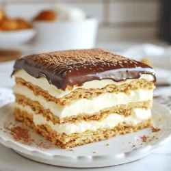 To make a wonderful Eggnog Eclair Cake, you will need these key ingredients: - 1 box of instant vanilla pudding mix (3.4 oz) - 2 cups milk - 1 teaspoon ground nutmeg - 1/2 teaspoon ground cinnamon - 1 teaspoon vanilla extract - 1 container of whipped topping (8 oz) - 1 package of graham cracker sheets (14.4 oz) - 1 cup eggnog (non-alcoholic) - 1 cup semi-sweet chocolate chips - 2 tablespoons butter These ingredients create a creamy and dreamy dessert. The instant vanilla pudding mix gives a rich base, while the eggnog adds a festive flavor. Nutmeg and cinnamon bring warmth to each bite. You can make your Eggnog Eclair Cake even more special with some simple garnishes: - Extra ground nutmeg for sprinkling on top - Whipped cream for a fluffy touch - Crushed graham crackers for added texture - Chocolate shavings for a fancy look These garnishes not only enhance the look but also add more flavor. If you need to make some swaps, here are a few easy substitutes: - Use almond milk instead of regular milk for a dairy-free option. - Swap vanilla pudding mix with chocolate for a different taste. - Replace whipped topping with coconut cream for a vegan choice. - Use any milk alternative for eggnog if you prefer. These substitutes keep the dish tasty while meeting your dietary needs. {{ingredient_image_1}} First, grab a large mixing bowl. Add 1 box of instant vanilla pudding mix and 2 cups of milk. Whisk them together for about 2 minutes. You want the mixture to thicken nicely. Next, stir in 1 teaspoon of ground nutmeg, 1/2 teaspoon of ground cinnamon, and 1 teaspoon of vanilla extract. This adds that classic eggnog flavor. Once combined, gently fold in 1 container of whipped topping. Make sure there are no lumps left. This creates a smooth and creamy pudding. Now it’s time to build your cake. Start by dipping each graham cracker sheet in 1 cup of eggnog. Just a quick dip is enough. Let the extra eggnog drip off. In a 9x13 inch baking dish, place a layer of the dipped graham crackers at the bottom. Make sure to cover the entire base. Spread half of the pudding mixture over the crackers. Then, repeat the process with another layer of eggnog-dipped crackers and the rest of the pudding mixture. Finish with one more layer of graham crackers on top. Let’s make the chocolate ganache now. In a microwave-safe bowl, combine 1 cup of semi-sweet chocolate chips and 2 tablespoons of butter. Microwave them in 30-second intervals. Stir between each interval until the mixture is smooth. Once melted, pour the ganache over the top layer of graham crackers. Spread it evenly for a nice finish. Finally, chill the cake in the refrigerator for at least 4 hours, or overnight if you can wait. This helps it set perfectly, making each slice a delight. To truly bring out the rich taste of eggnog, use fresh nutmeg. Ground nutmeg can lose its flavor over time. I suggest grating whole nutmeg for the best results. Also, don't skip the vanilla extract. It adds depth to the pudding. The mix of cinnamon and nutmeg creates a warm and cozy flavor. Store your Eggnog Éclair Cake in the fridge. Cover it well with plastic wrap. This keeps it fresh and prevents it from drying out. It can last for about 3 days. If you want to keep it longer, consider freezing it. For a festive touch, serve slices on holiday-themed plates. You can sprinkle extra nutmeg on top for color. This cake pairs well with a cup of warm cocoa or coffee. For added fun, consider serving it with whipped cream on the side. It makes a lovely treat for family gatherings and holiday parties. Pro Tips Use Fresh Eggnog: For the best flavor, opt for fresh, high-quality eggnog instead of powdered or carton versions. Chill Time Matters: Letting the cake chill overnight allows the flavors to meld and enhances the texture, making it creamier. Graham Cracker Tips: Dip graham crackers quickly in eggnog to prevent them from becoming too soggy; a quick dip is sufficient. Chocolate Ganache Consistency: Ensure the chocolate ganache is smooth and pourable by melting at intervals and stirring thoroughly. {{image_2}} You can make a vegan version of Eggnog Éclair Cake. Use a plant-based milk, like almond or oat milk, instead of regular milk. Choose a dairy-free whipped topping. You may find vegan pudding mixes, or you can make your own. Use cornstarch, almond milk, and a bit of sugar to create a creamy base. This way, you can still enjoy the festive flavors without dairy. Want to switch things up? Try adding pumpkin spice! Just replace the nutmeg and cinnamon in the pudding mix with 1 tablespoon of pumpkin spice. This adds a warm and cozy feel. You can also use flavored extracts like almond or peppermint for a twist. Each option gives your cake a unique taste while keeping the festive spirit alive. Get creative with the toppings! You can use crushed graham crackers for a crunchy layer on top. Toasted coconut adds a tropical touch. For a burst of flavor, add a layer of caramel sauce before the chocolate ganache. You can even top it with fresh berries or a sprinkle of holiday sprinkles for color. Each topping makes the cake your own! To keep your Eggnog Éclair Cake fresh, store it in the fridge. Make sure to cover it with plastic wrap or foil. This helps to keep it moist and tasty. The cake can last up to five days in the fridge. If you follow these steps, you will enjoy it longer. You can freeze this cake for up to two months. First, wrap it tightly in plastic wrap. Then, place it in a freezer-safe container. This keeps the flavors intact. When you are ready to eat, let it thaw in the fridge overnight. This will help it regain its texture. If you want to enjoy it warm, gently reheat individual slices in the microwave. Set it for 15 to 30 seconds on low power. This warms it without ruining the creaminess. Avoid reheating the whole cake, as it may lose its texture. Always serve it cold or slightly warm for the best taste. Yes, you can use homemade pudding. Just make sure it is thick and chilled. Instant pudding saves time, but homemade adds a rich taste. If you use homemade, let it cool before mixing in the whipped topping. Eggnog Eclair Cake lasts about 3 to 5 days in the fridge. Keep it covered to stay fresh. The flavors will meld and become even tastier over time. But, it is best enjoyed within the first few days. Eggnog is key for flavor and moisture. It gives the cake its festive taste. If you want, you can swap it with milk, but it won't taste the same. Eggnog makes this dessert special and perfect for the holidays. Eggnog Eclair Cake is a fun dessert made with simple ingredients. We discussed key components, how to prepare them, and tips for the best flavor. You learned about substitutes and fun variations too. This recipe is perfect for any festive time. With care, you can enjoy it fresh or store it well. Try different toppings or flavors to make it your own. Now, it’s time to create your own Eggnog Eclair Cake magic!