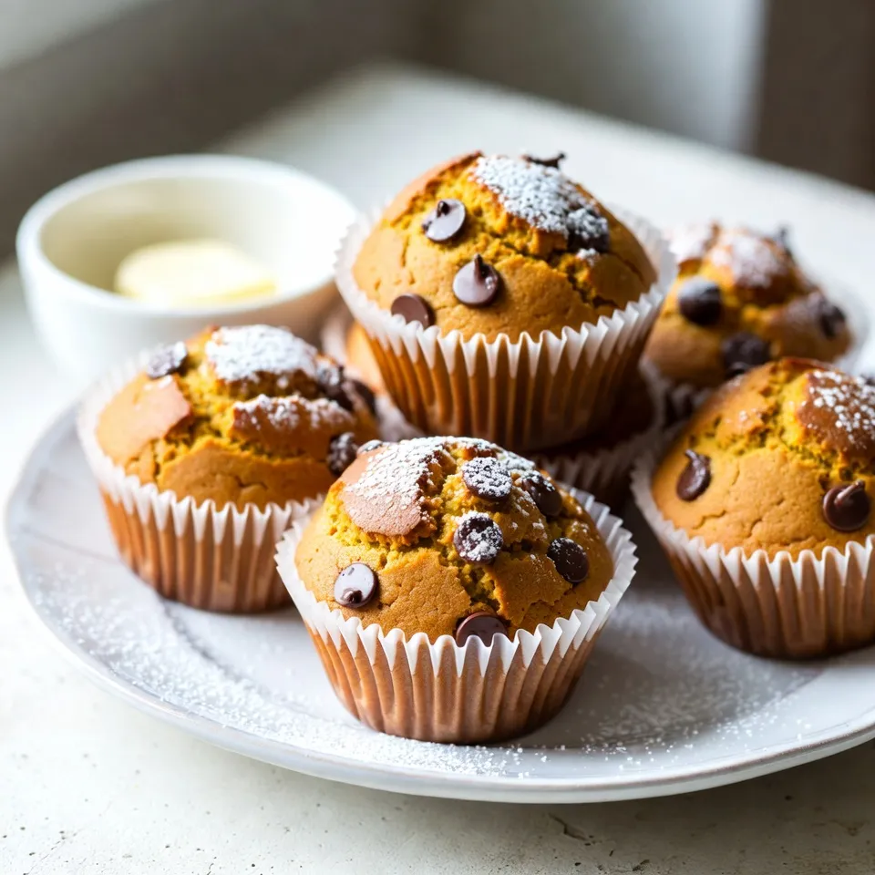 For my Chocolate Chip Pumpkin Muffins, I use these main ingredients: - 1 cup pumpkin puree - 1/2 cup vegetable oil - 1/2 cup brown sugar - 1/4 cup granulated sugar - 2 large eggs - 1 teaspoon vanilla extract - 1 1/2 cups all-purpose flour - 1 teaspoon baking soda - 1 teaspoon baking powder - 1 teaspoon ground cinnamon - 1/2 teaspoon ground nutmeg - 1/2 teaspoon salt - 1 cup semi-sweet chocolate chips These ingredients make the muffins moist and flavorful. Pumpkin puree adds a rich taste and keeps them soft. The chocolate chips give a sweet surprise in every bite. You can make your muffins even better with these optional add-ins: - 1/2 cup chopped walnuts Walnuts add a nice crunch and nutty flavor. They work well with the pumpkin and chocolate. If you prefer a nut-free muffin, just skip this ingredient. If you need to swap some ingredients, here are my suggestions: - Use applesauce instead of oil for a lighter muffin. - For a healthier option, replace brown sugar with coconut sugar. - If you don’t have eggs, try 1/4 cup of applesauce or mashed banana. These substitutions can change the texture and flavor a bit, but they still work well. Adjust to your taste and dietary needs. {{ingredient_image_1}} First, preheat your oven to 350°F (175°C). This temperature is perfect for baking. Next, line a muffin tin with paper liners or lightly grease it. In a large bowl, mix 1 cup of pumpkin puree, 1/2 cup of vegetable oil, 1/2 cup of brown sugar, and 1/4 cup of granulated sugar. Whisk these ingredients until smooth. Then, add 2 large eggs one at a time. Follow this with 1 teaspoon of vanilla extract. Beat until everything blends well. In another bowl, combine 1 1/2 cups of all-purpose flour, 1 teaspoon of baking soda, 1 teaspoon of baking powder, 1 teaspoon of ground cinnamon, 1/2 teaspoon of ground nutmeg, and 1/2 teaspoon of salt. Mix these dry ingredients well. Gradually add this dry mix to your wet mix. Stir gently until just combined. It’s okay if there are some lumps. Finally, fold in 1 cup of semi-sweet chocolate chips and 1/2 cup of chopped walnuts if you like. Now it’s time to fill the muffin cups. Divide the batter evenly, filling each cup about 2/3 full. This gives them space to rise. Place the muffin tin in your preheated oven. Bake them for 18-20 minutes. To check if they are ready, insert a toothpick in the center. If it comes out clean, you’re good to go! After baking, let the muffins cool in the tin for 5 minutes. This helps them firm up. Once cooled, transfer them to a wire rack. Allow them to cool completely. Serve the muffins warm on a nice platter. A light dusting of powdered sugar makes them look great. Pair them with a small bowl of butter for spreading, and top with a sprinkle of chocolate chips for an extra treat. Enjoy! To make the best chocolate chip pumpkin muffins, start with fresh ingredients. Use pure pumpkin puree for a rich taste. Measure your flour correctly; too much can make them dry. I like to spoon the flour into the measuring cup and level it off with a knife. This way, I avoid packing it down. Mix the wet and dry ingredients until just combined. Overmixing makes muffins tough. A few lumps are okay. Finally, fill each muffin cup only about two-thirds full for a nice rise. One common mistake is not preheating your oven. Your muffins need that heat to rise properly. Another mistake is using old baking powder or baking soda. Always check the expiration dates. If you skip the salt, your muffins may taste flat. Don’t forget to add the optional walnuts. They add great texture and flavor. Lastly, avoid opening the oven door too early. This can cause the muffins to sink. You can enhance flavor by adding spices like ginger or cloves. A touch of maple syrup can add sweetness and depth. If you want a richer taste, try using brown butter instead of regular oil. For extra texture, sprinkle some oats on top before baking. You can also swap in dark chocolate chips for a bolder flavor. If you like, add a scoop of your favorite nuts for crunch. These small changes can make a big difference in your muffins. Pro Tips Use Fresh Pumpkin Purée: For the best flavor, consider using homemade pumpkin purée instead of canned. Simply roast a pumpkin, scoop out the flesh, and blend until smooth. Don’t Overmix: When combining the wet and dry ingredients, mix just until combined. Overmixing can lead to dense muffins instead of light and fluffy ones. Experiment with Spices: Feel free to adjust the spices according to your taste. Adding a pinch of ginger or allspice can elevate the flavor profile of your muffins. Store Properly: To keep your muffins fresh, store them in an airtight container at room temperature for up to 3 days, or freeze them for longer storage. {{image_2}} You can make these muffins gluten-free by swapping regular flour with a gluten-free blend. Use a 1:1 gluten-free flour mix for the best results. This should keep the texture light and fluffy. Always check that your baking powder and other ingredients are gluten-free. You won’t miss the regular flour at all! To make vegan muffins, replace the eggs with flaxseed meal. Mix one tablespoon of flaxseed meal with three tablespoons of water for each egg. Let this sit until it thickens. You can also use plant-based oil instead of vegetable oil. Choose dairy-free chocolate chips, and you’re all set for a tasty vegan treat! Feel free to get creative! Add spices like ginger or cloves for extra warmth. You could also mix in dried cranberries, raisins, or even apple pieces for a fruity twist. If you love nuts, try pecans instead of walnuts. Each option brings a new taste to these muffins, making them special for any occasion! To keep your chocolate chip pumpkin muffins fresh, store them in an airtight container. This helps to keep them moist. You can store them at room temperature for up to three days. If you need to keep them longer, refrigeration is an option. However, this may dry them out a bit. Freezing is a great way to save muffins. Let the muffins cool completely before freezing. Wrap each muffin tightly in plastic wrap. Then, place them in a freezer bag or container. They can last for up to three months in the freezer. When you're ready to enjoy them, just take out the desired number of muffins. Reheating muffins is simple. You can use the microwave for a quick option. Heat each muffin for about 15 to 20 seconds. For a crispier option, use the oven. Preheat your oven to 350°F (175°C) and warm the muffins for about 5 to 10 minutes. This will refresh them nicely. Enjoy your tasty treat! Yes, you can use fresh pumpkin. First, cook the pumpkin by baking or steaming it. Once soft, scoop the flesh and puree it until smooth. This fresh pumpkin adds a great flavor. However, it may have more moisture than canned pumpkin. You might need to adjust the flour to keep your muffins fluffy. To check if the muffins are done, insert a toothpick into the center. If it comes out clean or with a few moist crumbs, your muffins are ready. The tops should look golden and spring back when you touch them. If the toothpick has wet batter, bake a few more minutes. You can use several substitutes for eggs. For each egg, try one of these options: - 1/4 cup unsweetened applesauce - 1/4 cup mashed banana - 1 tablespoon ground flaxseed mixed with 3 tablespoons water These alternatives help bind the muffins while keeping them moist and delicious. In this post, we explored making delicious muffins with easy steps. We covered key ingredients, optional add-ins, and substitutions. You learned how to prepare, bake, cool, and serve your muffins. I also shared tips for perfecting flavor and avoiding mistakes. Plus, we highlighted fun variations and best storage methods. Now you can confidently bake tasty muffins tailored to your needs. Enjoy every bite!