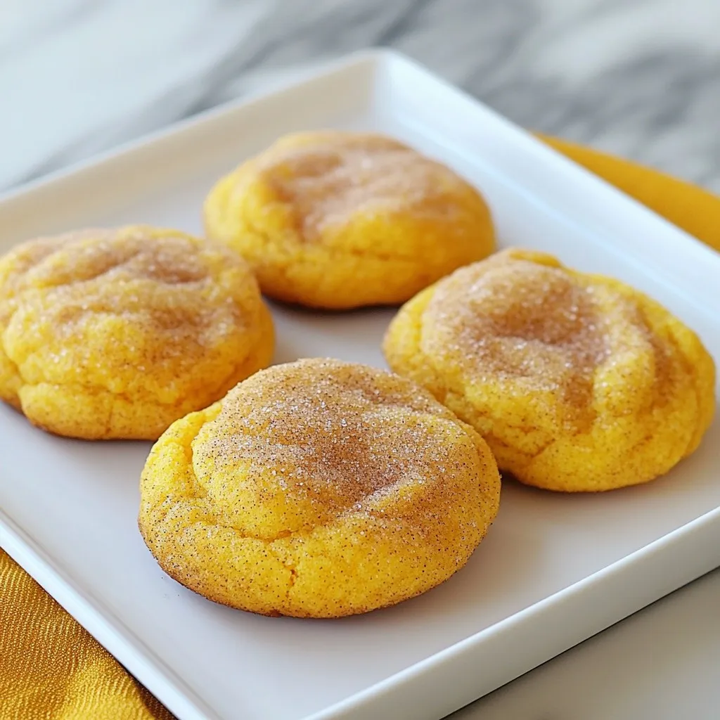 For these Pumpkin Snickerdoodle Cookies, gather the following ingredients: - 1 cup pumpkin puree - 1/2 cup unsalted butter, softened - 1 cup granulated sugar - 1/2 cup brown sugar, packed - 1 large egg - 1 teaspoon vanilla extract - 2 1/2 cups all-purpose flour - 1 teaspoon baking soda - 1/2 teaspoon baking powder - 1 teaspoon cream of tartar - 1 teaspoon ground cinnamon - 1/2 teaspoon ground nutmeg - 1/4 teaspoon ground ginger - 1/4 teaspoon salt - 1/4 cup granulated sugar (for rolling) - 2 teaspoons ground cinnamon (for rolling) These ingredients create a balance of flavors. The pumpkin puree adds moisture and a sweet taste. The butters and sugars provide a creamy texture. The spices give warmth and depth. Each element plays a role in making these cookies unique. When choosing ingredients, look for fresh spices. Fresh spices ensure bold flavors in your cookies. Use good quality butter for a rich taste. The more care you take, the better your cookies will be. Make sure to have everything ready before you start. This helps the process go smoothly. Enjoy the fun of baking these delightful treats! {{ingredient_image_1}} First, set your oven to 350°F (175°C). This is the perfect temperature for baking. While the oven heats up, line two baking sheets with parchment paper. This helps the cookies not stick. In a bowl, whisk together the dry ingredients. You will need flour, baking soda, baking powder, cream of tartar, ground cinnamon, nutmeg, ginger, and salt. Whisking makes sure everything mixes well. This step is key for even flavor in your cookies. In a large bowl, cream the softened butter, granulated sugar, and brown sugar. Mix until it looks light and fluffy. This is where the magic begins. Next, add the pumpkin puree, egg, and vanilla extract. Beat the mixture until it is smooth and everything is well combined. Now it’s time to form the cookies. Use a cookie scoop or your hands to make 1-inch balls of dough. Roll each ball in the cinnamon-sugar mix you prepared earlier. This gives your cookies that sweet, spicy crust. Place the dough balls on the baking sheets, leaving 2 inches between each one. Bake for 10-12 minutes. Look for set edges and a slightly cracked top. After baking, let them cool for 5 minutes on the sheets, then move them to a wire rack. Enjoy the delicious smell! To get the best texture, avoid overmixing your dough. Once you add the dry ingredients, mix just until everything is combined. If you mix too much, the cookies become tough. Keep it gentle and quick. For optimal baking, preheat your oven to 350°F (175°C). Bake the cookies for 10-12 minutes. Look for edges that are set and tops that are slightly cracked. After baking, let them cool on the sheet for about 5 minutes. This helps them firm up before you move them. To boost the flavor, try adding extra spices. A pinch of allspice or cloves can make the cookies even more delicious. You could also add a splash of maple extract for a sweet twist. Mixing up flavors keeps your baking exciting! Pro Tips Use Fresh Pumpkin Puree: For the best flavor, use homemade pumpkin puree instead of canned. Simply roast a sugar pumpkin and blend until smooth. Chill the Dough: If the dough feels too soft to handle, refrigerate it for 30 minutes. This will make it easier to form balls and help the cookies hold their shape while baking. Adjust Spices to Taste: Feel free to adjust the spices based on your preferences. If you love cinnamon, add a bit more for extra warmth! Store Properly: Keep the cookies in an airtight container at room temperature for up to a week, or freeze them for longer storage. They make a perfect treat for later! {{image_2}} You can make these cookies even sweeter by adding chocolate chips. Use about 1 cup of semi-sweet chocolate chips. After mixing the wet and dry ingredients, fold in the chocolate chips. This will give each bite a rich, chocolatey flavor that pairs well with the pumpkin spice. If you need a gluten-free version, swap the all-purpose flour for a gluten-free blend. Look for blends that include rice flour, tapioca starch, and potato starch. Use the same amount as the regular flour in the recipe. This will keep the texture nice and soft while still making it gluten-free. To make these cookies vegan, you can replace the egg with a flax egg. Mix 1 tablespoon of ground flaxseed with 2.5 tablespoons of water. Let it sit for a few minutes until it thickens. For the butter, use a plant-based alternative, like coconut oil or vegan butter. This way, you can enjoy a tasty pumpkin snickerdoodle without dairy or eggs. To keep your pumpkin snickerdoodle cookies fresh, store them in airtight containers. This prevents air from making the cookies soft or stale. Place them in a cool, dry area. Avoid direct sunlight or heat. You can also layer cookies with parchment paper to keep them from sticking together. Freezing is a great way to save cookies for later. To freeze cookie dough, scoop the dough into balls. Place them on a baking sheet and freeze until firm. Then, transfer them to a freezer bag. For baked cookies, let them cool completely. Wrap each cookie in plastic wrap and then put them in a freezer bag. They can last up to three months in the freezer. Pumpkin snickerdoodle cookies stay fresh for about a week when stored properly. If you use airtight containers, they may stay good for up to ten days. Keep an eye on their texture and smell. If they become hard or lose their sweet aroma, it’s time to toss them out. Yes, you can use canned pumpkin puree. It saves time and is easy to find. Just make sure to choose pure pumpkin, not pumpkin pie filling. Fresh pumpkin can be great, but it requires more work. If you use fresh, cook and mash it first. The flavor will be rich either way. Snickerdoodles are soft cookies rolled in cinnamon-sugar. They have a unique tang from cream of tartar. Pumpkin cookies, on the other hand, focus on the flavor of pumpkin. They are often more cake-like and less chewy. Our pumpkin snickerdoodles blend both styles for a soft and spicy treat. You can tell when cookies are done by looking at their edges. They should be set, and the tops may crack slightly. Avoid overbaking for soft cookies. If they look too golden, they may be dry. Let them cool on the sheet for five minutes before transferring. This helps them firm up nicely. This blog post guides you through making delicious pumpkin cookies. We covered ingredients, step-by-step instructions, tips, variations, and storage. Remember to mix well, watch bake times, and explore flavors. You can also try gluten-free or vegan options. Follow these steps, and you’ll enjoy warm, flavorful cookies any time. Happy baking!