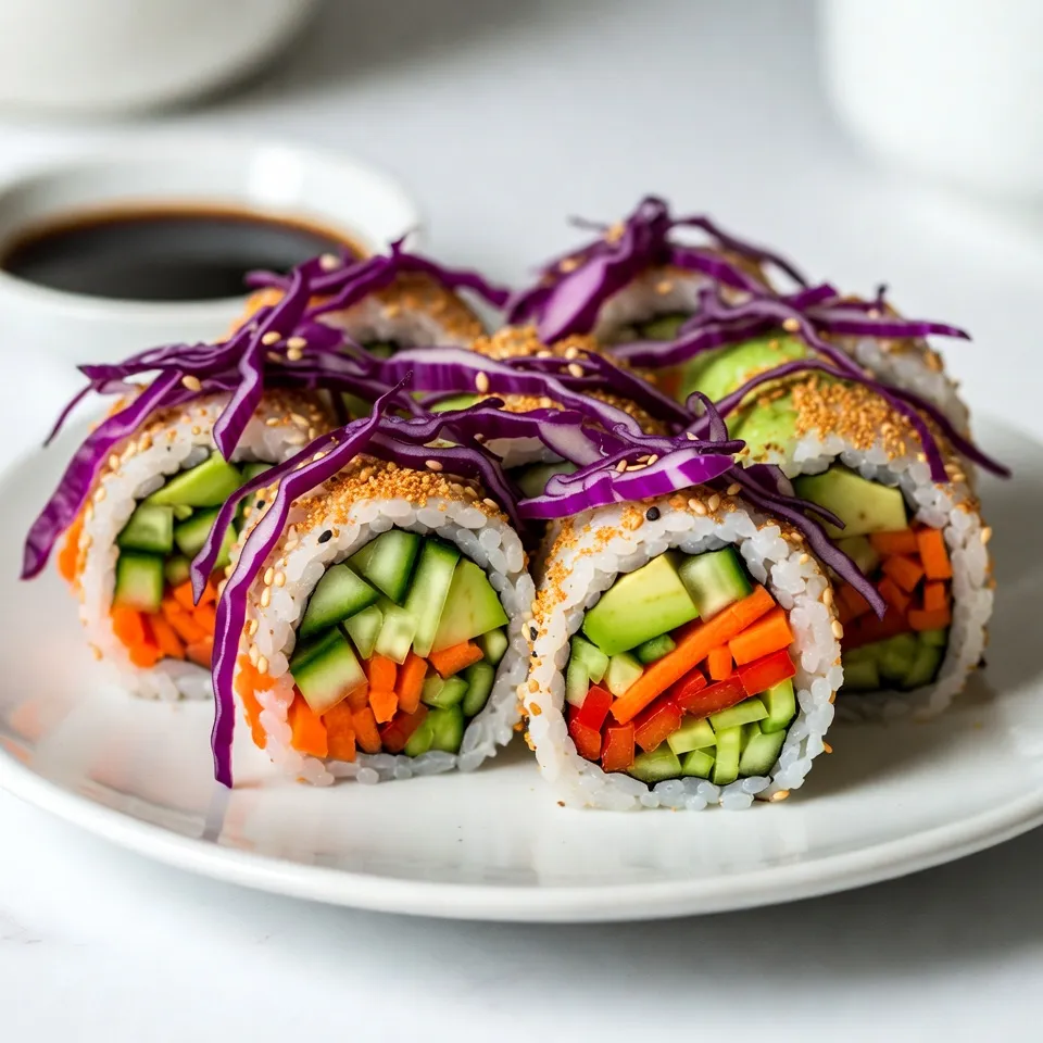 To make Rainbow Veggie Sushi Rolls, you need the following ingredients: - 2 cups sushi rice - 3 cups water - 1/4 cup rice vinegar - 2 tablespoons sugar - 1 teaspoon salt - 4 sheets nori (seaweed) - 1 small cucumber, julienned - 1 medium carrot, julienned - 1 ripe avocado, sliced - 1/2 bell pepper (red or yellow), sliced into thin strips - 1/2 cup purple cabbage, finely shredded - Toasted sesame seeds (for garnish) - Soy sauce (for dipping) Using fresh and colorful veggies makes the sushi fun and tasty. Each ingredient adds its own flavor and crunch. You can mix and match based on what you like. Want to add more color? Try different peppers or even radishes. The rice is the base, while the nori wraps it all together. This dish is about balance and freshness. You can enjoy it as a snack or a full meal. Eating healthy can be fun when you make these sushi rolls! {{ingredient_image_1}} 1. Rinse the sushi rice under cold water. Keep rinsing until the water runs clear. This helps remove extra starch. 2. In a medium pot, combine the rinsed rice with 3 cups of water. Bring it to a boil. 3. Once boiling, reduce the heat to low. Cover the pot and let it simmer for 15 minutes. 4. After 15 minutes, remove the pot from heat. Let it sit, covered, for another 10 minutes. 5. In a small bowl, mix rice vinegar, sugar, and salt. Stir until everything dissolves. 6. Gently fold this mixture into the cooked rice. Spread the rice onto a large plate to cool. 1. Lay a sheet of nori on a bamboo sushi mat. Make sure the shiny side faces down. 2. Wet your hands to prevent the rice from sticking. Spread about 1/2 cup of rice evenly over the nori. Leave a 1-inch border at the top. 3. Arrange the julienned cucumber, carrot, sliced avocado, bell pepper strips, and shredded cabbage in a row across the center of the rice. 1. Using the sushi mat, start rolling the nori away from you tightly. Press gently to form a cylinder. 2. To seal the roll, wet the edge of the nori with a bit of water. 3. Repeat this process with the remaining nori sheets and fillings. 4. To cut the rolls, use a sharp knife. Slice each roll into 6 to 8 pieces. Wipe the knife with a damp cloth between cuts. This helps make clean slices. Using a bamboo mat makes rolling easier. Place your nori shiny side down on the mat. Wet your hands to stop the rice from sticking. Spread rice evenly, leaving a gap at the top. This gap helps seal the roll later. Use gentle pressure as you roll. Keep everything tight and even. Try different veggies for fun flavors. Instead of cucumber, use zucchini or radish. Swap out avocado for mango for a sweet twist. You can also mix in sprouts or green onions. For dipping sauces, soy sauce works well. You might enjoy spicy mayo or ponzu sauce too. Arranging sushi rolls adds beauty. Place them on a bright platter. Serve soy sauce in a small bowl. Add a sprinkle of sesame seeds on top. For color, include wasabi and pickled ginger on the side. This makes each plate pop with flavor and charm. Pro Tips Fresh Ingredients: Use the freshest vegetables you can find for the best flavor and texture in your sushi rolls. Rice Consistency: Ensure your sushi rice is sticky enough to hold the rolls together. Adjust the water-to-rice ratio as needed. Cutting Technique: Use a sharp, wet knife to cut the rolls. This helps prevent the rice from sticking to the blade. Experiment with Fillings: Don’t hesitate to experiment with different vegetables or add proteins like crab, shrimp, or tofu for variation. {{image_2}} You can change up your sushi rolls with different veggies. Seasonal vegetables work great. Try adding asparagus in spring or sweet corn in summer. Each veggie brings unique flavors and textures. For example, radishes add crunch, while spinach gives a soft bite. Mix and match to find your favorite combos. If you need gluten-free sushi, you have options. Swap soy sauce for tamari, which is gluten-free. This way, you can still enjoy that savory taste. Use gluten-free wraps instead of nori if you prefer. Rice paper is a good choice for a light and fresh roll. To make your rolls even tastier, add proteins. Tofu is a great choice since it soaks up flavors well. You can use smoked tofu for a savory kick. For a sweet twist, add fruits like mango or pineapple. This gives your sushi rolls a fun, tropical flair. To keep leftover sushi fresh, store it in an airtight container. Place a damp paper towel in with the sushi. This helps prevent the rice from drying out. Try to eat leftover sushi within 24 hours. After that, the texture and taste can change. Sushi is best enjoyed fresh, but if you need to reheat it, do so gently. Place sushi in a microwave-safe dish. Cover it with a damp paper towel. Heat for about 10-15 seconds. Check to avoid overheating, as this can ruin the rice. You can freeze sushi rolls, but only if they are made with cooked ingredients. Wrap each roll tightly in plastic wrap. Then place them in a freezer bag. They can last up to a month in the freezer. To thaw, move the rolls to the fridge overnight. When ready to eat, slice and serve them cold or at room temperature. Avoid reheating frozen sushi, as it can alter the flavor and texture. To make sushi rice sticky, rinse it well. Rinsing removes excess starch. This step helps the rice stick together. Then, cook it correctly. Combine 2 cups of sushi rice with 3 cups of water. Bring it to a boil, then reduce the heat. Cover and let it simmer for 15 minutes. After cooking, let it sit for 10 minutes without lifting the lid. Finally, mix in rice vinegar, sugar, and salt. This mixture adds flavor and promotes stickiness. You can use regular rice, but it won’t taste the same. Sushi rice is short-grain and has more starch. This gives it a sticky texture. Long-grain rice, like basmati, is fluffy and dry. It won’t hold together in rolls. If you must use regular rice, try to find a short-grain variety. This will be closer to the desired texture. To cut sushi rolls well, use a sharp knife. Wet the knife with water before cutting. This helps prevent sticking. Cut each roll into 6-8 pieces for nice portions. Make smooth, even cuts with one motion. Wipe the knife between cuts to keep it clean. This will help your rolls look neat and appealing. Making sushi at home is fun and rewarding. We covered the key ingredients like sushi rice, nori, fresh veggies, and essential seasonings. You learned how to cook sushi rice, roll the sushi, and add tasty veggies. I shared tips for rolling techniques, flavor combos, and pretty presentations. Don't forget the variations for different diets. Proper storage helps keep your sushi fresh for longer. Enjoy making your unique rolls, and remember, practice makes perfect! Start your sushi journey today and impress your friends with your skills.