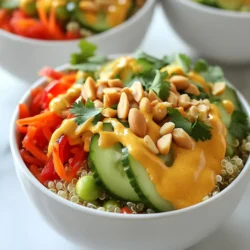 To create a tasty Thai Peanut Quinoa Bowl, you'll need the following main ingredients: - 1 cup quinoa, rinsed - 2 cups water or vegetable broth - 1 cup shredded carrots - 1 red bell pepper, thinly sliced - 1/2 cup cucumber, diced - 1/2 cup edamame, shelled - 1/4 cup chopped green onions - 1/4 cup fresh cilantro, chopped - 1/4 cup roasted peanuts, chopped - Salt and pepper to taste These ingredients give your bowl a colorful look and a mix of crunch and flavor. Quinoa serves as the base, while fresh veggies add nutrition and taste. Now, let's talk about the peanut sauce. It’s the star of the dish! Here’s what you need: - 1/3 cup natural peanut butter - 2 tablespoons soy sauce (or tamari for gluten-free) - 2 tablespoons honey or maple syrup - 1 tablespoon rice vinegar - 1 tablespoon sesame oil - 1 tablespoon water (more if needed for consistency) - 1 teaspoon grated ginger - 1 garlic clove, minced This sauce is rich and creamy. The peanut butter pairs well with the sweet and salty notes from honey and soy sauce. Using good ingredients makes a big difference. Here are some tips: - Quinoa: Choose organic quinoa if possible. It has better flavor and quality. - Fresh Veggies: Use fresh, crunchy vegetables. They add texture and taste. - Natural Peanut Butter: Look for peanut butter with no added sugar or oils. This keeps it healthy. - Honey or Maple Syrup: Use pure honey or real maple syrup. Avoid processed versions for better flavor. Good quality ingredients will make your Thai Peanut Quinoa Bowls shine. Enjoy the cooking and the eating! {{ingredient_image_1}} Start by rinsing 1 cup of quinoa under cold water. This step removes any bitter taste. Next, combine the rinsed quinoa with 2 cups of water or vegetable broth in a medium saucepan. Bring it to a boil over high heat. Once it boils, lower the heat to simmer. Cover the pot and let it cook for about 15 minutes. When the quinoa is fluffy and the liquid is absorbed, remove it from heat. Keep it covered for 5 minutes to let it steam. While the quinoa cooks, prepare the peanut sauce. In a small bowl, add 1/3 cup of natural peanut butter, 2 tablespoons of soy sauce, and 2 tablespoons of honey or maple syrup. Then, add 1 tablespoon of rice vinegar, 1 tablespoon of sesame oil, and 1 tablespoon of water. Mix in 1 teaspoon of grated ginger and 1 minced garlic clove. Whisk until smooth. If the sauce is too thick, add more water until you reach your desired consistency. In a large serving bowl, combine the cooked quinoa with 1 cup of shredded carrots, 1 thinly sliced red bell pepper, 1/2 cup of diced cucumber, 1/2 cup of shelled edamame, 1/4 cup of chopped green onions, and 1/4 cup of chopped fresh cilantro. Toss everything together gently. Drizzle the peanut sauce over the quinoa and veggies. Toss again until all the ingredients are well-coated. Season with salt and pepper to taste. Finally, top with 1/4 cup of chopped roasted peanuts for a nice crunch. To cook quinoa just right, start with rinsed quinoa. This step removes bitter flavors. Use a medium saucepan for cooking. Combine one cup of quinoa with two cups of water or vegetable broth. Bring it to a boil over high heat. Once boiling, reduce the heat to low. Cover the pot and let it simmer for about 15 minutes. The quinoa should absorb all the liquid and become fluffy. After cooking, let it sit, covered, for five more minutes. This resting time makes it even better. The peanut sauce is key to this dish. To make it smooth, combine all the sauce ingredients in a bowl. Use 1/3 cup of natural peanut butter, soy sauce, honey, rice vinegar, sesame oil, grated ginger, and minced garlic. Mix well until it is creamy. If the sauce is too thick, add more water, one tablespoon at a time. Keep mixing until you reach your desired thickness. A good consistency coats the quinoa and veggies nicely. Presentation makes this dish pop! Serve the quinoa mix in individual bowls. Drizzle extra peanut sauce on top for flavor. Add a sprinkle of chopped cilantro and peanuts for crunch. You can also serve it with lime wedges for a zesty kick. This dish is colorful and full of nutrients, making it perfect for any meal. Enjoy your creation! Pro Tips Rinse the Quinoa: Always rinse quinoa under cold water before cooking to remove its natural coating, saponin, which can taste bitter. Customize Your Veggies: Feel free to add or substitute any of your favorite vegetables. Broccoli, snap peas, or even avocado work great! Make it Ahead: This dish is perfect for meal prep! Store the quinoa and veggies separately from the peanut sauce to keep them fresh. Adjust the Sauce: If you prefer a spicier kick, add a dash of sriracha or red pepper flakes to the peanut sauce for an extra flavor boost. {{image_2}} You can add protein to your Thai Peanut Quinoa Bowls easily. Chicken is a great choice. Just grill or sauté it until it is cooked through. Cut it into bite-sized pieces and mix it in. If you want a plant-based option, use firm tofu. Press and cube the tofu, then pan-fry it until golden. Both options will give you a hearty meal. Feel free to change the veggies in your bowls. Broccoli, snap peas, or bell peppers work well. You can also use spinach or kale for added greens. Just make sure to chop them into small pieces for easy eating. This keeps your bowls colorful and full of flavor. To keep your meal vegan, replace honey with maple syrup. For a gluten-free meal, use tamari instead of soy sauce. Quinoa itself is gluten-free, making it a great base. These swaps let everyone enjoy a tasty bowl without worry. To store your Thai Peanut Quinoa Bowls, place them in an airtight container. Make sure to cool the dish to room temperature first. This helps keep it fresh. You can store leftovers in the fridge for up to four days. If you want to keep them longer, consider freezing them. Just remember to separate the peanut sauce to keep the flavors fresh. When you are ready to enjoy leftovers, reheat them gently. Use the microwave or a stovetop pan. If using the microwave, heat in short bursts. Stir in between to warm evenly. If you find the quinoa a bit dry, add a splash of water or extra peanut sauce. This helps bring back the creaminess. Most ingredients in your Thai Peanut Quinoa Bowls have a good shelf life: - Quinoa: Can last for two to three years in a cool, dry place. - Peanut Butter: It stays fresh for six to nine months after opening. - Fresh Veggies: Use them within a week for best taste. - Sauces: Homemade peanut sauce can last up to a week in the fridge. Keeping track of these details helps you enjoy this dish at its best! Yes, you can prepare this recipe in advance. Cook the quinoa and chop the veggies. Store them separately in the fridge. Combine them when you are ready to eat. The flavors remain fresh and tasty! If you want a substitute for quinoa, try brown rice or farro. These grains add a nice texture. You can also use cauliflower rice for a low-carb option. Each choice changes the dish a bit but keeps it yummy. Yes, you can make the sauce without peanut butter. Use sunflower seed butter or almond butter instead. These options create a similar taste. Just remember, they may change the flavor slightly but will still be good! To add spice, include sliced jalapeños or red pepper flakes. You can also use a spicy peanut butter. Experiment with the heat until it suits your taste. A little spice can take the dish to a new level! These Thai Peanut Quinoa Bowls are easy and delicious. We covered key ingredients like quinoa and peanut sauce, and tips on choosing fresh items. I shared step-by-step cooking methods and how to combine them perfectly. You can add proteins or vegetables to suit your taste. Store your leftovers well for future meals. Finally, remember, you can adjust this dish, making it spicy or meal-prepped. Enjoy your cooking and the tasty results!