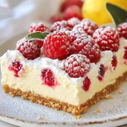 - 1 cup graham cracker crumbs - 1/4 cup granulated sugar - 1/2 cup unsalted butter, melted - 16 oz cream cheese, softened - 2/3 cup granulated sugar - 2 large eggs - 2 tablespoons lemon juice - Zest of 1 lemon - 1 1/2 cups fresh raspberries - 1 tablespoon cornstarch - 1 tablespoon powdered sugar (for garnish) To make Raspberry Lemon Cheesecake Bars, you need simple yet tasty ingredients. The graham cracker crumbs form the crust. The sweet and creamy filling comes from the cream cheese and sugar. Lemons give a bright flavor, while fresh raspberries add a pop of color and taste. Gather one cup of graham cracker crumbs and a quarter cup of granulated sugar. You also need half a cup of melted unsalted butter to hold the crust together. For the filling, you will need 16 ounces of softened cream cheese and two-thirds cup of granulated sugar. Next, grab two large eggs, two tablespoons of lemon juice, and the zest of one lemon. The zest brings in a fresh, tangy taste. Finally, use one and a half cups of fresh raspberries for a fruity touch and one tablespoon of cornstarch to help thicken the filling. Don't forget the powdered sugar for sprinkling on top before serving! With these ingredients, you will create a delightful treat that everyone will love. {{ingredient_image_1}} 1. Preheat your oven to 325°F (160°C). Line an 8x8 inch baking dish with parchment paper. 2. In a medium bowl, mix the graham cracker crumbs, 1/4 cup of granulated sugar, and melted butter. Stir until it looks like wet sand. 3. Firmly press this mixture into the bottom of the dish. Bake for 10 minutes, then let it cool slightly. 1. In a large bowl, beat the softened cream cheese with 2/3 cup granulated sugar until it is smooth and creamy. This takes about 2 minutes. 2. Add the eggs one at a time. Mix well after each egg. Then stir in the lemon juice and zest. 3. In another bowl, coat the fresh raspberries with cornstarch. Gently fold these raspberries into the cheesecake mixture. Be careful not to crush them too much. 1. Pour the cheesecake filling over the cooled crust. Spread it out evenly. 2. Bake in the preheated oven for 25-30 minutes. The edges should set, while the center has a slight jiggle. 3. Let the bars cool at room temperature for about 1 hour. Then refrigerate for at least 3 hours, or until fully set. 4. Once set, lift the cheesecake from the dish using the parchment paper. Cut into squares and dust with powdered sugar before serving. To make a creamy cheesecake, mix your cream cheese well. I always beat it until smooth and fluffy. Start at a low speed, then go faster. This helps avoid lumps. Using room temperature ingredients is key. Cold cream cheese does not blend well. Let it sit out for about 30 minutes before mixing. You can add more flavors for a twist. Try vanilla extract or a splash of almond extract. The quality of your ingredients matters. Use fresh eggs and real lemon juice. These choices make your dessert taste amazing. How you serve your cheesecake bars matters. Use a pretty plate to catch the eye. Garnish with whole raspberries on top. A sprig of mint adds a nice touch. Dust with powdered sugar for a sweet finish. This makes each bar look special and inviting. Pro Tips Use Room Temperature Cream Cheese: Allow the cream cheese to sit at room temperature for about an hour before mixing. This ensures a smoother texture and prevents lumps in your cheesecake filling. Don't Overmix the Eggs: When adding the eggs to the mixture, mix just until combined. Overmixing can incorporate too much air, leading to cracks in your cheesecake bars as they bake. Cool Gradually: After baking, let the cheesecake bars cool at room temperature before refrigerating. This helps prevent condensation, which can make the surface soggy. Chill Overnight for Best Results: For the best flavor and texture, let the cheesecake bars chill overnight in the refrigerator before serving. This allows the flavors to meld beautifully. {{image_2}} You can switch up the fruit in these bars. Blueberries or strawberries work well. Use fresh fruit for the best taste. Frozen fruit can also work, but it may add extra moisture. If you use frozen fruit, thaw and drain it first. Want a different crust? Try a gluten-free option. You can use almond flour or gluten-free cookies. For a fun twist, use Oreo cookies instead of graham crackers. Crush them and mix with butter. This adds a rich chocolate flavor. For a vegan version, use dairy-free cream cheese. Brands like Tofutti or Kite Hill are great options. Instead of eggs, try flaxseed meal or applesauce. Mix one tablespoon of flaxseed with three tablespoons of water. Let it sit for a few minutes to thicken. This will help bind your bars while keeping them vegan. Store your Raspberry Lemon Cheesecake Bars in the refrigerator. They taste best when chilled. If you leave them out at room temperature, they might get soft and lose their shape. To keep them fresh, cover the bars tightly. Use plastic wrap or a sealed container. This helps prevent the bars from drying out. You can freeze these cheesecake bars for later enjoyment. First, cut them into squares. Wrap each square in plastic wrap. Then, place them in a freezer-safe bag. For best results, enjoy them within 2 to 3 months. When you want to eat them, take them out of the freezer. Let them thaw in the fridge overnight. This keeps their texture nice and creamy. To check if your cheesecake bars are done, look for these signs: - The edges should be set and firm. - The center will have a slight jiggle. - A toothpick inserted in the center should come out clean or with a few moist crumbs. When you see these signs, your bars are ready to come out. Let them cool to room temperature. This helps set the texture. Yes, you can make these bars ahead of time. They stay fresh in the fridge for up to five days. To store them: - Cover the pan tightly with plastic wrap. - Alternatively, place them in an airtight container. Just remember to let them chill for at least three hours before serving. This allows the flavors to blend. Cracks can happen, but don’t worry! Here are some tips: - Ensure you mix the batter gently. Over-mixing adds air, which can cause cracks. - Keep the oven temperature steady. Sudden changes can affect baking. If cracks do appear, you can cover them with whipped cream or fresh raspberries. This makes your bars look even better! This blog post detailed how to make delicious Raspberry Lemon Cheesecake Bars. We covered the ingredients and step-by-step instructions, ensuring you get great results. I shared tips for texture, flavor, and garnishing that can elevate your dish. Variations let you explore different fruits or crust types. We also discussed storage and answered common questions. Enjoying your cheesecake bars is the goal. With the right methods, you can impress everyone with your tasty dessert.