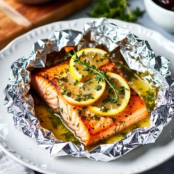- 4 salmon fillets (about 6 oz each) - 4 tablespoons unsalted butter, softened - 4 cloves garlic, minced - 2 tablespoons fresh parsley, chopped - 1 tablespoon fresh dill, chopped - 4 sprigs of fresh thyme (optional) - 1 tablespoon fresh lemon juice - 1 teaspoon lemon zest - Salt and pepper to taste - 1 lemon, sliced - Aluminum foil - Baking sheet To make Garlic Herb Butter Salmon Foil, gather these simple ingredients. First, get the salmon fillets. They should be fresh and firm for the best taste. The unsalted butter adds creaminess and richness. Minced garlic gives a wonderful aroma and flavor. Fresh herbs like parsley and dill add color and freshness. For flavor enhancers, lemon juice and zest brighten the dish. Salt and pepper enhance all the flavors. The slices of lemon on top give a pretty look and extra zing. You will need aluminum foil to wrap the salmon and keep it moist while baking. A baking sheet is essential for easy handling in the oven. By using these ingredients, you set the stage for a delightful meal. Each element plays a key role in creating a dish that bursts with flavor. Try to use fresh herbs whenever you can; they truly make a difference. {{ingredient_image_1}} 1. Preheat the oven Set your oven to 375°F (190°C). This heat will help cook the salmon well. 2. Make the garlic herb butter In a small bowl, combine 4 tablespoons of softened butter with 4 minced garlic cloves, 2 tablespoons of chopped parsley, 1 tablespoon of chopped dill, 1 tablespoon of fresh lemon juice, and 1 teaspoon of lemon zest. Season with salt and pepper to taste. Mix it all until smooth. This blend adds a rich flavor to your salmon. 1. Cut aluminum foil sheets Grab four sheets of aluminum foil, each about 12 inches long. These will hold your salmon and keep it juicy. 2. Assemble the salmon packets Place each salmon fillet in the center of the foil. Spoon a generous amount of your garlic herb butter over each fillet. Top each with lemon slices and a sprig of thyme if you like. Fold the foil edges up tightly to seal the packets. This keeps the flavors in. 1. Baking time and temperature Place the foil packets on a baking sheet. Bake them in your preheated oven for 15 to 20 minutes. The salmon should be cooked through and flake easily. 2. How to check for doneness After baking, carefully open the packets. Watch out for hot steam! Use a fork to check if the salmon flakes apart easily. If it does, it's ready to eat. To make garlic herb butter, start with softened butter. It should be creamy and easy to mix. If your butter is too hard, let it sit out for a bit. You want it to blend smoothly with the garlic and herbs. Can I use dried herbs? Yes, you can! Dried herbs work well, but they might taste less fresh. If using dried herbs, use about one-third of the amount you would with fresh herbs. This helps keep the flavor balanced. Cooking time for salmon varies with thickness. For fillets about 6 oz, bake for 15 to 20 minutes. If your fillets are thicker, add a few more minutes. Check for doneness by gently pressing with a fork. It should flake apart easily. Sealing the foil packets is key. Make sure to fold the edges tightly. This keeps moisture in and flavors sealed. A good seal helps the salmon cook evenly. For side dishes, think light and fresh. Roasted veggies, like asparagus or green beans, pair well. A simple salad with lemon vinaigrette also complements the salmon. You can serve salmon directly from the foil. It looks nice and keeps it warm. Just open the packet carefully to avoid steam. If you prefer, you can transfer the salmon to a plate for a fancier look. Enjoy your meal! Pro Tips Fresh Ingredients: Always use fresh herbs and ingredients for the best flavor. Fresh garlic and herbs have a more vibrant taste compared to dried ones. Don't Overcook: Salmon is best when it's cooked just until it flakes easily with a fork. Keep an eye on the cooking time to prevent dryness. Foil Packet Sealing: Ensure your foil packets are sealed tightly to lock in moisture and flavors. This will result in a more succulent salmon. Experiment with Flavors: Feel free to customize the garlic herb butter with other herbs or spices you enjoy, like rosemary or paprika, to create your unique twist. {{image_2}} You can change the herbs in the recipe based on the season. For spring, use fresh basil or chives. In summer, try cilantro for a bright taste. In fall, rosemary adds warmth. In winter, thyme stands strong against the cold. Adding spices can bring a new kick. A pinch of red pepper flakes adds heat. Smoked paprika offers a great depth. Experimenting with seasoning can make your salmon unique. Grilling is a fun way to cook salmon. The grill adds a smoky flavor that everyone loves. Just wrap the salmon in foil and place it on the grill. Cook on medium heat for about 10-15 minutes. Using an Instant Pot is another quick option. You can place the salmon in the pot with some water. Cook on high for about 3-5 minutes for moist and flavorful salmon. If you don’t want to use salmon, chicken works well too. Just make sure to adjust the cooking time. Boneless chicken breasts need about 20-25 minutes in the oven. Tofu can also be a great choice for a plant-based meal. Press the tofu to remove extra water. Then, marinate it in the garlic herb butter before wrapping it in foil. This way, you can adapt the recipe for different diets. Store leftover salmon in an airtight container. It helps keep the fish fresh. You can keep it in the fridge for up to three days. If you want to enjoy it later, make sure to cool it first. Always check for any off smells before eating leftovers. To freeze your salmon packs, wrap them tightly in plastic wrap. Then, place them in a freezer bag. Make sure to squeeze out as much air as possible. This will help prevent freezer burn. You can freeze salmon for up to three months. To thaw, move the salmon to the fridge overnight. For a quick thaw, place the sealed pack in cold water. Reheat in the oven or on the stove until warm. You can prep salmon for the week by making a few foil packs at once. Store them in the fridge or freezer. For quick reheating, use the oven or microwave. If using the oven, bake at 350°F (175°C) for about 10 minutes. In the microwave, heat in 30-second intervals until warm. This makes healthy meals easy and fast! Yes, you can make Garlic Herb Butter ahead of time. Mix the butter, garlic, and herbs, then store it in the fridge. It stays fresh for about a week. You can also freeze it for up to three months. Just scoop out what you need when you cook. This makes your meal prep faster and easier. Garlic Herb Butter Salmon pairs well with many sides. Here are some tasty options: - Steamed asparagus - Roasted broccoli - Garlic mashed potatoes - Quinoa salad - Rice pilaf These sides add color and flavor to your meal. They also balance the rich taste of the salmon. To check if your salmon is done, look for these signs: - The salmon should be opaque and firm. - Use a fork to test it; it should flake easily. - The internal temperature should reach 145°F (63°C). If you follow these tips, you'll serve perfectly cooked salmon every time. This post covered how to make Garlic Herb Butter Salmon. You learned about key ingredients, cooking steps, and storage tips. I shared ways to enhance flavor and variations to keep your meals exciting. Remember, using fresh herbs can greatly boost taste. Feel free to experiment with other proteins, too. Following these tips, you'll create delicious meals hassle-free. Enjoy making this dish and impressing your family! Cooking can be fun and rewarding, so keep trying new things in the kitchen.