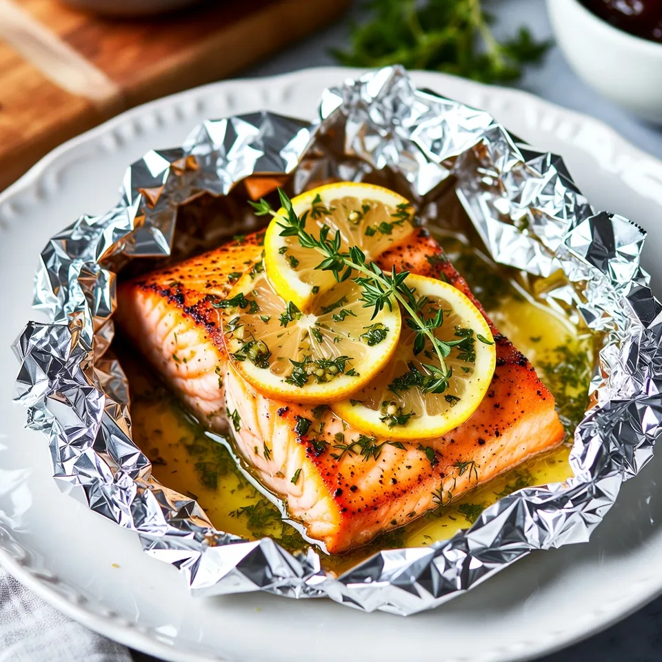 - 4 salmon fillets (about 6 oz each) - 4 tablespoons unsalted butter, softened - 4 cloves garlic, minced - 2 tablespoons fresh parsley, chopped - 1 tablespoon fresh dill, chopped - 4 sprigs of fresh thyme (optional) - 1 tablespoon fresh lemon juice - 1 teaspoon lemon zest - Salt and pepper to taste - 1 lemon, sliced - Aluminum foil - Baking sheet To make Garlic Herb Butter Salmon Foil, gather these simple ingredients. First, get the salmon fillets. They should be fresh and firm for the best taste. The unsalted butter adds creaminess and richness. Minced garlic gives a wonderful aroma and flavor. Fresh herbs like parsley and dill add color and freshness. For flavor enhancers, lemon juice and zest brighten the dish. Salt and pepper enhance all the flavors. The slices of lemon on top give a pretty look and extra zing. You will need aluminum foil to wrap the salmon and keep it moist while baking. A baking sheet is essential for easy handling in the oven. By using these ingredients, you set the stage for a delightful meal. Each element plays a key role in creating a dish that bursts with flavor. Try to use fresh herbs whenever you can; they truly make a difference. {{ingredient_image_1}} 1. Preheat the oven Set your oven to 375°F (190°C). This heat will help cook the salmon well. 2. Make the garlic herb butter In a small bowl, combine 4 tablespoons of softened butter with 4 minced garlic cloves, 2 tablespoons of chopped parsley, 1 tablespoon of chopped dill, 1 tablespoon of fresh lemon juice, and 1 teaspoon of lemon zest. Season with salt and pepper to taste. Mix it all until smooth. This blend adds a rich flavor to your salmon. 1. Cut aluminum foil sheets Grab four sheets of aluminum foil, each about 12 inches long. These will hold your salmon and keep it juicy. 2. Assemble the salmon packets Place each salmon fillet in the center of the foil. Spoon a generous amount of your garlic herb butter over each fillet. Top each with lemon slices and a sprig of thyme if you like. Fold the foil edges up tightly to seal the packets. This keeps the flavors in. 1. Baking time and temperature Place the foil packets on a baking sheet. Bake them in your preheated oven for 15 to 20 minutes. The salmon should be cooked through and flake easily. 2. How to check for doneness After baking, carefully open the packets. Watch out for hot steam! Use a fork to check if the salmon flakes apart easily. If it does, it's ready to eat. To make garlic herb butter, start with softened butter. It should be creamy and easy to mix. If your butter is too hard, let it sit out for a bit. You want it to blend smoothly with the garlic and herbs. Can I use dried herbs? Yes, you can! Dried herbs work well, but they might taste less fresh. If using dried herbs, use about one-third of the amount you would with fresh herbs. This helps keep the flavor balanced. Cooking time for salmon varies with thickness. For fillets about 6 oz, bake for 15 to 20 minutes. If your fillets are thicker, add a few more minutes. Check for doneness by gently pressing with a fork. It should flake apart easily. Sealing the foil packets is key. Make sure to fold the edges tightly. This keeps moisture in and flavors sealed. A good seal helps the salmon cook evenly. For side dishes, think light and fresh. Roasted veggies, like asparagus or green beans, pair well. A simple salad with lemon vinaigrette also complements the salmon. You can serve salmon directly from the foil. It looks nice and keeps it warm. Just open the packet carefully to avoid steam. If you prefer, you can transfer the salmon to a plate for a fancier look. Enjoy your meal! Pro Tips Fresh Ingredients: Always use fresh herbs and ingredients for the best flavor. Fresh garlic and herbs have a more vibrant taste compared to dried ones. Don't Overcook: Salmon is best when it's cooked just until it flakes easily with a fork. Keep an eye on the cooking time to prevent dryness. Foil Packet Sealing: Ensure your foil packets are sealed tightly to lock in moisture and flavors. This will result in a more succulent salmon. Experiment with Flavors: Feel free to customize the garlic herb butter with other herbs or spices you enjoy, like rosemary or paprika, to create your unique twist. {{image_2}} You can change the herbs in the recipe based on the season. For spring, use fresh basil or chives. In summer, try cilantro for a bright taste. In fall, rosemary adds warmth. In winter, thyme stands strong against the cold. Adding spices can bring a new kick. A pinch of red pepper flakes adds heat. Smoked paprika offers a great depth. Experimenting with seasoning can make your salmon unique. Grilling is a fun way to cook salmon. The grill adds a smoky flavor that everyone loves. Just wrap the salmon in foil and place it on the grill. Cook on medium heat for about 10-15 minutes. Using an Instant Pot is another quick option. You can place the salmon in the pot with some water. Cook on high for about 3-5 minutes for moist and flavorful salmon. If you don’t want to use salmon, chicken works well too. Just make sure to adjust the cooking time. Boneless chicken breasts need about 20-25 minutes in the oven. Tofu can also be a great choice for a plant-based meal. Press the tofu to remove extra water. Then, marinate it in the garlic herb butter before wrapping it in foil. This way, you can adapt the recipe for different diets. Store leftover salmon in an airtight container. It helps keep the fish fresh. You can keep it in the fridge for up to three days. If you want to enjoy it later, make sure to cool it first. Always check for any off smells before eating leftovers. To freeze your salmon packs, wrap them tightly in plastic wrap. Then, place them in a freezer bag. Make sure to squeeze out as much air as possible. This will help prevent freezer burn. You can freeze salmon for up to three months. To thaw, move the salmon to the fridge overnight. For a quick thaw, place the sealed pack in cold water. Reheat in the oven or on the stove until warm. You can prep salmon for the week by making a few foil packs at once. Store them in the fridge or freezer. For quick reheating, use the oven or microwave. If using the oven, bake at 350°F (175°C) for about 10 minutes. In the microwave, heat in 30-second intervals until warm. This makes healthy meals easy and fast! Yes, you can make Garlic Herb Butter ahead of time. Mix the butter, garlic, and herbs, then store it in the fridge. It stays fresh for about a week. You can also freeze it for up to three months. Just scoop out what you need when you cook. This makes your meal prep faster and easier. Garlic Herb Butter Salmon pairs well with many sides. Here are some tasty options: - Steamed asparagus - Roasted broccoli - Garlic mashed potatoes - Quinoa salad - Rice pilaf These sides add color and flavor to your meal. They also balance the rich taste of the salmon. To check if your salmon is done, look for these signs: - The salmon should be opaque and firm. - Use a fork to test it; it should flake easily. - The internal temperature should reach 145°F (63°C). If you follow these tips, you'll serve perfectly cooked salmon every time. This post covered how to make Garlic Herb Butter Salmon. You learned about key ingredients, cooking steps, and storage tips. I shared ways to enhance flavor and variations to keep your meals exciting. Remember, using fresh herbs can greatly boost taste. Feel free to experiment with other proteins, too. Following these tips, you'll create delicious meals hassle-free. Enjoy making this dish and impressing your family! Cooking can be fun and rewarding, so keep trying new things in the kitchen.