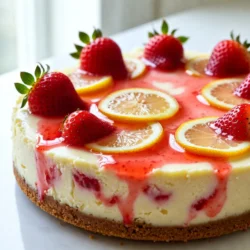 To make a delightful strawberry lemonade cheesecake, you need these fresh ingredients: - 1 ½ cups graham cracker crumbs - ½ cup unsalted butter, melted - 2 cups cream cheese, softened - 1 cup powdered sugar - 1 cup sour cream - ½ cup fresh lemon juice - Zest of 2 lemons - 1 teaspoon vanilla extract - 1 cup fresh strawberries, pureed - 2 tablespoons gelatin powder - 6 tablespoons cold water - Fresh strawberries and lemon slices for garnish These ingredients create a sweet and tangy flavor that shines through every bite. The graham cracker crumbs form a buttery crust that holds the creamy filling. The cream cheese and sour cream provide a rich texture. Fresh lemon juice and zest add that zesty brightness. Pureed strawberries give the cheesecake its lovely pink hue, making it visually appealing. Don't forget the gelatin, which helps the cheesecake set perfectly. Finally, garnishing with fresh strawberries and lemon slices makes your dessert stunning and inviting. {{ingredient_image_1}} - In a bowl, mix 1 ½ cups of graham cracker crumbs with ½ cup of melted unsalted butter. - Press the mixture firmly into the bottom of a 9-inch springform pan. - Chill the crust in the fridge while you prepare the filling. - In a small bowl, sprinkle 2 tablespoons of gelatin powder over 6 tablespoons of cold water. - Let it sit for about 5 minutes. This step helps the gelatin absorb the water and soften. - In a large bowl, beat 2 cups of softened cream cheese with 1 cup of powdered sugar until smooth. - Next, add 1 cup of sour cream, ½ cup of fresh lemon juice, the zest of 2 lemons, and 1 teaspoon of vanilla extract. Mix until all is well blended. - Carefully fold in 1 cup of pureed fresh strawberries into the cheesecake filling. Mix until fully combined. - Heat the bloomed gelatin in the microwave for 10-15 seconds until it is fully dissolved. - Slowly stir the melted gelatin into the cheesecake mixture, making sure it is well mixed. - Pour the cheesecake batter over the chilled crust. Smooth the top with a spatula. - Cover with plastic wrap and refrigerate for at least 4 hours, or overnight for best results. - When set, remove the sides of the springform pan. Garnish with fresh strawberries and lemon slices before serving. To get a smooth filling, use room temperature ingredients. Cold cream cheese can cause lumps. Let it sit out for about 30 minutes before mixing. Beat the cream cheese and powdered sugar well. This ensures a creamy blend without any bumps. You can add more flavor by mixing in lemon zest or vanilla. If you want a sweeter cheesecake, adjust the powdered sugar. Start with less, then taste and add more as needed. This way, you can find the perfect balance for your taste buds. Garnish your cheesecake with fresh strawberries and lemon slices. This adds color and makes it look inviting. You might also try whipped cream for extra fluffiness. Serve each slice on a colorful plate to brighten up your table. Pro Tips Use Fresh Ingredients: Fresh strawberries and lemons will enhance the flavor of your cheesecake, making it taste bright and vibrant. Chill the Cheesecake Properly: Allow the cheesecake to set for at least four hours, but overnight is ideal for the best texture and flavor. Soften Cream Cheese: Ensure your cream cheese is at room temperature to achieve a smooth and creamy filling without lumps. Garnish Just Before Serving: Add fresh strawberries and lemon slices right before serving to keep them looking fresh and appealing. {{image_2}} You can skip the oven for a no-bake version. For this, use the same ingredients. Instead of baking, chill the crust and filling. Use the same graham cracker crumbs and butter. Just mix the filling and pour it over the crust. Refrigerate for at least 6 hours, or overnight, to let it set. To make this cheesecake gluten-free, swap out the graham cracker crust. Use gluten-free cookies, like almond or rice crackers, instead. Crush them and mix with melted butter. This will give your cheesecake a nice base without gluten. You can switch up the flavors by using different fruits. Try blueberries, raspberries, or even oranges. Each fruit brings its own unique taste. For a citrus twist, you can add lime juice or zest. Just keep the same amounts as the strawberries. Choose your favorite fruit and enjoy a new take on this cheesecake! To keep your cheesecake fresh, store any leftovers in the fridge. Use an airtight container or cover the cheesecake with plastic wrap. This will help keep it moist and tasty. The cheesecake stays fresh for up to five days in the fridge. After that, it may lose its flavor and texture. If you want to enjoy your cheesecake later, you can freeze it. First, allow the cheesecake to cool completely in the fridge. Then, slice it into individual pieces. Wrap each piece in plastic wrap, then place them in a freezer bag. This keeps them safe from freezer burn. You can freeze the cheesecake for up to three months. When you’re ready to eat it, take it out of the freezer. Let it thaw in the fridge for several hours or overnight. This way, it stays creamy and delicious. Enjoy your tasty strawberry lemonade cheesecake even after a few months! You can make this cheesecake a day ahead. Just follow the recipe and chill it overnight. This allows the flavors to blend well. It will taste even better the next day. Yes, you can use low-fat cream cheese. It will change the texture slightly, but it still works. Just make sure it’s softened, so it blends well. If you don’t have gelatin, use agar-agar as a substitute. Use the same amount of agar-agar. It gives a similar set to the cheesecake. The cheesecake needs to chill for at least 4 hours. For best results, let it set overnight. This helps it firm up nicely. Absolutely! This cheesecake is a fantastic treat for parties. It looks beautiful and tastes great. Your guests will love it! This blog post covered every step to make a no-bake strawberry lemonade cheesecake. We explored ingredients, preparation, and storage tips to help you succeed. I shared variations for different diets and flavor ideas to enhance your dessert. Remember, using room temperature ingredients makes a smoother filling. With the right techniques, you can impress friends and family with this tasty treat. Enjoy creating your cheesecake masterpiece!
