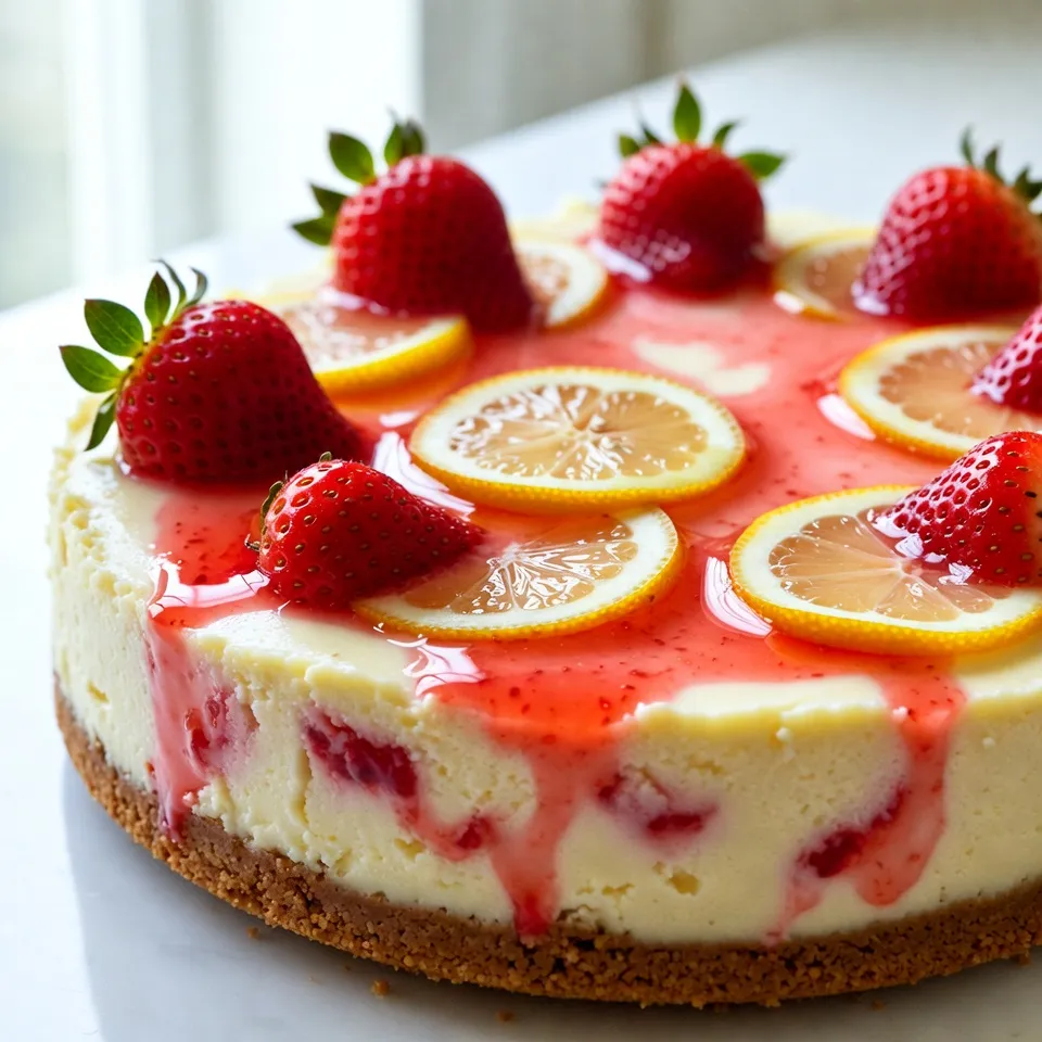 To make a delightful strawberry lemonade cheesecake, you need these fresh ingredients: - 1 ½ cups graham cracker crumbs - ½ cup unsalted butter, melted - 2 cups cream cheese, softened - 1 cup powdered sugar - 1 cup sour cream - ½ cup fresh lemon juice - Zest of 2 lemons - 1 teaspoon vanilla extract - 1 cup fresh strawberries, pureed - 2 tablespoons gelatin powder - 6 tablespoons cold water - Fresh strawberries and lemon slices for garnish These ingredients create a sweet and tangy flavor that shines through every bite. The graham cracker crumbs form a buttery crust that holds the creamy filling. The cream cheese and sour cream provide a rich texture. Fresh lemon juice and zest add that zesty brightness. Pureed strawberries give the cheesecake its lovely pink hue, making it visually appealing. Don't forget the gelatin, which helps the cheesecake set perfectly. Finally, garnishing with fresh strawberries and lemon slices makes your dessert stunning and inviting. {{ingredient_image_1}} - In a bowl, mix 1 ½ cups of graham cracker crumbs with ½ cup of melted unsalted butter. - Press the mixture firmly into the bottom of a 9-inch springform pan. - Chill the crust in the fridge while you prepare the filling. - In a small bowl, sprinkle 2 tablespoons of gelatin powder over 6 tablespoons of cold water. - Let it sit for about 5 minutes. This step helps the gelatin absorb the water and soften. - In a large bowl, beat 2 cups of softened cream cheese with 1 cup of powdered sugar until smooth. - Next, add 1 cup of sour cream, ½ cup of fresh lemon juice, the zest of 2 lemons, and 1 teaspoon of vanilla extract. Mix until all is well blended. - Carefully fold in 1 cup of pureed fresh strawberries into the cheesecake filling. Mix until fully combined. - Heat the bloomed gelatin in the microwave for 10-15 seconds until it is fully dissolved. - Slowly stir the melted gelatin into the cheesecake mixture, making sure it is well mixed. - Pour the cheesecake batter over the chilled crust. Smooth the top with a spatula. - Cover with plastic wrap and refrigerate for at least 4 hours, or overnight for best results. - When set, remove the sides of the springform pan. Garnish with fresh strawberries and lemon slices before serving. To get a smooth filling, use room temperature ingredients. Cold cream cheese can cause lumps. Let it sit out for about 30 minutes before mixing. Beat the cream cheese and powdered sugar well. This ensures a creamy blend without any bumps. You can add more flavor by mixing in lemon zest or vanilla. If you want a sweeter cheesecake, adjust the powdered sugar. Start with less, then taste and add more as needed. This way, you can find the perfect balance for your taste buds. Garnish your cheesecake with fresh strawberries and lemon slices. This adds color and makes it look inviting. You might also try whipped cream for extra fluffiness. Serve each slice on a colorful plate to brighten up your table. Pro Tips Use Fresh Ingredients: Fresh strawberries and lemons will enhance the flavor of your cheesecake, making it taste bright and vibrant. Chill the Cheesecake Properly: Allow the cheesecake to set for at least four hours, but overnight is ideal for the best texture and flavor. Soften Cream Cheese: Ensure your cream cheese is at room temperature to achieve a smooth and creamy filling without lumps. Garnish Just Before Serving: Add fresh strawberries and lemon slices right before serving to keep them looking fresh and appealing. {{image_2}} You can skip the oven for a no-bake version. For this, use the same ingredients. Instead of baking, chill the crust and filling. Use the same graham cracker crumbs and butter. Just mix the filling and pour it over the crust. Refrigerate for at least 6 hours, or overnight, to let it set. To make this cheesecake gluten-free, swap out the graham cracker crust. Use gluten-free cookies, like almond or rice crackers, instead. Crush them and mix with melted butter. This will give your cheesecake a nice base without gluten. You can switch up the flavors by using different fruits. Try blueberries, raspberries, or even oranges. Each fruit brings its own unique taste. For a citrus twist, you can add lime juice or zest. Just keep the same amounts as the strawberries. Choose your favorite fruit and enjoy a new take on this cheesecake! To keep your cheesecake fresh, store any leftovers in the fridge. Use an airtight container or cover the cheesecake with plastic wrap. This will help keep it moist and tasty. The cheesecake stays fresh for up to five days in the fridge. After that, it may lose its flavor and texture. If you want to enjoy your cheesecake later, you can freeze it. First, allow the cheesecake to cool completely in the fridge. Then, slice it into individual pieces. Wrap each piece in plastic wrap, then place them in a freezer bag. This keeps them safe from freezer burn. You can freeze the cheesecake for up to three months. When you’re ready to eat it, take it out of the freezer. Let it thaw in the fridge for several hours or overnight. This way, it stays creamy and delicious. Enjoy your tasty strawberry lemonade cheesecake even after a few months! You can make this cheesecake a day ahead. Just follow the recipe and chill it overnight. This allows the flavors to blend well. It will taste even better the next day. Yes, you can use low-fat cream cheese. It will change the texture slightly, but it still works. Just make sure it’s softened, so it blends well. If you don’t have gelatin, use agar-agar as a substitute. Use the same amount of agar-agar. It gives a similar set to the cheesecake. The cheesecake needs to chill for at least 4 hours. For best results, let it set overnight. This helps it firm up nicely. Absolutely! This cheesecake is a fantastic treat for parties. It looks beautiful and tastes great. Your guests will love it! This blog post covered every step to make a no-bake strawberry lemonade cheesecake. We explored ingredients, preparation, and storage tips to help you succeed. I shared variations for different diets and flavor ideas to enhance your dessert. Remember, using room temperature ingredients makes a smoother filling. With the right techniques, you can impress friends and family with this tasty treat. Enjoy creating your cheesecake masterpiece!