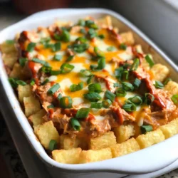 To make Buffalo Chicken Tater Tot Casserole, you need simple, tasty ingredients. Here’s what you'll need: - 2 cups shredded cooked chicken - 1 cup buffalo sauce (mild to medium heat) - 1 cup ranch dressing - 1 cup shredded cheddar cheese - 1 cup shredded mozzarella cheese - 2 cups tater tots (frozen) - 1/2 cup diced celery - 1/2 cup diced green onions - Salt and pepper to taste - Optional: a drizzle of extra buffalo sauce for serving These ingredients come together to create a flavorful, hearty meal. The shredded chicken gives protein, and the buffalo sauce adds spice. Ranch dressing balances the heat, while cheese adds creaminess. Tater tots provide fun texture, making every bite delightful. Don’t forget the fresh veggies like celery and green onions for added crunch and color. You can even adjust the spice level with different buffalo sauce options. Enjoy creating this dish with these easy-to-find ingredients! {{ingredient_image_1}} - Preheating the oven: Start by preheating your oven to 400°F (200°C). This step is key for crispy tater tots. - Preparing the buffalo chicken mixture: In a large bowl, mix 2 cups of shredded cooked chicken with 1 cup of buffalo sauce. Add 1 cup of ranch dressing and stir well. Toss in 1/2 cup of diced celery, and season with salt and pepper. Make sure everything is well combined. - Layering the casserole: Grease a 9x13 inch casserole dish. Spread half of the 2 cups of frozen tater tots evenly on the bottom. Pour the buffalo chicken mixture over the tater tots, making sure it covers them. Sprinkle half of the shredded cheddar and mozzarella cheese on top. Layer the remaining tater tots over the cheese, and finish by adding the rest of the cheddar and mozzarella. - Baking process: Bake the casserole in the preheated oven for 25 to 30 minutes. Look for golden brown tater tots and melted cheese as signs that it’s ready. - Cooling and serving suggestions: Once baked, let the casserole cool for about 5 minutes. This helps the layers set a bit. - Garnishing options: Before serving, garnish the dish with diced green onions. If you like heat, drizzle some extra buffalo sauce on top. This adds a nice kick! How do you achieve the perfect tater tot crispiness? Start by spreading the tater tots evenly in the dish. This helps them cook uniformly. When layering, make sure to leave space between the tots. This allows hot air to circulate, making them crispy. Bake at 400°F for 25-30 minutes, until golden brown. What are the best practices for mixing ingredients? Use a large bowl for the buffalo chicken mixture. Combine shredded chicken, buffalo sauce, ranch dressing, diced celery, salt, and pepper. Stir gently but well, so all flavors mix together. Avoid over-mixing, which can break down the chicken. What are some complementary side dishes? A crisp salad pairs well with this casserole. You might also serve carrot sticks or celery sticks with ranch dressing. These sides balance the richness of the casserole and add crunch. What are the ideal dips and sauces? Extra buffalo sauce makes a great drizzle on top. You could also serve ranch dressing or blue cheese dressing on the side. These dips enhance the flavors and provide a creamy contrast. Pro Tips Use Rotisserie Chicken: For quicker prep, use store-bought rotisserie chicken. It’s flavorful and saves time! Adjust the Heat: Customize the heat level by choosing a buffalo sauce that matches your spice tolerance. You can also add jalapeños for extra kick! Make it Cheesy: Feel free to mix different types of cheese for a richer flavor. Pepper jack or gouda can add a delicious twist! Garnish for Freshness: Adding fresh herbs like parsley or cilantro can brighten up the dish and add a pop of color. {{image_2}} You can change the protein in this dish. Turkey or canned chicken works great. Both provide good taste and texture. If you want a vegan option, use plant-based chicken. It will mimic the texture well. You can also switch up the sauces. Try blue cheese dressing for a different twist. A yogurt-based dressing can also lighten the dish. Just pick what suits your taste. Want more heat? Add cayenne pepper or crushed red pepper flakes. You can mix this into the buffalo sauce for a spicy kick. This small change can make a big difference. Adding extra vegetables is another great option. Diced bell peppers or carrots give a nice crunch. You can even sneak in some spinach for added nutrition. Just mix them into the chicken mixture. To keep your Buffalo Chicken Tater Tot Casserole fresh, follow these steps: - Best practices for refrigeration: Once cool, cover the casserole tightly with plastic wrap or aluminum foil. Place it in the fridge. It will last for about 3 to 4 days. - Freezing instructions: If you want to freeze it, cut the casserole into portions. Wrap each piece in plastic wrap, then place in a freezer-safe bag. It can last up to 3 months in the freezer. When you're ready to enjoy the leftovers, reheating properly is key: - How to reheat for best texture: Use the oven for the best results. Preheat to 350°F (175°C). Place the casserole in an oven-safe dish and cover with foil. Heat for about 20 to 25 minutes until warmed through. - Recommended cooking methods: You can also use a microwave if you're in a hurry. Heat in short bursts, stirring in between. This method may not keep the crispy texture of the tater tots, but it works in a pinch. Yes, you can prepare this casserole ahead of time. Just follow the recipe but stop before baking. Cover it and store it in the fridge. Bake it when you're ready, adding a few extra minutes if needed. This dish pairs well with simple sides. Try a fresh salad or some crunchy veggies. You could also serve it with extra ranch or blue cheese dressing for dipping. To make it spicier, use a hotter buffalo sauce or add chopped jalapeños. For a milder flavor, choose a milder buffalo sauce or reduce the amount you use. Shredded cooked chicken works best. You can use rotisserie chicken for ease. It saves time and adds great flavor. You can also use grilled or baked chicken breast. Using fresh tater tots is not recommended. Frozen tater tots give the best texture in this casserole. They crisp up nicely during baking, giving that perfect crunch. You have everything you need to create a tasty Buffalo Chicken Tater Tot Casserole. We've covered ingredients, step-by-step instructions, and helpful tips to make this dish shine. You can customize it to suit your tastes, whether you want more heat or different veggies. Don’t forget about storage methods and reheating tips for those leftovers. This dish is perfect for gatherings and is sure to please everyone. Dive in and enjoy your delicious creation!