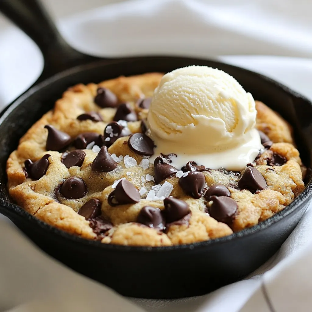 To make a delicious Chocolate Chip Cookie Skillet, gather these simple ingredients: - 1 cup (2 sticks) unsalted butter, melted - 1 cup brown sugar, packed - 1/2 cup granulated sugar - 2 large eggs - 2 teaspoons vanilla extract - 3 cups all-purpose flour - 1 teaspoon baking soda - 1 teaspoon salt - 2 cups chocolate chips (semi-sweet or dark) - 1/2 cup chopped nuts (optional) - Sea salt flakes for topping Each ingredient plays a key role in flavor and texture. The melted butter gives richness and helps create that soft, gooey center we love. Brown sugar adds moisture and a deep flavor, while granulated sugar adds a little crunch. Eggs bind the mix, making it nice and chewy. The flour provides structure to the cookie. Baking soda helps it rise and become fluffy. Salt enhances all the sweet flavors, while chocolate chips add that classic taste. If you like nuts, they will add a nice crunch. Finally, sea salt flakes on top give a sweet and salty finish. This list is all you need to create your warm, gooey dessert. {{ingredient_image_1}} 1. Preheat the oven and prepare ingredients: Start by preheating your oven to 350°F (175°C). This step is key for even baking later. Gather all your ingredients on the counter. Having everything ready makes the process smooth and fun. 2. Mix wet ingredients: In a large bowl, whisk together 1 cup of melted butter, 1 cup of brown sugar, and 1/2 cup of granulated sugar. Mix until the mixture is smooth and creamy. Next, add 2 large eggs, one at a time. Stir well after each addition. Then, mix in 2 teaspoons of vanilla extract to give your dough a lovely flavor. 3. Combine dry ingredients: In a separate bowl, whisk together 3 cups of all-purpose flour, 1 teaspoon of baking soda, and 1 teaspoon of salt. It’s important to combine these dry ingredients well. This helps the baking soda work evenly in the dough. 1. Fold in chocolate chips and nuts: Gradually add the dry mixture to the wet ingredients. Stir gently until just combined. Now, it’s time to fold in 2 cups of chocolate chips. If you like, add 1/2 cup of chopped nuts for some crunch. Make sure everything is evenly mixed. 2. Spread dough in skillet: Grease a large, oven-safe skillet with butter or non-stick spray. Spread the dough evenly into the skillet. Use a spatula to smooth out the top. This helps it bake nicely. 1. Baking time and visual cues for doneness: Place the skillet in your preheated oven. Bake for about 25-30 minutes. Look for the edges to turn lightly golden. The center should be set but still look gooey. If it seems too soft, give it a few more minutes. You want that perfect melt-in-your-mouth texture. Once done, let it cool for a few minutes before serving. Enjoy the warm, gooey goodness! To get a great texture, avoid overmixing the dough. Mix just until the dry and wet ingredients blend. This keeps your cookies light and chewy. If you mix too long, the dough becomes tough. Adjusting the baking time helps you find your perfect cookie. For a gooey center, bake for about 25 minutes. If you like crispier edges, let it bake closer to 30 minutes. Check the edges; they should be light golden when done. Toppings can make your cookie skillet even better. Try adding extra chocolate chips on top before baking. A sprinkle of sea salt flakes adds a nice touch. You can also mix in some nuts for crunch. Serve your warm cookie with a scoop of vanilla ice cream. Drizzle melted chocolate or caramel on top for extra flavor. This makes a simple dessert feel special. Enjoy this treat with friends or family! Pro Tips Use Room Temperature Eggs: Using eggs that are at room temperature helps to create a smoother batter and improve the final texture of your cookies. Don’t Overmix the Dough: Once you combine the wet and dry ingredients, mix just until combined. Overmixing can lead to tough cookies. Check for Doneness: The cookie skillet should be slightly underbaked in the center for a gooey texture. It will continue to set as it cools. Experiment with Mix-Ins: Feel free to customize your cookie skillet by adding different types of chocolate, dried fruits, or even spices for a unique twist. {{image_2}} You can take your cookie skillet to the next level! Try using different types of chocolate. You can mix semi-sweet and dark chocolate chips for a richer taste. Or, go bold and add white chocolate chips for a fun twist. Also, experiment with spices to add depth. A pinch of cinnamon can create warmth in each bite. If you love coffee, add a touch of espresso powder to boost the flavor. These small changes can make your dessert feel special and unique. If you need gluten-free options, swap all-purpose flour for a gluten-free blend. Make sure the blend includes xanthan gum for a good texture. For those following a vegan diet, replace the butter with coconut oil or a vegan butter substitute. Use flax eggs instead of regular eggs. To make a flax egg, mix one tablespoon of ground flaxseed with three tablespoons of water. Let it sit for five minutes to thicken. These changes keep the cookie delicious and friendly for everyone. To keep your chocolate chip cookie skillet fresh, follow these tips: - Cool completely: Let the cookie cool at room temperature before storing. - Use an airtight container: This keeps moisture out and helps maintain texture. - Refrigerate: If you have leftovers, store them in the fridge. They can last up to one week. - Cover with plastic wrap: If you don't have a container, wrap the skillet tightly in plastic. Reheating your cookie skillet helps restore its warm, gooey goodness. Here’s how: - Use the oven: Preheat your oven to 350°F (175°C). Place the skillet inside for about 10 minutes. - Microwave option: You can heat individual slices in the microwave for about 20-30 seconds. This makes them warm and soft. - Add a scoop of ice cream: When reheating, top with a scoop of ice cream for a melty treat. This method keeps the cookie's texture just right and brings back that fresh-baked taste. Can I use margarine instead of butter? Yes, you can use margarine. It will change the flavor a bit. Butter gives a richer taste. If you use margarine, choose a good quality one for the best results. How do I know when the cookie is done baking? Look for golden edges and set center. The center should still be a bit soft. It will continue to cook after you take it out. Can I make the dough ahead of time? Yes! You can mix the dough and keep it in the fridge. Just cover it well. Use it within two days for the best taste. Is it possible to freeze the cookie skillet? Absolutely! You can freeze the baked cookie. Just let it cool first. Wrap it well in plastic wrap and foil. It can last for up to three months in the freezer. This blog post covered how to make a chocolate chip cookie skillet. We looked at the key ingredients, step-by-step instructions, and helpful tips to achieve the best texture. We also explored fun variations and storage tips. Now you have all you need to bake a delicious treat. Enjoy making it your own, and don’t forget to share your creations! Happy baking!