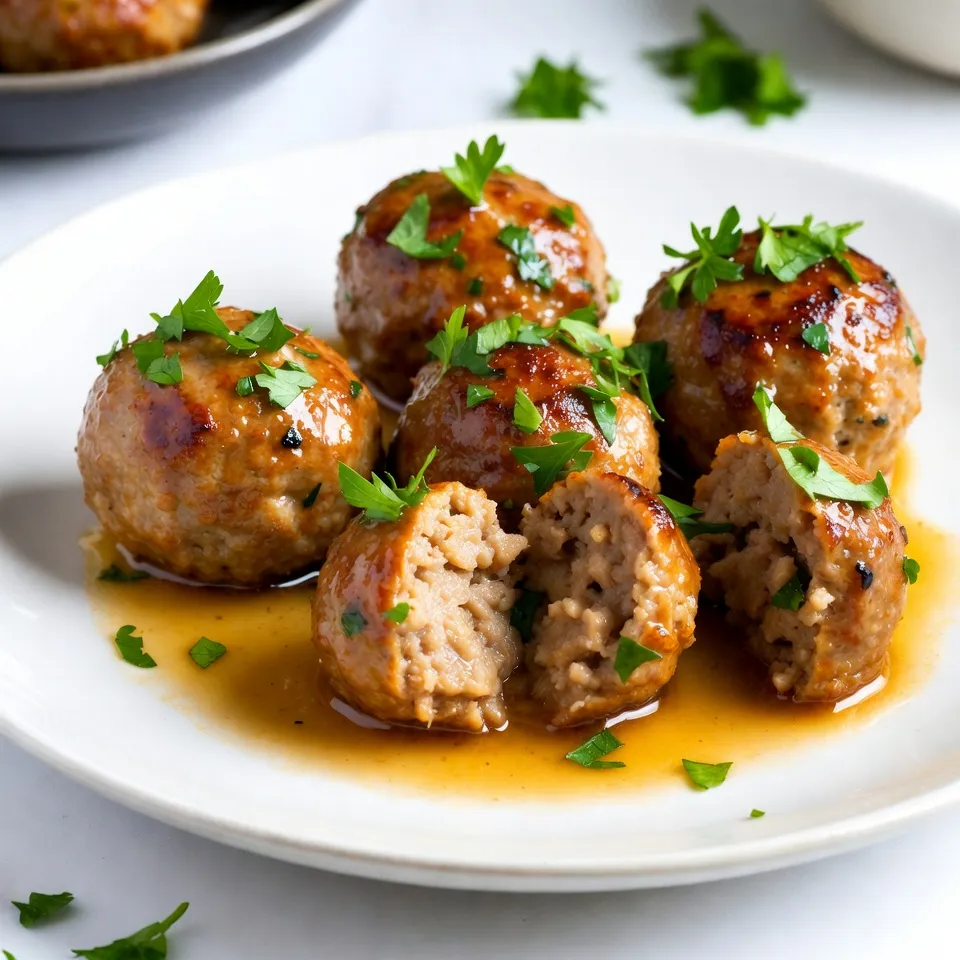 - 1 pound ground turkey - 1/2 cup breadcrumbs (preferably panko) - 1/4 cup grated Parmesan cheese - 2 cloves garlic, minced - 1 tablespoon fresh parsley, chopped - 1 teaspoon onion powder - 1/2 teaspoon salt - 1/4 teaspoon black pepper - 4 tablespoons unsalted butter - 1 tablespoon olive oil - 1 tablespoon fresh lemon juice - Zest of 1 lemon (optional) Gathering the right ingredients is key to making amazing garlic butter turkey meatballs. First, we need ground turkey. It is lean and packed with protein. Next, breadcrumbs, especially panko, add great texture. Parmesan cheese brings a rich, salty flavor. Minced garlic will give us that lovely aroma. For seasonings, fresh parsley adds color and taste. Onion powder boosts the flavor base nicely. Salt and black pepper are crucial for seasoning the meatballs. If you want to enhance the dish, you can add butter and olive oil. These fats create a rich sauce. Lemon juice and zest add a touch of brightness. They help balance the flavors. Each ingredient plays an important role. Choose fresh and high-quality items for the best taste. You’ll find that these meatballs are easy to make and full of flavor! {{ingredient_image_1}} First, preheat your oven to 400°F (200°C). This helps cook the meatballs evenly. While the oven heats, take a large bowl. In that bowl, mix the following ingredients: - 1 pound ground turkey - 1/2 cup breadcrumbs (preferably panko) - 1/4 cup grated Parmesan cheese - 2 cloves garlic, minced - 1 tablespoon fresh parsley, chopped - 1 teaspoon onion powder - 1/2 teaspoon salt - 1/4 teaspoon black pepper - 1 large egg Use your hands to blend everything well. Make sure all the ingredients are fully mixed. The mixture should feel moist but firm. Now, it's time to shape the mixture. Take a handful of the mixture and roll it into a ball. Aim for about the size of a golf ball, around 1.5 inches wide. Place each meatball on a baking sheet lined with parchment paper. This helps prevent sticking and makes cleanup easy. Once your meatballs are ready, slide the baking sheet into the preheated oven. Bake them for 20-25 minutes. You want them to reach an internal temperature of 165°F (74°C). To check, use a meat thermometer in the center of a meatball. This ensures they are safe and juicy. When done, the meatballs should be golden brown and fragrant. To make your meatballs cook evenly, keep them the same size. Aim for about 1.5 inches in diameter. This size helps them bake and brown nicely. Use a cookie scoop or your hands to ensure they are uniform. To keep your meatballs moist, do not overmix the meat. Mixing just until combined helps maintain a tender texture. Adding breadcrumbs and cheese also traps moisture. These ingredients soak up juices and keep the meatballs soft. Spices and herbs can take your meatballs to the next level. I love adding dried oregano or basil for extra zest. Fresh herbs like thyme or rosemary also add depth and warmth. Always use fresh garlic for the best flavor. Fresh ingredients can make a big difference in taste. The skillet method is great for finishing your meatballs. After baking, sear them in a skillet with butter. This step adds a nice crust and rich flavor. For a rich butter sauce, let the butter melt slowly in the skillet. Add lemon juice and zest for brightness. Toss the meatballs gently to coat them well. This final touch makes them extra tasty. Pro Tips Use Lean Turkey: Opt for lean ground turkey to keep the meatballs moist while reducing excess fat content. Chill the Mixture: Chilling the meatball mixture for about 30 minutes before forming them can help them hold their shape better while cooking. Experiment with Herbs: Feel free to substitute or add different herbs like thyme or oregano for a unique flavor profile in your meatballs. Check Doneness: Always use a meat thermometer to ensure the meatballs reach an internal temperature of 165°F (74°C) for safe consumption. {{image_2}} You can swap ground turkey for chicken or beef. Each option gives a different taste and texture. Chicken will be lighter, while beef adds richness. You can also try using gluten-free breadcrumbs. They work well if you want a gluten-free dish. Just ensure they bind the meatballs properly. To jazz up your meatballs, add different herbs or spices. Basil, oregano, or thyme can really elevate the taste. You can also experiment with cheese varieties. Try mozzarella for a gooey texture or feta for a salty kick. These changes keep the dish exciting and new. You can cook meatballs in different ways. Baking them in the oven gives a great, crispy texture. On the stovetop, you can sear them for a nice crust. A slow cooker is another option for easy cooking. Just let them simmer in a sauce for a while. Each method brings out unique flavors and textures. To store leftovers, place your meatballs in an airtight container. This keeps them fresh and moist. You can also add a bit of the garlic butter sauce to keep the meatballs flavorful. For the best taste, eat them within three to four days. To freeze meatballs, let them cool completely first. Then, arrange them in a single layer on a baking sheet and freeze for about an hour. Once frozen, transfer them to a freezer bag. This method prevents them from sticking together. You can keep frozen meatballs for up to three months. When you’re ready to eat them, thaw in the fridge overnight. Reheat in a skillet over medium heat for about 10 minutes or until warm. Garlic butter turkey meatballs pair well with many sides. Try serving them with pasta, rice, or a fresh salad. You can also add a side of garlic bread for extra flavor. For a fun twist, place meatballs in a sub roll and top with cheese for a meatball sandwich. Enjoy experimenting with different ideas! Cook garlic butter turkey meatballs for 20 to 25 minutes at 400°F (200°C). This baking time helps the meatballs cook evenly. Always check their internal temperature. Use a meat thermometer to ensure they reach 165°F (74°C). This temperature keeps your meatballs safe to eat. Yes, you can use ground turkey breast. It is leaner than regular ground turkey. This switch changes the texture and flavor. Ground turkey breast yields a lighter taste and may be less juicy. If you prefer a richer flavor, regular ground turkey works well. Garlic butter turkey meatballs pair well with many side dishes. Here are some ideas: - Pasta: Toss them with spaghetti and marinara sauce. - Rice: Serve over fluffy white or brown rice. - Vegetables: Roasted broccoli or steamed green beans add color and nutrition. - Salad: A fresh green salad balances the rich flavors. - Sauces: Try a tangy lemon sauce or a creamy garlic sauce for extra flavor. These options help create a complete meal that everyone will love! In this article, we explored how to make garlic butter turkey meatballs. You learned about the key ingredients like ground turkey, breadcrumbs, and fresh herbs. We covered step-by-step instructions from mixing to baking, ensuring perfect flavor and texture. Remember, you can personalize the recipe with different meats and spices. Enhancing flavors or choosing alternative cooking methods can make your meatballs shine. Lastly, with proper storage, these tasty bites can last for future meals. Enjoy making this dish your own!