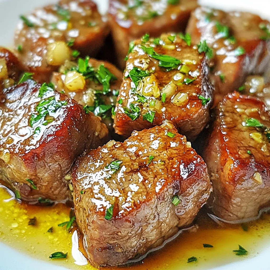 - 1 lb sirloin steak, cut into 1-inch cubes - 3 tablespoons honey - 4 tablespoons butter, divided - 4 cloves garlic, minced The star of this dish is the sirloin steak. It has a nice balance of flavor and tenderness. Next, we add honey for sweetness, which pairs well with the savory steak. Butter brings richness to the sauce and enhances the overall taste. Garlic gives the dish a bold flavor that you will love. - 1 tablespoon soy sauce (low sodium) - 1 teaspoon black pepper - Salt to taste - Fresh parsley, chopped (for garnish) For seasoning, we use soy sauce to add umami and depth. Black pepper and salt bring out the steak's natural flavors. Fresh parsley is not just for looks; it adds a fresh touch and brightens the plate. {{ingredient_image_1}} First, pat the steak dry using a paper towel. This step helps the steak sear better. Next, sprinkle salt and black pepper on the steak cubes. Make sure they are coated evenly. In a large bowl, mix honey, minced garlic, and soy sauce. Add the seasoned steak bites to the bowl. Toss them well to coat every piece. Let the steak marinate for about 15 minutes. This step helps to infuse flavor. Heat 2 tablespoons of butter in a large skillet over medium-high heat. Wait until the butter melts and starts to sizzle. Then, add the marinated steak bites in a single layer. Sear the steak for 2 to 3 minutes on each side. This will create a nice brown crust. If your skillet is small, cook in batches to avoid overcrowding. Once the steak bites are browned, reduce the heat to medium. Pour the remaining marinade into the skillet. Cook for another 1 to 2 minutes. This will allow the sauce to thicken slightly. Remove the skillet from heat. Stir in the remaining 2 tablespoons of butter until it melts. This extra butter adds richness to your sauce. Now, it’s time to serve! Garnish your steak bites with freshly chopped parsley. This adds a pop of color and freshness to your dish. Marinating makes a big difference in flavor. It helps the steak absorb the sweet and savory notes. I recommend letting your steak marinate for at least 15 minutes. This short time is enough to enhance the taste without making the meat mushy. When cooking steak bites, avoid overcrowding the skillet. If you add too many pieces at once, they will steam instead of sear. This prevents the nice brown crust from forming. Cook in batches for the best results. Use a heavy skillet like cast iron or stainless steel. These types of pans hold heat well and give great results. They help you get that perfect sear on the steak bites. Control the heat during cooking. Start with medium-high heat to sear, then reduce it to medium when adding the marinade. This helps the sauce thicken nicely without burning. If you want to change up the sweetness, try maple syrup or agave nectar. Both can replace honey in the recipe. They add their own unique flavors. For extra flavor, consider adding red pepper flakes, ginger, or lime juice. These add-ins can take your dish to a new level. Feel free to experiment and find your favorite twist! Pro Tips Choose the Right Cut: Opt for sirloin or tenderloin as they are tender and flavorful, perfect for quick cooking. Pat the Steak Dry: Ensuring the steak is dry before seasoning helps achieve a better sear and crust. Don't Overcrowd the Pan: Cook in batches if necessary to allow proper browning and caramelization of the steak bites. Let it Rest: Allow the steak bites to rest for a few minutes after cooking to help retain their juices. {{image_2}} You can switch the steak for chicken or shrimp. Both options work well with honey garlic butter. - Chicken: Use boneless chicken thighs, cut into cubes. Marinate and cook as you would with steak. The result is juicy bites full of flavor. - Shrimp: Use large shrimp and skip the marinating step. Cook them quickly in the butter and garlic mix for a tasty twist. For a vegetarian option, try tofu or tempeh. Press the tofu to remove water and cut it into cubes. Marinate it just like the steak. Sear until golden for a delightful meal. You can mix up the honey garlic butter for fun flavors. - Spicy Honey Garlic Butter: Add red pepper flakes or sriracha for some heat. This variation gives the dish a nice kick. - Herbed Variations: Incorporate fresh thyme or rosemary into the butter. These herbs add a lovely aroma and depth to the dish. Feel free to get creative with your flavors! Pair your honey garlic butter steak bites with delicious sides. - Rice or Vegetables: Serve with fluffy rice or sautéed veggies for a balanced meal. They soak up the sauce well. - Creative Serving Ideas: For parties, serve the steak bites on skewers. This makes them easy to grab and share. You can also make a tasty slider by placing the steak bites in small buns. Add some slaw for crunch and flavor. Enjoy! After you enjoy the honey garlic butter steak bites, store any extras in the fridge. Place them in an airtight container. This keeps the flavors fresh and prevents drying out. Try to use glass or BPA-free plastic containers for best results. You can freeze these steak bites for later. First, allow them to cool completely. Then, put them in a freezer-safe bag or container. Remove as much air as possible to avoid freezer burn. To thaw, place them in the fridge overnight. Reheat in a skillet over low heat to keep them tender and juicy. In the fridge, your steak bites will last about 3 to 4 days. If you freeze them, they can last up to 3 months. Always check for any off smells or changes in color before eating. Enjoy your tasty bites at their best! Check the internal temperature. For medium-rare, aim for 130°F to 135°F. For medium, look for 140°F to 145°F. You can also use visual cues. Look for a rich brown crust on the outside. The inside should still be pink for medium-rare. If the meat is gray all the way through, it is overcooked. Yes, you can make the sauce ahead of time. Combine honey, garlic, and soy sauce in a bowl. Store it in the fridge for up to three days. When ready to use, just heat it in a skillet. Add the butter and let it melt before adding the steak bites. This saves time on busy days. Several sides go well with these steak bites. Popular choices include rice, mashed potatoes, and steamed veggies. For a complete meal, serve with a fresh salad. A crisp green salad adds a nice crunch. You can also add some garlic bread for extra flavor and texture. You've learned how to make delicious honey garlic butter steak bites. We covered key ingredients, cooking techniques, and storage tips. Remember to marinate for the best taste and sear the steak just right. Try variations with different proteins and flavors to keep things exciting. With these tips, you can impress friends and family at any gathering. Enjoy your cooking adventures!